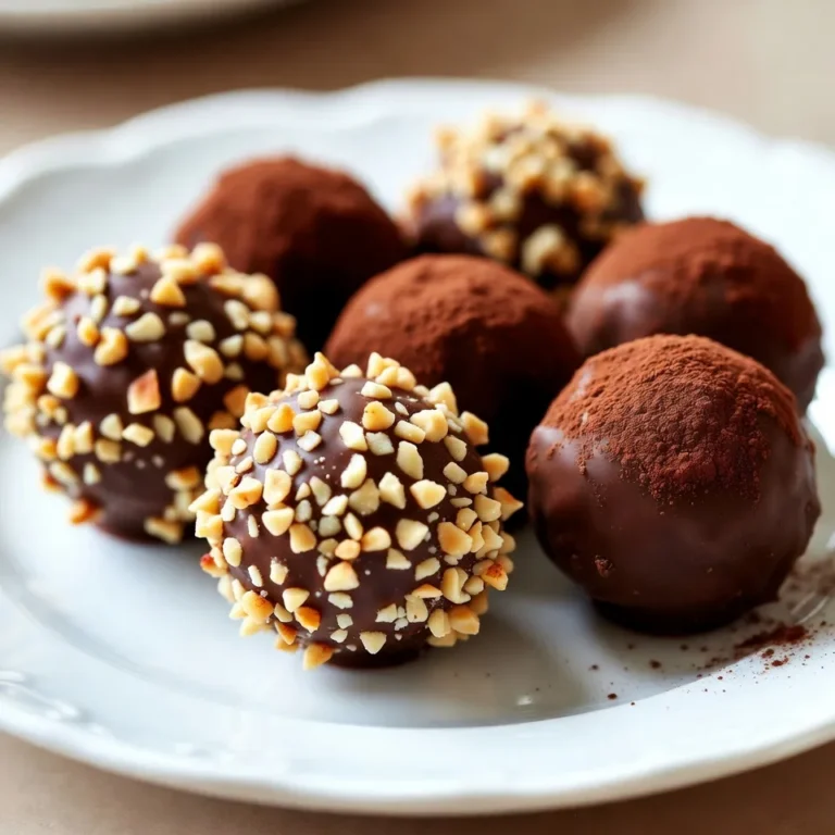 - 1 Tasse dunkle Schokoladenstückchen (70% Kakao) - 1/2 Tasse Schlagsahne - 1/4 Tasse Haselnuss-Paste - 1/2 Teelöffel Vanilleextrakt - 1 Tasse fein gehackte Haselnüsse (zum Wälzen) - Kakaopulver (optional, zum Wälzen) Für diese köstlichen Schokoladen-Haselnuss-Trüffel sind genaue Messungen wichtig. Eine Tasse ist 240 ml. Ein Teelöffel hat 5 ml. Diese Maße helfen Ihnen, die besten Trüffel zu machen. Achten Sie darauf, die Zutaten genau zu messen. So erhalten Sie die perfekte Konsistenz und den besten Geschmack. {{ingredient_image_2}} Erhitze die Schlagsahne in einem kleinen Topf. Stelle die Hitze auf mittlere Stufe. Lass die Schlagsahne simmern, aber koche sie nicht. Achte darauf, dass sie heiß ist, aber nicht kocht. Dies hilft, die Schokolade gut zu schmelzen. Nimm den Topf vom Herd. Füge die dunklen Schokoladenstückchen, die Haselnuss-Paste, den Vanilleextrakt und eine Prise Meersalz hinzu. Rühre die Mischung gut um, bis alles glatt ist. Die Schokolade muss vollständig schmelzen. So erhältst du eine cremige und leckere Ganache. Gieße die Schokoladenmischung in eine Schüssel. Decke sie mit Frischhaltefolie ab. Stelle die Schüssel für etwa zwei Stunden in den Kühlschrank. Die Mischung muss fest werden, damit du die Trüffel formen kannst. Sobald die Mischung fest ist, nimm sie aus dem Kühlschrank. Verwende einen Melonenballer oder einen kleinen Löffel, um Portionen abzunehmen. Rolle jede Portion zwischen deinen Handflächen zu kleinen Kugeln. Diese Kugeln sind die Trüffel. Wälze die Trüffel in den gehackten Haselnüssen, bis sie gut bedeckt sind. Wenn du magst, kannst du auch Kakaopulver nutzen. Um eine perfekte Trüffel zu machen, ist die Temperatur wichtig. Erhitze die Schlagsahne sanft. Sie sollte nur simmern, nicht kochen. Wenn die Schokolade schmilzt, achte darauf, dass die Mischung schön glatt wird. Eine klumpige Masse macht die Trüffel weniger lecker. Lass die Mischung im Kühlschrank ruhen. Zwei Stunden sind optimal, damit sie fest wird. Die Präsentation macht viel aus. Lege die Trüffel auf eine schöne Servierplatte. Bestäube sie leicht mit Kakaopulver oder streue gehackte Haselnüsse darüber. Frische Himbeeren bringen Farbe ins Spiel und passen gut dazu. Wenn du sie in Mini-Cupcake-Förmchen servierst, sehen sie gleich noch besser aus. Wenn die Schokolade nicht gut schmilzt, kann die Hitze zu hoch gewesen sein. Versuche es beim nächsten Mal langsamer. Wenn die Mischung zu weich ist, kühle sie länger. Bei Klumpen hilft es, die Mischung kräftig zu rühren. Wenn die Trüffel nicht rund werden, benutze nasse Hände, um die Mischung leichter zu formen. Pro Tipps Schokolade temperieren: Um eine glatte und glänzende Oberfläche zu erzielen, können Sie die Schokolade vor dem Mischen temperieren. Dies verbessert auch die Textur der Trüffel. Variationen ausprobieren: Experimentieren Sie mit verschiedenen Nüssen oder Aromen, wie z.B. Orangenschale oder Espresso, um Ihren Trüffeln eine persönliche Note zu verleihen. Die perfekte Konsistenz: Achten Sie darauf, die Ganache nicht zu lange im Kühlschrank zu lassen, damit sie nicht zu fest wird. Sie sollte formbar, aber nicht hart sein. Präsentation ist alles: Nutzen Sie schöne Behälter oder Servierplatten, um die Trüffel ansprechend zu präsentieren. Ein Hauch von frischen Beeren kann die Farben lebendiger machen. {{image_4}} Ich liebe es, mit Aromen zu spielen. Zusätzliche Geschmäcker machen die Trüffel noch besser. Zum Beispiel kann man einen Spritzer Orangensaft hinzufügen. Das gibt einen frischen Kick. Auch Kaffee ist eine tolle Idee. Ein Teelöffel Instantkaffee in die Mischung bringt einen tiefen, reichen Geschmack. Für einen tropischen Twist verwende Kokosraspeln. Kokos gibt den Trüffeln eine cremige Textur und einen süßen Geschmack. Die Präsentation der Trüffel ist wichtig. Verwende Kakaopulver für eine klassische Note. Einfach die Trüffel darin wälzen, bevor du sie servierst. Du kannst auch andere Toppings nutzen. Gehackte Nüsse, Kokosraspeln oder sogar bunte Streusel machen die Trüffel lebendig. Diese Dekorationen sind nicht nur schön, sie geben auch zusätzlichen Geschmack. Für eine vegane Version der Schokoladen-Haselnuss-Trüffel gibt es einfache Anpassungen. Ersetze die Schlagsahne durch Kokoscreme oder eine pflanzliche Sahne. Achte darauf, dass die Schokoladenstückchen vegan sind. Viele Marken bieten jetzt vegane Optionen an. Diese Trüffel sind dann genauso lecker, aber ohne tierische Produkte. Damit kann jeder die köstlichen Trüffel genießen. Um die Frische der Schokoladen-Haselnuss-Trüffel zu bewahren, lagere ich sie in einem luftdichten Behälter. Dieser schützt vor Feuchtigkeit und Gerüchen. Stelle den Behälter in einen kühlen, dunklen Ort. Der Kühlschrank ist ideal, da die Kälte die Trüffel fest hält und die Qualität erhält. Die Trüffel sind bei richtiger Lagerung etwa zwei Wochen haltbar. Ich empfehle, sie in dieser Zeit zu genießen. So bleibt der Geschmack frisch und die Textur perfekt. Wenn du sie länger aufbewahren möchtest, ist das Einfrieren eine gute Option. Um die Trüffel einzufrieren, lege sie zuerst auf ein Backblech. Achte darauf, dass sie sich nicht berühren. Friere sie für etwa eine Stunde ein, bis sie fest sind. Danach kannst du die Trüffel in einen luftdichten Behälter legen. Zum Auftauen lege sie einfach in den Kühlschrank. So bleiben die Trüffel lecker und frisch. Selbstgemachte Trüffel halten im Kühlschrank etwa eine Woche. Lagern Sie sie in einem luftdichten Behälter. So bleibt die Frische länger erhalten. Achten Sie darauf, dass die Trüffel nicht zu warm gelagert werden, da sie schmelzen können. Wenn Sie länger genießen möchten, können Sie die Trüffel auch einfrieren. Frieren Sie sie in einem luftdichten Behälter ein. So bleiben sie bis zu drei Monate haltbar. Ja, Sie können die Schokoladenart ändern. Dunkle Schokolade bringt einen tiefen Geschmack. Sie können auch Milchschokolade verwenden, wenn Sie es süßer mögen. Weiße Schokolade ist ebenfalls eine Option, aber sie hat einen anderen Geschmack. Achten Sie darauf, die Menge der Sahne anzupassen, falls nötig. Experimentieren Sie mit verschiedenen Sorten, um neue Geschmäcker zu entdecken. Fertige Schokoladen-Haselnuss-Trüffel finden Sie in vielen Feinkostläden. Online-Shops bieten oft auch eine große Auswahl. Marken wie Lindt oder Ferrero haben köstliche Trüffel. Schauen Sie in spezialisierten Schokoladengeschäften nach, um handgemachte Trüffel zu finden. Diese sind oft besonders lecker und einzigartig. Wir haben die besten Zutaten für köstliche Schokoladen-Haselnuss-Trüffel besprochen. Dazu gehören dunkle Schokolade, Sahne und Haselnüsse. Die Schritt-für-Schritt-Anleitung hilft dir, perfekte Trüffel zu formen. Denk an die Tipps, um häufige Probleme zu vermeiden. Variationen und kreative Dekorationen machen deine Trüffel einzigartig. Lagere sie in einem dichten Behälter für längere Haltbarkeit. Diese leckeren Trüffel sind einfach zuzubereiten und bringen Freude. Wage es, deine eigenen Trüffel zu kreieren!