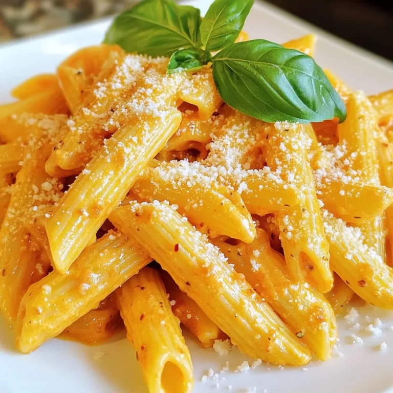 - 340 g Pasta (z.B. Penne oder Fettuccine) - 2 große rote Paprika - 240 ml Sahne - 3 Knoblauchzehen, fein gehackt - 1 kleine Zwiebel, fein gewürfelt - 1 Esslöffel Olivenöl - 1 Teelöffel geräuchertes Paprikapulver - 1/2 Teelöffel rote Pfefferflocken (optional) - Salz und Pfeffer nach Geschmack - 30 g geriebener Parmesan - Frische Basilikumblätter zur Garnierung Ich liebe es, mit frischen Zutaten zu kochen. Die Hauptzutaten in diesem Rezept sind einfach und lecker. Diese Pasta bringt Farbe und Geschmack auf den Tisch. Die roten Paprika sind süß und rauchig. Sie machen die Sauce cremig und vollmundig. Die Sahne gibt der Sauce die nötige Cremigkeit. Zusammen mit dem Parmesan wird sie einfach unwiderstehlich. Die Zwiebel und der Knoblauch bringen einen tollen Geschmack. Sie sind die Basis für die Sauce. Die Gewürze, wie das geräucherte Paprikapulver, geben der Pasta ein besonderes Aroma. Wenn du es scharf magst, füge die roten Pfefferflocken hinzu. Diese kleinen Flocken bringen das gewisse Etwas. Vergiss nicht, die frischen Basilikumblätter zur Garnierung zu verwenden. Sie verleihen dem Gericht eine frische Note. Sammle alle Zutaten, bevor du mit dem Kochen beginnst. So bleibt alles schön organisiert. Das macht das Kochen einfacher und schneller. Mit diesen Zutaten bist du bereit, eine tolle Pasta zu zaubern. {{ingredient_image_2}} Heize deinen Ofen auf 200°C vor. Halbiere die roten Paprika, entferne die Kerne und Stiele. Lege die Paprika mit der Schnittfläche nach unten auf ein Backblech. Röste die Paprika etwa 25-30 Minuten. Die Haut soll schwarz und blasenartig werden. Nimm die Paprika aus dem Ofen und lasse sie abkühlen. Ziehe die Haut ab und hacke die Paprika in kleine Stücke. Erhitze das Olivenöl in einer großen Pfanne bei mittlerer Hitze. Füge die gewürfelte Zwiebel hinzu und dünste sie etwa 3-4 Minuten, bis sie weich ist. Dann gib den fein gehackten Knoblauch dazu. Brate ihn eine weitere Minute, bis er duftet. Jetzt kommen die gehackten gerösteten Paprika in die Pfanne. Füge das geräucherte Paprikapulver, rote Pfefferflocken, Salz und Pfeffer hinzu. Koche die Mischung für 2-3 Minuten. Gieße die Sahne in die Pfanne und lasse alles sanft köcheln. Die Soße sollte 5-7 Minuten köcheln, bis sie leicht eingedickt ist. Koche die Pasta in einem großen Topf mit gesalzenem Wasser. Halte dich an die Packungsanweisungen und koche die Pasta bis al dente. Gieße die Pasta ab, aber behalte etwa 240 ml des Nudelwassers. Püriere die Soße mit einem Stabmixer oder übertrage sie vorsichtig in einen Standmixer, bis sie glatt ist. Gib die Soße zurück in die Pfanne und rühre den Parmesan unter. Füge die gekochte Pasta zur Soße hinzu und vermische alles gut. Verwende das aufbewahrte Nudelwasser, um die Konsistenz nach Bedarf anzupassen. - Verwendung von Nudelwasser: Nudelwasser ist ein echter Geheimtipp. Es enthält Stärke, die die Sauce bindet. Wenn deine Sauce zu dick ist, füge einfach etwas Nudelwasser hinzu. Das macht die Sauce cremig und sorgt für eine perfekte Konsistenz. - Übungen mit der Kochzeit: Achte darauf, die Pasta al dente zu kochen. Dadurch bleibt sie bissfest und nimmt die Sauce gut auf. Wenn du die Pasta zu lange kochst, wird sie matschig. - Verwendung von frischen Kräutern: Frische Kräuter bringen mehr Geschmack. Ich empfehle Basilikum oder Petersilie. Füge sie am Ende hinzu, um die Aromen frisch zu halten. Das hebt den Geschmack deiner Pasta. - Austausch von Käsesorten: Du kannst Parmesan durch andere Käsesorten ersetzen. Probiere Pecorino oder Feta für einen anderen Geschmack. Diese Käsesorten bringen neue Aromen in dein Gericht. - Garnierungsideen: Verwende frische Basilikumblätter zur Garnitur. Sie sehen gut aus und schmecken toll. Du kannst auch mehr Parmesan darüber streuen. Das sorgt für eine schöne Optik und zusätzlichen Geschmack. - Anrichtetechniken: Serviere die Pasta in tiefen Tellern. Das lässt die Sauce gut zur Geltung kommen. Nutze eine Gabel, um die Pasta aufzurollen. So sieht dein Gericht einladender aus. Pro Tipps Pasta al dente kochen: Achte darauf, die Pasta nur bis zum al dente Punkt zu kochen, damit sie in der Sauce nicht zu weich wird. Rösten der Paprika: Das Rösten der Paprika intensiviert den Geschmack. Lass die Haut gut schwarz werden, um den besten Geschmack zu erzielen. Verwendung von Nudelwasser: Das aufbewahrte Nudelwasser enthält Stärke und hilft, die Sauce zu binden und cremiger zu machen. Frische Kräuter hinzufügen: Verfeinere das Gericht mit frischem Basilikum oder Petersilie kurz vor dem Servieren für zusätzlichen Geschmack und Frische. {{image_4}} Um die Pasta vegan zu machen, kannst du einfach die Sahne ersetzen. Eine gute Wahl ist Kokosmilch oder Cashewcreme. Diese pflanzlichen Alternativen geben einen tollen Geschmack. Für den Käseersatz empfehle ich Hefeflocken oder veganen Parmesan. Diese Optionen sind lecker und nährstoffreich. Wenn du mehr Protein brauchst, füge Hühnchen oder Garnelen hinzu. Koche das Fleisch vorher und mische es dann in die Sauce. Wenn du pflanzliches Protein verwenden möchtest, probiere Kichererbsen oder Tofu. Diese Proteine sind gesund und passen gut zu der cremigen Sauce. Du kannst die Pasta noch gesünder machen, indem du mehr Gemüse hinzufügst. Zucchini, Spinat oder Brokkoli sind tolle Optionen. Diese Gemüse können einfach in die Sauce gegeben werden. Denke daran, die Saison zu berücksichtigen. Frisch geerntetes Gemüse hat den besten Geschmack und die beste Nährstoffdichte. Du kannst die Reste deiner cremigen Pasta mit gerösteten Paprika im Kühlschrank aufbewahren. Verwende einen luftdichten Behälter, um die Frische zu erhalten. Die Pasta hält sich bis zu drei Tage im Kühlschrank. Achte darauf, sie vor dem Lagern gut abkühlen zu lassen. Das Einfrieren ist eine gute Option, wenn du die Pasta länger aufbewahren möchtest. Verwende gefriergeeignete Behälter oder spezielle Gefrierbeutel. Teile die Pasta in Portionen auf, um das Auftauen zu erleichtern. So bleibt die Qualität besser erhalten. Du kannst die Pasta bis zu drei Monate im Gefrierfach lagern. Beim Wiedererwärmen ist es wichtig, die Konsistenz der Sauce zu bewahren. Erhitze die Pasta langsam in einer Pfanne bei niedriger Hitze. Füge einen Schuss Wasser oder Sahne hinzu, um die Sauce cremig zu halten. Rühre immer wieder um, damit die Pasta gleichmäßig warm wird. So schmeckt deine Pasta wie frisch zubereitet! Die Zubereitungszeit für diese Pasta beträgt etwa 50 Minuten. Davon sind 10 Minuten für die Vorbereitung nötig. Die restlichen 40 Minuten sind für das Rösten der Paprika und das Kochen der Pasta. So kannst du sicher sein, dass du bald eine köstliche Mahlzeit genießen kannst. Ja, du kannst verschiedene Nudelsorten nutzen. Penne und Fettuccine sind sehr gut geeignet. Auch Spaghetti oder Tagliatelle passen gut zu dieser Soße. Probiere verschiedene Formen aus, um deinen persönlichen Favoriten zu finden. Ja, es ist möglich, dieses Rezept glutenfrei zu machen. Verwende einfach glutenfreie Pasta. Achte darauf, dass alle anderen Zutaten, wie Sahne und Gewürze, ebenfalls glutenfrei sind. So kannst du diese leckere Pasta ohne Bedenken genießen! In diesem Artikel haben wir die wichtigsten Zutaten und die Zubereitung einer cremigen Pasta mit gerösteten Paprika behandelt. Wir haben die Hauptzutaten, die Schritt-für-Schritt-Anleitung und nützliche Tipps besprochen. Denken Sie daran, die Sauce nach Ihrem Geschmack zu optimieren und kreative Variationen auszuprobieren. Egal, ob vegan oder mit mehr Protein, die Möglichkeiten sind groß. Experimentieren Sie, um Ihre eigene Version zu kreieren und genießen Sie diese köstliche Mahlzeit!