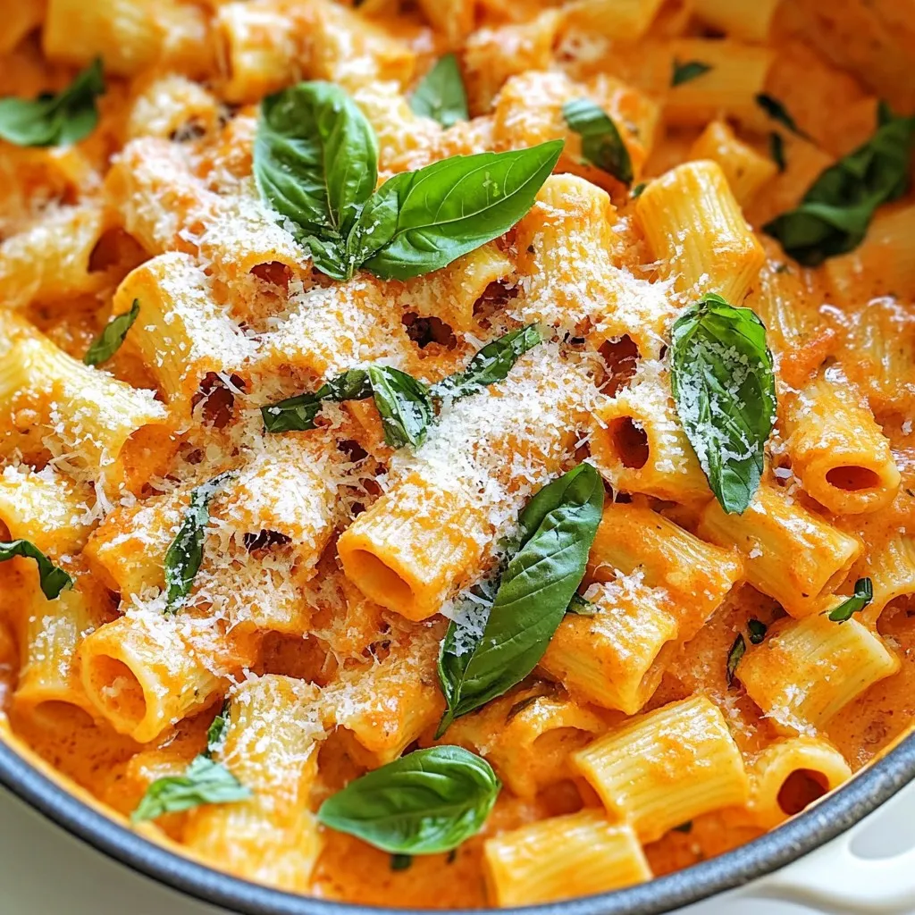 - 340 g Pasta (Penne oder Fusilli) - 800 g zerdrückte Tomaten - 750 ml Gemüsebrühe - 2 Esslöffel Olivenöl - 1 mittelgroße Zwiebel, gewürfelt - 4 Knoblauchzehen, fein gehackt - 240 ml Schlagsahne oder Kokosmilch - 1 Teelöffel getrockneter Oregano - 1 Teelöffel Zucker - Frische Basilikumblätter, Salz und Pfeffer Die Zutaten sind einfach zu finden. Für die Pasta wähle ich gerne Penne oder Fusilli. Diese Formen halten die Sauce gut fest. Zerdrückte Tomaten geben viel Geschmack. Sie sind das Herzstück des Eintopfs. Gemüsebrühe bringt noch mehr Tiefe in den Geschmack. Olivenöl ist wichtig. Es sorgt für einen tollen Geschmack und hilft beim Anbraten. Zwiebeln und Knoblauch geben ein tolles Aroma. Schlagsahne oder Kokosmilch macht die Pasta cremig. Gewürze sind das Geheimnis. Oregano fügt italienische Noten hinzu. Zucker hilft, die Säure der Tomaten auszugleichen. Frische Basilikumblätter bringen Frische. Salz und Pfeffer runden alles ab. Die Kombination dieser Zutaten macht das Gericht besonders lecker. {{ingredient_image_2}} - Schneide die Zwiebel in kleine Würfel. - Hacke den Knoblauch fein. - Halte alle Zutaten griffbereit. - Erhitze das Olivenöl in einem großen Topf bei mittlerer Hitze. - Füge die gewürfelte Zwiebel hinzu und brate sie an, bis sie glasig ist. - Gebe den gehackten Knoblauch dazu und brate ihn kurz mit. - Gieße die zerdrückten Tomaten und die Gemüsebrühe in den Topf. - Füge den getrockneten Oregano und den Zucker hinzu. - Rühre alles gut um, bis die Mischung gleichmäßig ist. - Bringe die Mischung zum Köcheln und füge die ungekochte Pasta hinzu. - Rühre um, damit die Pasta gut in der Flüssigkeit ist. - Decke den Topf ab und koche die Pasta 10-12 Minuten lang. - Rühre gelegentlich um, bis die Pasta al dente ist. - Reduziere die Hitze und gieße die Schlagsahne oder Kokosmilch dazu. - Rühre gut um, bis alles vermischt ist. - Lass die Pasta 2-3 Minuten durchziehen. - Schmecke mit Salz und Pfeffer ab. - Füge die frisch gezupften Basilikumblätter hinzu. - Hebe sie vorsichtig unter und serviere die Pasta sofort. Um die Pasta perfekt zu kochen, achte darauf, sie al dente zu kochen. Das bedeutet, dass sie innen noch einen leichten Biss hat. Koche die Pasta immer in reichlich Salzwasser. Das hilft, den Geschmack zu verbessern. Rühre die Pasta gelegentlich um, während sie kocht. So verhinderst du, dass sie zusammenklebt. Wenn du die Pasta in die Sauce gibst, rühre sie gut um. Dadurch verteilt sich die Sauce gleichmäßig. Du kannst das Rezept einfach anpassen. Eine vegetarische Version ist schnell gemacht. Lass einfach die Sahne weg oder ersetze sie durch pflanzliche Sahne. Das macht das Gericht leichter und gesünder. Wenn du mehr Protein möchtest, füge Hühnchen oder Garnelen hinzu. Diese Optionen machen das Gericht sättigender. Du kannst auch Kichererbsen oder Linsen verwenden, um die Pasta zu bereichern. Die Garnierung macht viel aus. Frisch geriebener Parmesan ist eine tolle Ergänzung. Er bringt einen salzigen Geschmack und eine cremige Textur. Zusätzlich kannst du weitere frische Kräuter verwenden. Basilikum, Petersilie oder Schnittlauch passen gut dazu. Sie verleihen dem Gericht Frische und Farbe. Pro Tipps Pasta al dente kochen: Achten Sie darauf, die Pasta nur bis zum al dente Zustand zu kochen, damit sie beim Mischen mit der Sauce nicht matschig wird. Frische Kräuter hinzufügen: Fügen Sie die frischen Basilikumblätter am Ende des Kochvorgangs hinzu, um ihren Geschmack und die Aromen zu bewahren. Variationen ausprobieren: Experimentieren Sie mit verschiedenen Pastasorten oder fügen Sie Gemüse wie Spinat oder Zucchini hinzu, um das Gericht zu variieren. Resteverwertung: Nutzen Sie Reste als Füllung für Aufläufe oder als Grundlage für ein schnelles Mittagessen am nächsten Tag. {{image_4}} Füge einige Oliven und Feta hinzu. Diese Zutaten bringen einen tollen Geschmack. Du kannst frische Tomaten verwenden, um das Gericht noch frischer zu machen. Schneide sie grob und mische sie in die Sauce. Die Kombination von Feta und Oliven gibt der Pasta eine mediterrane Note, die einfach lecker ist. Für eine cremige Veggie-Version füge Gemüse wie Spinat oder Zucchini hinzu. Das Gemüse bringt Farbe und Nährstoffe. Du kannst auch pflanzliche Sahne verwenden. Diese macht das Gericht für Veganer geeignet. Einfach die Sahne beim Kochen hinzufügen und alles gut umrühren. Experimentiere mit italienischen Kräutern. Basilikum, Thymian oder Rosmarin passen gut dazu. Wenn du es scharf magst, füge Chili oder Paprika hinzu. Das gibt der Pasta eine aufregende Note. Probiere verschiedene Gewürze aus, um deinen eigenen Geschmack zu finden. Um die Reste der Pasta aufzubewahren, lege sie in einen luftdichten Behälter. Stelle den Behälter in den Kühlschrank. Dort bleibt die Pasta frisch für bis zu drei Tage. Du kannst die Reste auch in Einzelportionen aufteilen. Verwende dafür kleine Schalen. So kannst du sie schnell in der Mikrowelle aufwärmen. Wenn du die Pasta länger aufbewahren möchtest, kannst du sie einfrieren. Lass die Pasta zuerst abkühlen. Fülle sie dann in einen Gefrierbeutel oder einen luftdichten Behälter. Achte darauf, die Luft herauszudrücken. So bleibt die Pasta länger frisch. Für das Auftauen lege die gefrorene Pasta über Nacht in den Kühlschrank. Du kannst sie auch direkt in der Mikrowelle auftauen. Stelle die Mikrowelle auf eine niedrige Stufe, um ein Überkochen zu vermeiden. Die Frische der Zutaten ist wichtig. Die zerdrückten Tomaten und die Gemüsebrühe halten sich gut. Diese kannst du bis zu einem Jahr lagern. Schlagsahne oder Kokosmilch sind im Kühlschrank etwa eine Woche haltbar. Wenn du die Pasta zubereitest, kannst du sie bis zu drei Tage im Kühlschrank aufbewahren. Wenn sie gut verpackt ist, bleibt sie frisch. Um die Pasta cremiger zu machen, können Sie mehr Sahne hinzufügen. Eine zusätzliche 120 ml Schlagsahne macht das Gericht reichhaltiger. Eine andere Möglichkeit ist die Verwendung von Käse. Parmesan oder Mascarpone sorgen für eine tolle Cremigkeit. Rühren Sie den Käse einfach nach dem Kochen ein, bis er schmilzt. Ja, Sie können das Rezept glutenfrei machen. Wählen Sie glutenfreie Pasta, die gut kocht. Viele Marken bieten Penne oder Fusilli ohne Gluten an. Achten Sie darauf, dass die Brühe ebenfalls glutenfrei ist. Prüfen Sie die Zutatenliste, um sicherzugehen. Die gesamte Zubereitungszeit beträgt etwa 30 Minuten. Davon sind 10 Minuten für die Vorbereitung und 20 Minuten fürs Kochen. Um Zeit zu sparen, schneiden Sie Zwiebel und Knoblauch im Voraus. Halten Sie alle Zutaten bereit, bevor Sie anfangen zu kochen. In diesem Beitrag haben wir die Hauptzutaten, die Zubereitung und nützliche Tipps für die Pasta besprochen. Du kannst eine leckere, einfache Eintopf-Pasta zubereiten, die ganz nach deinem Geschmack variiert werden kann. Denke daran, mit den Zutaten zu spielen, um dein perfektes Gericht zu finden. Ob du mehr Gemüse oder Gewürze hinzufügen möchtest, die Möglichkeiten sind groß. Probiere es aus und genieße die Kocherei! Deine kreative Küche wartet auf dich.