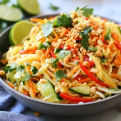 - 225 g Reisnudeln - 120 ml cremige Erdnussbutter - 3 Esslöffel Sojasauce In jedem Rezept sind die Hauptzutaten wichtig. Die Reisnudeln sind die Basis. Sie sind leicht und nehmen den Geschmack gut auf. Cremige Erdnussbutter sorgt für einen nussigen Geschmack. Sojasauce gibt dem Gericht eine salzige Tiefe. Diese drei Zutaten sind der Schlüssel zu einem großartigen Spicy Peanut Noodle Salad. - 1 Tasse rote Paprika, in Julienne geschnitten - 1 Tasse Gurke, in Julienne geschnitten - 1 Tasse Karotten, geraspelt - 1/2 Tasse Frühlingszwiebeln, gehackt - Frischer Koriander zur Garnitur Das Gemüse bringt Farbe und Textur. Rote Paprika fügt Süße hinzu. Gurken bringen Frische, während Karotten einen knackigen Biss geben. Frühlingszwiebeln sorgen für einen leichten Zwiebelgeschmack. Frischer Koriander bringt ein aromatisches Finish. Diese Zutaten machen den Salat lebendig und lecker. - 2 Esslöffel Sesamöl - 2 Esslöffel Honig oder Ahornsirup - 1 Esslöffel Reisessig - 1 Esslöffel Sriracha (nach Geschmack anpassen) Das Dressing ist das Herzstück. Sesamöl gibt einen nussigen Geschmack. Honig oder Ahornsirup fügt Süße hinzu, die die Schärfe ausgleicht. Reisessig bringt Säure und Frische. Sriracha gibt den Salat einen feurigen Kick. Zusammen ergeben diese Zutaten ein köstliches, ausgewogenes Dressing. {{ingredient_image_2}} - Kochen Sie 225 g Reisnudeln nach den Anweisungen auf der Verpackung. - Gießen Sie die Nudeln in ein Sieb ab. - Spülen Sie die Nudeln unter kaltem Wasser ab, um den Garprozess zu stoppen. - Vermengen Sie in einer Schüssel: - 120 ml cremige Erdnussbutter - 3 Esslöffel Sojasauce - 2 Esslöffel Sesamöl - 2 Esslöffel Honig oder Ahornsirup - 1 Esslöffel Reisessig - 1 Esslöffel Sriracha (nach Geschmack anpassen) - Rühren Sie alles mit einem Schneebesen gut um, bis die Mischung glatt ist. - Prüfen Sie die Konsistenz. Sie sollte cremig und gut vermischt sein. - Kombinieren Sie in einer großen Schüssel die vorbereiteten Nudeln mit: - 1 Tasse rote Paprika, in Julienne geschnitten - 1 Tasse Gurke, in Julienne geschnitten - 1 Tasse Karotten, geraspelt - 1/2 Tasse Frühlingszwiebeln, gehackt - Gießen Sie das Erdnussdressing über die Mischung. - Heben Sie alles vorsichtig unter, damit alles gut bedeckt ist. - Übertragen Sie den Salat auf eine Servierplatte oder in Schalen. - Bestreuen Sie den Salat mit: - 60 g gehackte, geröstete Erdnüsse - Frischem Koriander - Servieren Sie den Salat mit Limettenspalten an der Seite. Reisnudeln sind leicht und schnell zu kochen. Sie sind glutenfrei und nehmen den Geschmack gut auf. Achte darauf, die Nudeln nicht zu lange zu kochen. Überkochen macht sie matschig. Do's: - Koche die Nudeln in viel Wasser. - Gieße sie ab und spüle sie kalt ab. Don'ts: - Lasse die Nudeln nicht im heißen Wasser. - Rühre die Nudeln nicht zu oft in der Pfanne. Du kannst das Dressing leicht anpassen. Magst du es schärfer? Füge mehr Sriracha hinzu. Möchtest du es süßer? Mehr Honig oder Ahornsirup geht auch. Für eine vegane Version nutze Agavendicksaft statt Honig. Viele mögen auch Erdnussbutter ohne Zucker. Das macht das Dressing noch natürlicher. Dieser Salat passt gut zu vielen Beilagen. Probiere ihn mit gebratenem Tofu oder gegrilltem Gemüse. Auch ein frischer Gurkensalat ist eine tolle Ergänzung. Für Getränke empfehle ich einen fruchtigen Eistee oder ein leichtes Bier. Das erfrischt und passt gut zum Salat. Für die Präsentation: Serviere den Salat in einer großen Schüssel. Garniere ihn mit frischem Koriander und Limettenspalten. Das sieht nicht nur schön aus, sondern schmeckt auch frisch! Pro Tipps Nudeln richtig kochen: Achten Sie darauf, die Reisnudeln nicht zu lange zu kochen, damit sie bissfest bleiben. Nach dem Kochen unbedingt abspülen, um das Kleben zu verhindern. Dressing anpassen: Passen Sie die Schärfe des Dressings durch die Menge an Sriracha an. Für weniger Schärfe können Sie die Menge reduzieren oder ganz weglassen. Frisches Gemüse nutzen: Verwenden Sie frisches und knackiges Gemüse für den besten Geschmack und die beste Textur. Achten Sie darauf, die Zutaten kurz vor dem Servieren zu schneiden. Serviertemperatur: Dieser Salat schmeckt am besten, wenn er kalt serviert wird. Stellen Sie sicher, dass er vor dem Servieren gut durchgezogen ist und im Kühlschrank gekühlt wird. {{image_4}} - Tofu: Tofu passt gut zu diesem Salat. Er nimmt die Aromen des Dressings auf. Schneiden Sie den Tofu in Würfel und braten Sie ihn an. Fügen Sie ihn den Nudeln hinzu für mehr Textur und Proteine. - Hähnchenbrust: Hähnchenbrust ist eine weitere tolle Option. Kochen oder grillen Sie die Brust und schneiden Sie sie in Stücke. Mischen Sie das Hähnchen unter die Nudeln für ein herzhaftes Gericht. - Brokkoli: Brokkoli bringt Farbe und Crunch. Dämpfen oder blanchieren Sie ihn kurz, bevor Sie ihn zu den Nudeln geben. - Mangold: Mangold hat einen leicht nussigen Geschmack. Schneiden Sie ihn klein und fügen Sie ihn frisch hinzu. Das gibt einen tollen Kontrast zu den anderen Zutaten. - Mehr oder weniger Sriracha: Sriracha ist sehr vielseitig. Mögen Sie es schärfer? Fügen Sie einfach mehr hinzu. Wenn Sie es milder mögen, reduzieren Sie die Menge. - Alternative Saucen: Experimentieren Sie mit anderen Saucen. Chilisauce oder sogar eine Erdnusssoße können spannend sein. Finden Sie die Mischung, die Ihnen am besten schmeckt. - Behälterwahl: Verwenden Sie einen luftdichten Behälter. So bleibt der Salat frisch und lecker. - Haltbarkeit: Im Kühlschrank hält sich der Spicy Peanut Noodle Salad bis zu drei Tage. - Richtige Vorgehensweise: Teilen Sie den Salat in Portionen. Legen Sie ihn in einen gefrierfesten Behälter. Das hilft, die Frische zu bewahren. - Auftauen und Aufwärmen: Lassen Sie den Salat über Nacht im Kühlschrank auftauen. Rühren Sie ihn gut durch, bevor Sie ihn servieren. - Spicy Peanut Noodle Salad hält sich im Kühlschrank etwa drei Tage. Lagern Sie ihn in einem geschlossenen Behälter. So bleibt der Salat frisch. Nach ein paar Tagen kann der Geschmack schwächer werden. Achten Sie darauf, ihn vor dem Essen zu prüfen. - Ja, Sie können das Rezept glutenfrei machen. Verwenden Sie glutenfreie Sojasauce. Diese Sauce gibt es in vielen Geschäften. Auch Tamari ist eine gute Wahl. Achten Sie auf die Etiketten, um sicherzustellen, dass sie glutenfrei sind. - Es gibt viele tolle Beilagen, die gut passen. Probieren Sie gedämpftes Gemüse wie Brokkoli oder grüne Bohnen. Auch ein frischer Gurkensalat ergänzt den Salat gut. Für einen Snack können Sie auch Frühlingsrollen servieren. Der Spicy Peanut Noodle Salad bietet eine köstliche Kombination aus Reisnudeln, frischem Gemüse und einem leckeren Erdnussdressing. Zuerst haben wir die Hauptzutaten und die Zubereitung behandelt. Dann gab es Tipps für perfekte Nudeln und kreative Variationen. Zum Schluss sprachen wir über Lagerungshinweise und häufige Fragen. Egal, ob du es einfach hältst oder kreativ wirst, dieser Salat passt immer. Probiere verschiedene Gemüse und Proteine aus. So findest du deinen Liebling!