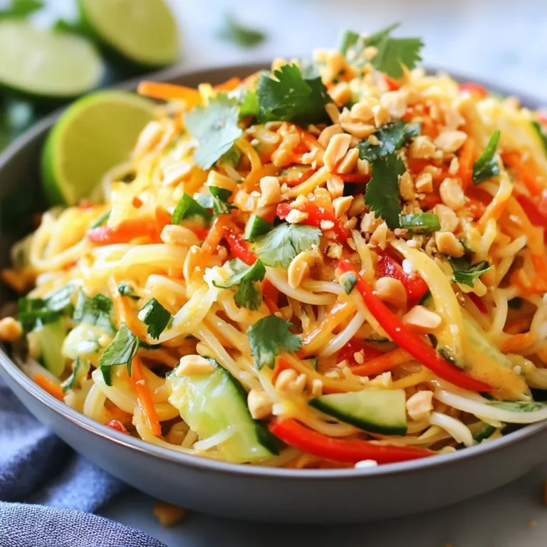 - 225 g Reisnudeln - 120 ml cremige Erdnussbutter - 3 Esslöffel Sojasauce In jedem Rezept sind die Hauptzutaten wichtig. Die Reisnudeln sind die Basis. Sie sind leicht und nehmen den Geschmack gut auf. Cremige Erdnussbutter sorgt für einen nussigen Geschmack. Sojasauce gibt dem Gericht eine salzige Tiefe. Diese drei Zutaten sind der Schlüssel zu einem großartigen Spicy Peanut Noodle Salad. - 1 Tasse rote Paprika, in Julienne geschnitten - 1 Tasse Gurke, in Julienne geschnitten - 1 Tasse Karotten, geraspelt - 1/2 Tasse Frühlingszwiebeln, gehackt - Frischer Koriander zur Garnitur Das Gemüse bringt Farbe und Textur. Rote Paprika fügt Süße hinzu. Gurken bringen Frische, während Karotten einen knackigen Biss geben. Frühlingszwiebeln sorgen für einen leichten Zwiebelgeschmack. Frischer Koriander bringt ein aromatisches Finish. Diese Zutaten machen den Salat lebendig und lecker. - 2 Esslöffel Sesamöl - 2 Esslöffel Honig oder Ahornsirup - 1 Esslöffel Reisessig - 1 Esslöffel Sriracha (nach Geschmack anpassen) Das Dressing ist das Herzstück. Sesamöl gibt einen nussigen Geschmack. Honig oder Ahornsirup fügt Süße hinzu, die die Schärfe ausgleicht. Reisessig bringt Säure und Frische. Sriracha gibt den Salat einen feurigen Kick. Zusammen ergeben diese Zutaten ein köstliches, ausgewogenes Dressing. {{ingredient_image_2}} - Kochen Sie 225 g Reisnudeln nach den Anweisungen auf der Verpackung. - Gießen Sie die Nudeln in ein Sieb ab. - Spülen Sie die Nudeln unter kaltem Wasser ab, um den Garprozess zu stoppen. - Vermengen Sie in einer Schüssel: - 120 ml cremige Erdnussbutter - 3 Esslöffel Sojasauce - 2 Esslöffel Sesamöl - 2 Esslöffel Honig oder Ahornsirup - 1 Esslöffel Reisessig - 1 Esslöffel Sriracha (nach Geschmack anpassen) - Rühren Sie alles mit einem Schneebesen gut um, bis die Mischung glatt ist. - Prüfen Sie die Konsistenz. Sie sollte cremig und gut vermischt sein. - Kombinieren Sie in einer großen Schüssel die vorbereiteten Nudeln mit: - 1 Tasse rote Paprika, in Julienne geschnitten - 1 Tasse Gurke, in Julienne geschnitten - 1 Tasse Karotten, geraspelt - 1/2 Tasse Frühlingszwiebeln, gehackt - Gießen Sie das Erdnussdressing über die Mischung. - Heben Sie alles vorsichtig unter, damit alles gut bedeckt ist. - Übertragen Sie den Salat auf eine Servierplatte oder in Schalen. - Bestreuen Sie den Salat mit: - 60 g gehackte, geröstete Erdnüsse - Frischem Koriander - Servieren Sie den Salat mit Limettenspalten an der Seite. Reisnudeln sind leicht und schnell zu kochen. Sie sind glutenfrei und nehmen den Geschmack gut auf. Achte darauf, die Nudeln nicht zu lange zu kochen. Überkochen macht sie matschig. Do's: - Koche die Nudeln in viel Wasser. - Gieße sie ab und spüle sie kalt ab. Don'ts: - Lasse die Nudeln nicht im heißen Wasser. - Rühre die Nudeln nicht zu oft in der Pfanne. Du kannst das Dressing leicht anpassen. Magst du es schärfer? Füge mehr Sriracha hinzu. Möchtest du es süßer? Mehr Honig oder Ahornsirup geht auch. Für eine vegane Version nutze Agavendicksaft statt Honig. Viele mögen auch Erdnussbutter ohne Zucker. Das macht das Dressing noch natürlicher. Dieser Salat passt gut zu vielen Beilagen. Probiere ihn mit gebratenem Tofu oder gegrilltem Gemüse. Auch ein frischer Gurkensalat ist eine tolle Ergänzung. Für Getränke empfehle ich einen fruchtigen Eistee oder ein leichtes Bier. Das erfrischt und passt gut zum Salat. Für die Präsentation: Serviere den Salat in einer großen Schüssel. Garniere ihn mit frischem Koriander und Limettenspalten. Das sieht nicht nur schön aus, sondern schmeckt auch frisch! Pro Tipps Nudeln richtig kochen: Achten Sie darauf, die Reisnudeln nicht zu lange zu kochen, damit sie bissfest bleiben. Nach dem Kochen unbedingt abspülen, um das Kleben zu verhindern. Dressing anpassen: Passen Sie die Schärfe des Dressings durch die Menge an Sriracha an. Für weniger Schärfe können Sie die Menge reduzieren oder ganz weglassen. Frisches Gemüse nutzen: Verwenden Sie frisches und knackiges Gemüse für den besten Geschmack und die beste Textur. Achten Sie darauf, die Zutaten kurz vor dem Servieren zu schneiden. Serviertemperatur: Dieser Salat schmeckt am besten, wenn er kalt serviert wird. Stellen Sie sicher, dass er vor dem Servieren gut durchgezogen ist und im Kühlschrank gekühlt wird. {{image_4}} - Tofu: Tofu passt gut zu diesem Salat. Er nimmt die Aromen des Dressings auf. Schneiden Sie den Tofu in Würfel und braten Sie ihn an. Fügen Sie ihn den Nudeln hinzu für mehr Textur und Proteine. - Hähnchenbrust: Hähnchenbrust ist eine weitere tolle Option. Kochen oder grillen Sie die Brust und schneiden Sie sie in Stücke. Mischen Sie das Hähnchen unter die Nudeln für ein herzhaftes Gericht. - Brokkoli: Brokkoli bringt Farbe und Crunch. Dämpfen oder blanchieren Sie ihn kurz, bevor Sie ihn zu den Nudeln geben. - Mangold: Mangold hat einen leicht nussigen Geschmack. Schneiden Sie ihn klein und fügen Sie ihn frisch hinzu. Das gibt einen tollen Kontrast zu den anderen Zutaten. - Mehr oder weniger Sriracha: Sriracha ist sehr vielseitig. Mögen Sie es schärfer? Fügen Sie einfach mehr hinzu. Wenn Sie es milder mögen, reduzieren Sie die Menge. - Alternative Saucen: Experimentieren Sie mit anderen Saucen. Chilisauce oder sogar eine Erdnusssoße können spannend sein. Finden Sie die Mischung, die Ihnen am besten schmeckt. - Behälterwahl: Verwenden Sie einen luftdichten Behälter. So bleibt der Salat frisch und lecker. - Haltbarkeit: Im Kühlschrank hält sich der Spicy Peanut Noodle Salad bis zu drei Tage. - Richtige Vorgehensweise: Teilen Sie den Salat in Portionen. Legen Sie ihn in einen gefrierfesten Behälter. Das hilft, die Frische zu bewahren. - Auftauen und Aufwärmen: Lassen Sie den Salat über Nacht im Kühlschrank auftauen. Rühren Sie ihn gut durch, bevor Sie ihn servieren. - Spicy Peanut Noodle Salad hält sich im Kühlschrank etwa drei Tage. Lagern Sie ihn in einem geschlossenen Behälter. So bleibt der Salat frisch. Nach ein paar Tagen kann der Geschmack schwächer werden. Achten Sie darauf, ihn vor dem Essen zu prüfen. - Ja, Sie können das Rezept glutenfrei machen. Verwenden Sie glutenfreie Sojasauce. Diese Sauce gibt es in vielen Geschäften. Auch Tamari ist eine gute Wahl. Achten Sie auf die Etiketten, um sicherzustellen, dass sie glutenfrei sind. - Es gibt viele tolle Beilagen, die gut passen. Probieren Sie gedämpftes Gemüse wie Brokkoli oder grüne Bohnen. Auch ein frischer Gurkensalat ergänzt den Salat gut. Für einen Snack können Sie auch Frühlingsrollen servieren. Der Spicy Peanut Noodle Salad bietet eine köstliche Kombination aus Reisnudeln, frischem Gemüse und einem leckeren Erdnussdressing. Zuerst haben wir die Hauptzutaten und die Zubereitung behandelt. Dann gab es Tipps für perfekte Nudeln und kreative Variationen. Zum Schluss sprachen wir über Lagerungshinweise und häufige Fragen. Egal, ob du es einfach hältst oder kreativ wirst, dieser Salat passt immer. Probiere verschiedene Gemüse und Proteine aus. So findest du deinen Liebling!