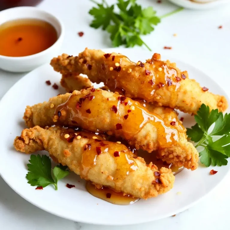 Für die heißen Honig-Hühnchenstreifen brauchen Sie einige Hauptzutaten. Diese machen das Gericht besonders lecker. Hier ist, was Sie benötigen: - 450 g Hähnchenbrustfilets - 120 g Weizenmehl - 2 große Eier - 240 ml Buttermilch - Öl zum Frittieren (z.B. Rapsöl oder Sonnenblumenöl) Die Gewürze geben den Hühnchenstreifen ihren einzigartigen Geschmack. Diese sind wichtig für die Panade: - 1 Teelöffel Paprika - 1 Teelöffel Knoblauchpulver - 1 Teelöffel Zwiebelpulver - 1 Teelöffel Cayennepfeffer (je nach Schärfewunsch anpassen) - Salz und Pfeffer nach Geschmack Der heiße Honig bringt die Süße ins Spiel. Er ergänzt die Würze der Hühnchenstreifen perfekt. Für den heißen Honig benötigen Sie: - 100 ml Honig - 1 Esslöffel Chiliflocken Diese Zutaten machen Ihr Gericht zu einem besonderen Erlebnis. Bereiten Sie alles vor, und Sie sind bereit für die Zubereitung! {{ingredient_image_2}} Beginne mit der Marinade. Nimm die Hähnchenbrustfilets und schneide sie in Streifen. Gib die Streifen in eine Schüssel. Füge die Buttermilch und eine Prise Salz hinzu. Mische alles gut und lasse es mindestens 30 Minuten ziehen. Wenn du Zeit hast, lasse es über Nacht im Kühlschrank. So wird das Hähnchen zart und saftig. In einer anderen Schüssel mische das Weizenmehl mit Paprika, Knoblauchpulver, Zwiebelpulver, Cayennepfeffer, Salz und Pfeffer. Diese Mischung gibt den Streifen einen tollen Geschmack. In einer dritten Schüssel schlage die Eier auf und verquirle sie gut. Diese Mischung hilft der Panade, am Hähnchen zu haften. Erhitze in einer großen Pfanne das Öl auf mittlerer Hitze. Es sollte etwa 175°C erreichen. Nimm die marinierten Hähnchenstreifen aus der Buttermilch. Lass die überschüssige Flüssigkeit abtropfen. Tauche jeden Streifen zuerst in die Eier und dann in die Mehlmischung. Achte darauf, dass die Streifen gut bedeckt sind. Lege die panierten Streifen vorsichtig in das heiße Öl. Frittier sie 4-5 Minuten pro Seite, bis sie goldbraun sind. Überprüfe die Innentemperatur mit einem Thermometer; sie sollte 74°C erreichen. Während die Hähnchenstreifen frittieren, bereite den heißen Honig vor. Nimm einen kleinen Topf und gib den Honig und die Chiliflocken hinein. Stelle den Topf auf niedrige Hitze. Rühre die Mischung, bis sie warm ist. Lass sie nicht kochen, sonst verlieren die Aromen ihre Kraft. Nach dem Frittieren lege die Hühnchenstreifen auf einen Teller mit Küchenpapier. So kann das überschüssige Öl abtropfen. Jetzt kommt der beste Teil: Träufle den heißen Honig über die Hähnchenstreifen oder wirf sie in einer Schüssel, um sie gleichmäßig zu beschichten. Serviere die heißen Honig-Hühnchenstreifen sofort, solange sie knusprig und heiß sind. Ein Holzbrett mit Backpapier und frischer Petersilie wirkt toll. Vergiss nicht, eine kleine Schüssel mit extra heißem Honig zum Dippen bereitzustellen! Um zarte Hühnchenstreifen zu bekommen, ist die Marinade wichtig. Ich empfehle, die Hähnchenbrustfilets mindestens 30 Minuten in Buttermilch einzuweichen. Die Buttermilch macht das Fleisch weich und saftig. Wenn Sie Zeit haben, lassen Sie das Hähnchen über Nacht marinieren. So wird es noch besser! Die Panade gibt den Hühnchenstreifen ihren Crunch. Mischen Sie das Weizenmehl mit Gewürzen wie Paprika, Knoblauch- und Zwiebelpulver. Diese Gewürze bringen Geschmack und Farbe. Lassen Sie die Hähnchenstreifen nach dem Panieren kurz ruhen. Dies hilft, die Panade besser haften zu lassen. Cayennepfeffer bringt die Schärfe in Ihr Gericht. Fügen Sie je nach Vorliebe mehr oder weniger hinzu. Wenn Sie es milder mögen, verwenden Sie weniger. Mögen Sie es schärfer, können Sie sogar noch mehr hinzufügen. Experimentieren Sie mit der Menge, um die perfekte Balance zu finden! Pro Tipps Hähnchen marinieren: Lassen Sie die Hähnchenstreifen mindestens 30 Minuten in der Buttermilch marinieren, um ein besonders zartes und saftiges Ergebnis zu erzielen. Frittieröl testen: Um sicherzustellen, dass das Öl die richtige Temperatur hat, können Sie einen kleinen Teigrest hineinwerfen. Wenn er sofort nach oben steigt und brutzelt, ist das Öl bereit. Hot Honey anpassen: Experimentieren Sie mit der Menge an Chiliflocken im Honig, um die gewünschte Schärfe zu erreichen. Für weniger Schärfe können Sie die Chiliflocken ganz weglassen. Knusprigkeit bewahren: Lassen Sie die frittierten Hähnchenstreifen vor dem Servieren auf Küchenpapier abtropfen, um überschüssiges Öl zu entfernen und die Knusprigkeit zu bewahren. {{image_4}} Wenn du etwas Abwechslung suchst, probiere verschiedene Soßen. Eine BBQ-Soße passt gut zu Hühnchenstreifen. Sie gibt einen rauchigen Geschmack. Eine süße Senfsoße bringt eine schöne Balance. Du kannst auch eine Knoblauchsoße machen. Die cremige Textur ergänzt die knusprigen Streifen perfekt. Wenn du es scharf magst, ist eine scharfe Aioli eine gute Wahl. Die perfekten Beilagen machen dein Gericht komplett. Kartoffelsalat ist eine tolle Wahl. Er ist leicht und frisch. Auch Pommes oder Süßkartoffelpommes passen gut dazu. Für etwas Gesundes kannst du gedämpftes Gemüse servieren. Ein einfacher grüner Salat mit einem leichten Dressing ist ebenfalls eine gute Idee. So bleibt das Essen leicht und lecker. Wenn du eine vegetarische oder vegane Option suchst, gibt es viele Möglichkeiten. Probiere Blumenkohl oder Tofu. Beide lassen sich gut marinieren und panieren. Für Blumenkohl kannst du die Röschen verwenden. Tofu sollte gut gepresst sein, damit er die Marinade aufnimmt. Die Zubereitung bleibt gleich. So bekommst du knusprige, leckere Stücke, die jeder liebt. Um die übrig gebliebenen Hühnchenstreifen frisch zu halten, lege sie in einen luftdichten Behälter. Achte darauf, dass die Streifen vollständig abgekühlt sind, bevor du sie lagerst. Wenn du sie warm in den Behälter gibst, kann sich Dampf bilden. Dies macht die Streifen weich und matschig. Wenn du kein luftdichtes Behältnis hast, kannst du auch Frischhaltefolie verwenden. Wickel die Streifen gut ein, um sie vor Luft und Feuchtigkeit zu schützen. Wenn du die Hühnchenstreifen aufwärmen möchtest, benutze den Ofen. Heize den Ofen auf 180 Grad Celsius vor. Lege die Streifen auf ein Backblech und backe sie für 10 bis 15 Minuten. Dies gibt dir knusprige Ergebnisse. Du kannst auch eine Pfanne benutzen. Brate die Streifen bei mittlerer Hitze für 5 bis 7 Minuten. Wende sie dabei, damit sie gleichmäßig warm werden. Vermeide die Mikrowelle, da sie die Streifen weich macht. Die Hühnchenstreifen bleiben im Kühlschrank 3 bis 4 Tage frisch. Stelle sicher, dass du sie in einem luftdichten Behälter aufbewahrst. Wenn du die Streifen länger aufbewahren möchtest, friere sie ein. In einem gefrierfesten Behälter oder einer Gefriertüte halten sie bis zu 3 Monate. Achte darauf, die Streifen gut zu beschriften, damit du weißt, wann du sie eingefroren hast. Wenn du sie auftauen möchtest, lege sie über Nacht in den Kühlschrank. Sie sollten das Hähnchen mindestens 30 Minuten marinieren. Wenn Sie mehr Zeit haben, lassen Sie es über Nacht im Kühlschrank. So wird das Hähnchen zart und saftig. Die Buttermilch hilft, die Fasern im Fleisch zu lockern. Das ergibt einen tollen Geschmack. Ja, Sie können die Hühnchenstreifen auch im Ofen zubereiten. Heizen Sie den Ofen auf 200°C vor. Legen Sie die panierten Streifen auf ein mit Backpapier ausgelegtes Blech. Backen Sie sie für etwa 20-25 Minuten. Drehen Sie die Streifen nach der Hälfte der Zeit um, damit sie gleichmäßig garen. Zu heißen Honig-Hühnchenstreifen passen viele Beilagen. Sie können Pommes frites oder einen frischen Salat servieren. Auch Reis oder Gemüse sind gute Optionen. Für einen besonderen Geschmack können Sie einen Dip aus Joghurt und Kräutern zubereiten. Um heißes Honig-Hühnchen zuzubereiten, braucht man frische Zutaten und richtige Technik. Wir haben die Hauptzutaten, die Zubereitung und nützliche Tipps besprochen. Mit einfachen Schritten kann jeder perfekte Hühnchenstreifen machen. Herrliche Soßen und Beilagen machen das Gericht spannend. Vergessen Sie nicht, die Reste richtig zu lagern! Experimentieren Sie mit den beschriebenen Variationen. So wird jedes Mal ein neues Geschmackserlebnis geschaffen. Viel Spaß beim Kochen und Genießen!