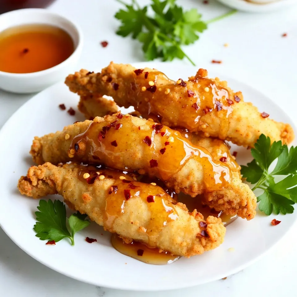 Für die heißen Honig-Hühnchenstreifen brauchen Sie einige Hauptzutaten. Diese machen das Gericht besonders lecker. Hier ist, was Sie benötigen: - 450 g Hähnchenbrustfilets - 120 g Weizenmehl - 2 große Eier - 240 ml Buttermilch - Öl zum Frittieren (z.B. Rapsöl oder Sonnenblumenöl) Die Gewürze geben den Hühnchenstreifen ihren einzigartigen Geschmack. Diese sind wichtig für die Panade: - 1 Teelöffel Paprika - 1 Teelöffel Knoblauchpulver - 1 Teelöffel Zwiebelpulver - 1 Teelöffel Cayennepfeffer (je nach Schärfewunsch anpassen) - Salz und Pfeffer nach Geschmack Der heiße Honig bringt die Süße ins Spiel. Er ergänzt die Würze der Hühnchenstreifen perfekt. Für den heißen Honig benötigen Sie: - 100 ml Honig - 1 Esslöffel Chiliflocken Diese Zutaten machen Ihr Gericht zu einem besonderen Erlebnis. Bereiten Sie alles vor, und Sie sind bereit für die Zubereitung! {{ingredient_image_2}} Beginne mit der Marinade. Nimm die Hähnchenbrustfilets und schneide sie in Streifen. Gib die Streifen in eine Schüssel. Füge die Buttermilch und eine Prise Salz hinzu. Mische alles gut und lasse es mindestens 30 Minuten ziehen. Wenn du Zeit hast, lasse es über Nacht im Kühlschrank. So wird das Hähnchen zart und saftig. In einer anderen Schüssel mische das Weizenmehl mit Paprika, Knoblauchpulver, Zwiebelpulver, Cayennepfeffer, Salz und Pfeffer. Diese Mischung gibt den Streifen einen tollen Geschmack. In einer dritten Schüssel schlage die Eier auf und verquirle sie gut. Diese Mischung hilft der Panade, am Hähnchen zu haften. Erhitze in einer großen Pfanne das Öl auf mittlerer Hitze. Es sollte etwa 175°C erreichen. Nimm die marinierten Hähnchenstreifen aus der Buttermilch. Lass die überschüssige Flüssigkeit abtropfen. Tauche jeden Streifen zuerst in die Eier und dann in die Mehlmischung. Achte darauf, dass die Streifen gut bedeckt sind. Lege die panierten Streifen vorsichtig in das heiße Öl. Frittier sie 4-5 Minuten pro Seite, bis sie goldbraun sind. Überprüfe die Innentemperatur mit einem Thermometer; sie sollte 74°C erreichen. Während die Hähnchenstreifen frittieren, bereite den heißen Honig vor. Nimm einen kleinen Topf und gib den Honig und die Chiliflocken hinein. Stelle den Topf auf niedrige Hitze. Rühre die Mischung, bis sie warm ist. Lass sie nicht kochen, sonst verlieren die Aromen ihre Kraft. Nach dem Frittieren lege die Hühnchenstreifen auf einen Teller mit Küchenpapier. So kann das überschüssige Öl abtropfen. Jetzt kommt der beste Teil: Träufle den heißen Honig über die Hähnchenstreifen oder wirf sie in einer Schüssel, um sie gleichmäßig zu beschichten. Serviere die heißen Honig-Hühnchenstreifen sofort, solange sie knusprig und heiß sind. Ein Holzbrett mit Backpapier und frischer Petersilie wirkt toll. Vergiss nicht, eine kleine Schüssel mit extra heißem Honig zum Dippen bereitzustellen! Um zarte Hühnchenstreifen zu bekommen, ist die Marinade wichtig. Ich empfehle, die Hähnchenbrustfilets mindestens 30 Minuten in Buttermilch einzuweichen. Die Buttermilch macht das Fleisch weich und saftig. Wenn Sie Zeit haben, lassen Sie das Hähnchen über Nacht marinieren. So wird es noch besser! Die Panade gibt den Hühnchenstreifen ihren Crunch. Mischen Sie das Weizenmehl mit Gewürzen wie Paprika, Knoblauch- und Zwiebelpulver. Diese Gewürze bringen Geschmack und Farbe. Lassen Sie die Hähnchenstreifen nach dem Panieren kurz ruhen. Dies hilft, die Panade besser haften zu lassen. Cayennepfeffer bringt die Schärfe in Ihr Gericht. Fügen Sie je nach Vorliebe mehr oder weniger hinzu. Wenn Sie es milder mögen, verwenden Sie weniger. Mögen Sie es schärfer, können Sie sogar noch mehr hinzufügen. Experimentieren Sie mit der Menge, um die perfekte Balance zu finden! Pro Tipps Hähnchen marinieren: Lassen Sie die Hähnchenstreifen mindestens 30 Minuten in der Buttermilch marinieren, um ein besonders zartes und saftiges Ergebnis zu erzielen. Frittieröl testen: Um sicherzustellen, dass das Öl die richtige Temperatur hat, können Sie einen kleinen Teigrest hineinwerfen. Wenn er sofort nach oben steigt und brutzelt, ist das Öl bereit. Hot Honey anpassen: Experimentieren Sie mit der Menge an Chiliflocken im Honig, um die gewünschte Schärfe zu erreichen. Für weniger Schärfe können Sie die Chiliflocken ganz weglassen. Knusprigkeit bewahren: Lassen Sie die frittierten Hähnchenstreifen vor dem Servieren auf Küchenpapier abtropfen, um überschüssiges Öl zu entfernen und die Knusprigkeit zu bewahren. {{image_4}} Wenn du etwas Abwechslung suchst, probiere verschiedene Soßen. Eine BBQ-Soße passt gut zu Hühnchenstreifen. Sie gibt einen rauchigen Geschmack. Eine süße Senfsoße bringt eine schöne Balance. Du kannst auch eine Knoblauchsoße machen. Die cremige Textur ergänzt die knusprigen Streifen perfekt. Wenn du es scharf magst, ist eine scharfe Aioli eine gute Wahl. Die perfekten Beilagen machen dein Gericht komplett. Kartoffelsalat ist eine tolle Wahl. Er ist leicht und frisch. Auch Pommes oder Süßkartoffelpommes passen gut dazu. Für etwas Gesundes kannst du gedämpftes Gemüse servieren. Ein einfacher grüner Salat mit einem leichten Dressing ist ebenfalls eine gute Idee. So bleibt das Essen leicht und lecker. Wenn du eine vegetarische oder vegane Option suchst, gibt es viele Möglichkeiten. Probiere Blumenkohl oder Tofu. Beide lassen sich gut marinieren und panieren. Für Blumenkohl kannst du die Röschen verwenden. Tofu sollte gut gepresst sein, damit er die Marinade aufnimmt. Die Zubereitung bleibt gleich. So bekommst du knusprige, leckere Stücke, die jeder liebt. Um die übrig gebliebenen Hühnchenstreifen frisch zu halten, lege sie in einen luftdichten Behälter. Achte darauf, dass die Streifen vollständig abgekühlt sind, bevor du sie lagerst. Wenn du sie warm in den Behälter gibst, kann sich Dampf bilden. Dies macht die Streifen weich und matschig. Wenn du kein luftdichtes Behältnis hast, kannst du auch Frischhaltefolie verwenden. Wickel die Streifen gut ein, um sie vor Luft und Feuchtigkeit zu schützen. Wenn du die Hühnchenstreifen aufwärmen möchtest, benutze den Ofen. Heize den Ofen auf 180 Grad Celsius vor. Lege die Streifen auf ein Backblech und backe sie für 10 bis 15 Minuten. Dies gibt dir knusprige Ergebnisse. Du kannst auch eine Pfanne benutzen. Brate die Streifen bei mittlerer Hitze für 5 bis 7 Minuten. Wende sie dabei, damit sie gleichmäßig warm werden. Vermeide die Mikrowelle, da sie die Streifen weich macht. Die Hühnchenstreifen bleiben im Kühlschrank 3 bis 4 Tage frisch. Stelle sicher, dass du sie in einem luftdichten Behälter aufbewahrst. Wenn du die Streifen länger aufbewahren möchtest, friere sie ein. In einem gefrierfesten Behälter oder einer Gefriertüte halten sie bis zu 3 Monate. Achte darauf, die Streifen gut zu beschriften, damit du weißt, wann du sie eingefroren hast. Wenn du sie auftauen möchtest, lege sie über Nacht in den Kühlschrank. Sie sollten das Hähnchen mindestens 30 Minuten marinieren. Wenn Sie mehr Zeit haben, lassen Sie es über Nacht im Kühlschrank. So wird das Hähnchen zart und saftig. Die Buttermilch hilft, die Fasern im Fleisch zu lockern. Das ergibt einen tollen Geschmack. Ja, Sie können die Hühnchenstreifen auch im Ofen zubereiten. Heizen Sie den Ofen auf 200°C vor. Legen Sie die panierten Streifen auf ein mit Backpapier ausgelegtes Blech. Backen Sie sie für etwa 20-25 Minuten. Drehen Sie die Streifen nach der Hälfte der Zeit um, damit sie gleichmäßig garen. Zu heißen Honig-Hühnchenstreifen passen viele Beilagen. Sie können Pommes frites oder einen frischen Salat servieren. Auch Reis oder Gemüse sind gute Optionen. Für einen besonderen Geschmack können Sie einen Dip aus Joghurt und Kräutern zubereiten. Um heißes Honig-Hühnchen zuzubereiten, braucht man frische Zutaten und richtige Technik. Wir haben die Hauptzutaten, die Zubereitung und nützliche Tipps besprochen. Mit einfachen Schritten kann jeder perfekte Hühnchenstreifen machen. Herrliche Soßen und Beilagen machen das Gericht spannend. Vergessen Sie nicht, die Reste richtig zu lagern! Experimentieren Sie mit den beschriebenen Variationen. So wird jedes Mal ein neues Geschmackserlebnis geschaffen. Viel Spaß beim Kochen und Genießen!