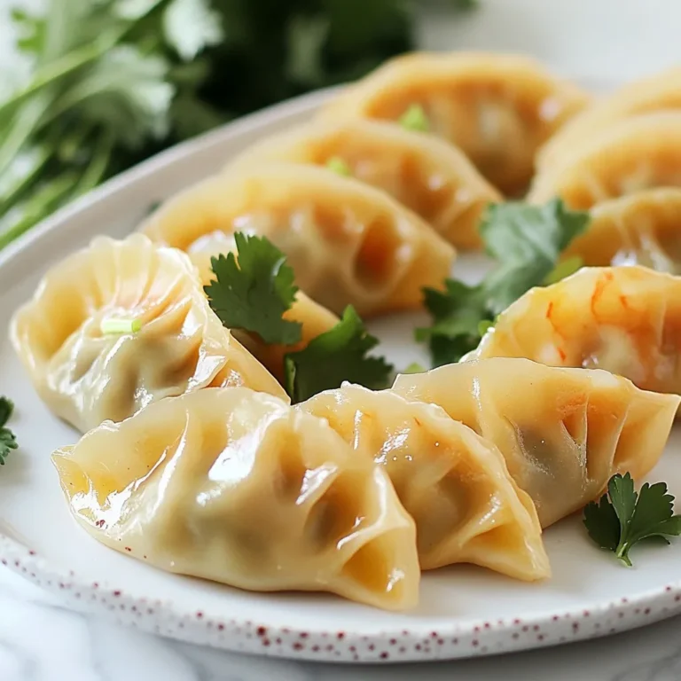Für diese Minute Garnelen-Dumplings benötigst du einige frische Zutaten. Hier sind die Hauptzutaten: - 450 g rohe Garnelen, geschält und entdarmt - 1 Esslöffel Ingwer, fein gehackt - 2 Frühlingszwiebeln, fein gehackt - 1 Knoblauchzehe, gehackt - 1 Esslöffel Sojasauce - 1 Teelöffel Sesamöl - 10-12 runde Dumpling-Wrapper - Salz und Pfeffer nach Geschmack - Frischer Koriander zur Garnierung Diese Zutaten sorgen für einen tollen Geschmack. Die Garnelen geben den Dumplings eine zarte Textur. Ingwer und Knoblauch bringen Frische und Tiefe. Du kannst frische oder gefrorene Garnelen verwenden. Frische Garnelen sind oft zarter und haben einen milden Geschmack. Sie sind ideal, wenn du sie direkt nach dem Kauf verwendest. Gefrorene Garnelen sind praktisch. Du kannst sie einfach auftauen, wenn du bereit bist zu kochen. Achte darauf, die Garnelen gut abzutropfen, um überschüssige Feuchtigkeit zu vermeiden. So bleibt die Füllung fest. Wenn du keine runden Dumpling-Wrapper findest, gibt es Alternativen. Du kannst Wonton-Wrapper verwenden, die dünner sind. Sie haben einen ähnlichen Geschmack und sind leicht zu finden. Eine weitere Option sind selbstgemachte Wrapper aus Mehl und Wasser. Das ist einfach, aber etwas zeitaufwendig. Du kannst auch Tortillas verwenden. Sie sind nicht traditionell, aber sie funktionieren gut für schnelle Dumplings. {{ingredient_image_2}} Zuerst nehme ich die rohen Garnelen, schäle sie und entferne die Därme. Ich gebe sie in eine Küchenmaschine. Dann füge ich fein gehackten Ingwer, Frühlingszwiebeln und Knoblauch hinzu. Es kommt auch Sojasauce und Sesamöl rein. Ich würze mit Salz und Pfeffer. Ich pulse die Mischung, bis sie fast glatt ist. Einige kleine Garnelenstücke sollten sichtbar bleiben. Das sorgt für Textur. Jetzt nehme ich einen Dumpling-Wrapper. Ich gebe etwa einen Teelöffel der Garnelenfüllung in die Mitte. Dann befeuchte ich die Ränder des Wrappers mit Wasser. Ich falte ihn in der Mitte und forme einen Halbmond. Ich drücke die Ränder gut zusammen. So bleibt die Füllung drin. Das mache ich mit allen Wrappers. Ich setze einen Dampfgarer auf den Herd und fülle ihn mit Wasser. Ich bringe das Wasser sanft zum Köcheln. Dann lege ich die Dumplings in den Dampfgarer-Korb. Ich achte darauf, dass sie nicht zusammengepfercht sind. Ich decke den Dampfgarer ab und dämpfe die Dumplings für 5-6 Minuten. Sie sind fertig, wenn die Garnelenfüllung ganz gegart ist. Nach dem Dämpfen lasse ich die Dumplings kurz abkühlen. Vor dem Servieren garniere ich sie mit frischem Koriander. Optional serviere ich eine Dip-Sauce aus Sojasauce und Chilioel. Um die besten Garnelen-Dumplings zu machen, beachte diese Tipps: - Verwende frische Garnelen für den besten Geschmack. - Hacke den Ingwer und die Frühlingszwiebeln fein, damit sie gut vermischen. - Achte darauf, die Dumpling-Wrapper nicht zu lange offen zu lassen. Sie trocknen schnell aus. - Halte das Wasser im Dampfgarer auf mittlerer Hitze. Zu viel Dampf kann die Dumplings matschig machen. Beim Dämpfen der Dumplings gibt es einige häufige Fehler: - Lass genug Platz zwischen den Dumplings im Dampfgarer. Sie dürfen sich nicht berühren. - Decke den Dampfgarer gut ab, damit der Dampf nicht entweicht. - Überdampfe die Dumplings nicht. 5-6 Minuten sind genug! Überprüfe die Garzeit. Garnierungen machen viel aus. Hier sind einige Ideen: - Frischer Koriander verleiht den Dumplings einen frischen Geschmack. - Füge gehackte Erdnüsse für mehr Crunch hinzu. - Verwende Frühlingszwiebeln oder Sesam als tolle Toppings. - Serviere die Dumplings mit einer scharfen Dip-Sauce. Sojasauce mit Chiliöl ist eine gute Wahl. Pro Tipps Frische Garnelen verwenden: Für den besten Geschmack und die beste Textur sollten Sie frische Garnelen anstelle von gefrorenen verwenden, wenn möglich. Dampfgaren: Stellen Sie sicher, dass die Dumplings nicht zu dicht im Dampfgarer liegen, damit der Dampf gleichmäßig zirkulieren kann und sie perfekt gegart werden. Variation der Füllung: Experimentieren Sie mit zusätzlichen Zutaten wie Karotten oder Pilzen für mehr Geschmack und Textur in Ihrer Garnelenfüllung. Dip-Sauce anpassen: Für eine besondere Note können Sie die Sojasauce mit etwas Honig oder Limettensaft mischen, um eine ausgewogene Dip-Sauce zu erhalten. {{image_4}} Wenn du eine vegetarische Variante machen möchtest, ist das einfach. Statt Garnelen kannst du Tofu verwenden. Nimm festen Tofu und zerdrücke ihn gut. Füge dann gehacktes Gemüse hinzu, wie Karotten, Spinat oder Pilze. Du kannst auch die gleiche Füllung wie bei den Garnelen-Dumplings nutzen. Achte darauf, die Gewürze gut anzupassen. Das macht die Füllung lecker und würzig. Die Füllung kannst du ganz leicht anpassen. Probiere verschiedene Gewürze aus. Zum Beispiel, etwas Chili für Schärfe oder Zitronengras für einen frischen Geschmack. Du kannst auch Kräuter wie Basilikum oder Minze verwenden. Diese Kräuter verleihen den Dumplings einen besonderen Kick. Experimentiere ruhig mit verschiedenen Kombinationen, um deinen perfekten Geschmack zu finden. Die richtige Sauce macht alles besser! Eine einfache Sojasauce ist immer gut. Du kannst auch etwas Chilioel hinzufügen, um es schärfer zu machen. Wenn du es süß magst, mische Sojasauce mit Honig. Eine Erdnusssauce passt auch gut zu den Dumplings. Sie ist cremig und lecker. Probiere verschiedene Saucen aus, um deinen Favoriten zu finden. Wenn Sie Dumplings übrig haben, bewahren Sie sie richtig auf. Lassen Sie sie zuerst abkühlen. Legen Sie dann die Dumplings in einen luftdichten Behälter. Trennen Sie die Schichten mit Backpapier, um ein Zusammenkleben zu vermeiden. So bleiben die Dumplings frisch und lecker. Für das Einfrieren sind frische Dumplings ideal. Legen Sie die ungekochten Dumplings auf ein Backblech. Achten Sie darauf, dass sie sich nicht berühren. Frieren Sie sie für etwa eine Stunde ein, bis sie fest sind. Danach können Sie die gefrorenen Dumplings in einen Beutel geben. So haben Sie immer eine schnelle Mahlzeit parat. Gefrorene Dumplings lassen sich einfach aufwärmen. Dämpfen Sie die gefrorenen Dumplings direkt. Stellen Sie den Dampfgarer auf mittlere Hitze. Dämpfen Sie die Dumplings für 8 bis 10 Minuten. Alternativ können Sie sie auch in einer Pfanne mit etwas Wasser braten. So erhalten Sie eine knusprige Außenseite. Genießen Sie die Dumplings warm mit einer leckeren Dip-Sauce! Minute Garnelen-Dumplings sind schnell gemacht. Die Zubereitung dauert etwa 15 Minuten. Das Dämpfen braucht zusätzlich 5-6 Minuten. In nur 25 Minuten sind sie fertig. Fertige Garnelen-Dumplings findet man oft in asiatischen Supermärkten. Auch große Lebensmittelketten haben manchmal welche. Schauen Sie in der Tiefkühlabteilung nach. Dort gibt es viele Marken, die diese anbieten. Zu Dumplings passen viele Beilagen gut. Ein frischer Salat mit Gurken und Karotten ist lecker. Auch gedämpftes Gemüse wie Brokkoli oder Pak Choi passt gut. Eine würzige Sojasauce macht das Essen noch besser. In diesem Artikel haben wir die Themen Zutaten, Zubereitung und Variationen von Garnelen-Dumplings behandelt. Du hast gelernt, welche Zutaten du benötigst und wie du sie zubereitest. Die Tipps helfen dir, fehlerfrei zu dämpfen. Du kannst auch kreative Varianten und Beilagen ausprobieren. Mit diesen Informationen kannst du leckere Dumplings selbst machen und genießen. Viel Spaß beim Kochen und Experimentieren in deiner Küche!