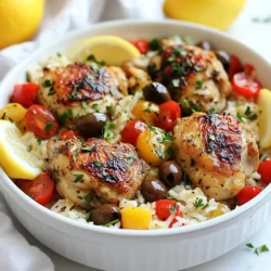 - 4 Hähnchenschenkel ohne Haut und Knochen - 1 Tasse Langkornreis (Basmati oder Jasmin) - 2 Tassen Hühnerbrühe - 1 mittelgroße Zwiebel, gewürfelt - 3 Knoblauchzehen, fein gehackt - 1 Tasse gewürfelte Tomaten - 1 Tasse Paprika (rote und gelbe) - 1/2 Tasse Kalamata-Oliven - 2 Esslöffel Olivenöl - Gewürze: Oregano, Thymian, Paprika - Garnierung: Frische Petersilie und Zitronenspalten Ich liebe es, frische und einfache Zutaten zu nutzen. Die Hähnchenschenkel geben viel Geschmack. Langkornreis ist perfekt, um die Brühe aufzusaugen. Das Gemüse bringt Farbe und Frische ins Gericht. Zwiebeln und Knoblauch sind die Basis für einen tollen Geschmack. Die Tomaten und Paprika sorgen für Saftigkeit und Textur. Kalamata-Oliven bringen eine salzige Note. Die Gewürze sind einfach und machen viel aus. Oregano und Thymian geben das griechische Aroma. Paprika fügt eine süße Tiefe hinzu. Zum Garnieren nutze ich frische Petersilie. Zitronenspalten sind ein Muss! Sie bringen Frische und einen schönen Kontrast. Mit diesen Zutaten wird dein One-Pot Greek Chicken and Rice Gericht einfach köstlich. {{ingredient_image_2}} Zuerst schneide die Zwiebel in kleine Stücke. Du kannst eine scharfe Klinge verwenden, um dies einfach zu machen. Danach hacke den Knoblauch fein. Wenn du das machst, achte darauf, dass er nicht zu groß ist. Das gibt mehr Geschmack. Jetzt würze die Hähnchenschenkel. Du brauchst Salz, Pfeffer, Paprika, Oregano und Thymian. Verteile die Gewürze gleichmäßig auf das Hähnchen. Lass die Aromen einziehen, während du die nächsten Schritte machst. Erhitze zwei Esslöffel Olivenöl in einem großen Topf. Gib die gewürfelte Zwiebel hinein. Brate sie für drei bis vier Minuten. Die Zwiebel sollte glasig sein. Jetzt füge den gehackten Knoblauch hinzu. Röste ihn für eine weitere Minute. Achte darauf, dass er nicht anbrennt, denn dann wird er bitter. Nun kommen die Hähnchenschenkel in den Topf. Brate sie für vier bis fünf Minuten von beiden Seiten an. Sie sollten leicht gebräunt sein. Das gibt dem Hähnchen eine schöne Farbe und einen tollen Geschmack. Nach dem Anbraten gib die gewürfelte Paprika und die Tomaten in den Topf. Rühre alles gut um. Jetzt ist es Zeit, den Reis und die Hühnerbrühe hinzuzufügen. Gieße beides in den Topf und rühre um, damit der Reis gleichmäßig verteilt ist. Bring die Mischung zum Kochen. Wenn es kocht, reduziere die Hitze auf niedrig. Decke den Topf ab und lass das Gericht 20 bis 25 Minuten köcheln. Der Reis sollte die Flüssigkeit aufnehmen und gar sein. In den letzten fünf Minuten der Kochzeit lege die Oliven auf das Gericht. Decke den Topf wieder ab, damit die Oliven warm werden. Wenn das Gericht fertig ist, nimm den Topf vom Herd. Lass ihn zugedeckt für weitere fünf Minuten stehen. Lockere den Reis mit einer Gabel auf. Serviere jede Portion, garniert mit frischer Petersilie und Zitronenspalten an der Seite. So sieht dein Gericht nicht nur gut aus, sondern schmeckt auch köstlich! Um den Geschmack zu verbessern, passe die Gewürze an. Du kannst mehr Oregano oder Thymian hinzufügen. Diese Kräuter bringen den griechischen Flair ins Gericht. Frische Kräuter sind auch eine tolle Wahl. Verwende frische Petersilie oder Basilikum. Sie geben dem Gericht einen frischen Kick. Ein Dutch Oven ist ideal für dieses Rezept. Er hält die Wärme gut und verteilt sie gleichmäßig. So garst du das Hähnchen perfekt. Wenn du keinen Dutch Oven hast, benutze einen großen Topf mit Deckel. Achte darauf, dass er stabil ist, um ein Anbrennen zu vermeiden. Das Anrichten ist wichtig. Lege das Hähnchen auf eine große Platte. So kommen die bunten Paprika und Oliven gut zur Geltung. Drizzle etwas Olivenöl darüber für Glanz. Zitronenspalten an der Seite machen es frisch und einladend. Diese kleinen Details beeindrucken deine Gäste. Pro Tipps Hähnchen marinieren: Wenn du Zeit hast, mariniere die Hähnchenschenkel ein paar Stunden vorher mit Oregano, Zitronensaft und etwas Olivenöl für mehr Geschmack. Reis richtig kochen: Achte darauf, dass du den Reis nach dem Hinzufügen zur Brühe nicht zu oft umrührst, um ein Verkleben zu vermeiden. Oliven hinzufügen: Füge die Oliven erst in den letzten Minuten hinzu, um ihren Geschmack frisch und intensiv zu halten. Variationen ausprobieren: Experimentiere mit anderen Gemüsesorten wie Zucchini oder Auberginen, um zusätzliche Aromen und Texturen zu erhalten. {{image_4}} Für eine vegetarische Version verwende ich Gemüsebrühe. Statt Hähnchen nehme ich pflanzliche Proteine wie Kichererbsen oder Tofu. Diese Zutaten bieten Proteine und einen tollen Geschmack. Du kannst auch mehr Gemüse hinzufügen, wie Zucchini oder Spinat. Diese Mischung macht das Gericht bunt und gesund. Wenn du glutenfrei essen möchtest, ersetze den Reis durch Quinoa oder einen anderen glutenfreien Reis. Achte auch darauf, glutenfreie Brühe zu nutzen. Diese Optionen sind lecker und leicht. Du wirst den Unterschied kaum merken. So bleibt das Gericht für alle geeignet. Liebst du es scharf? Füge einfach etwas Cayennepfeffer oder rote Chiliflocken hinzu. Diese Gewürze bringen mehr Hitze ins Gericht. Du kannst sie gleich zu Beginn beim Anbraten des Hähnchens hinzufügen. Auch frische Jalapeños sind eine gute Wahl. Experimentiere mit der Menge, bis es perfekt für deinen Geschmack ist. Bewahre das One-Pot Greek Chicken and Rice in einem luftdichten Behälter auf. So bleibt es frisch. Die optimale Lagerdauer beträgt etwa 3 bis 4 Tage. Stelle sicher, dass das Gericht auf Raumtemperatur abgekühlt ist, bevor du es in den Kühlschrank stellst. Das Gericht lässt sich gut einfrieren. Teile es in Portionen auf. Lege die Portionen in gefriergeeignete Behälter oder Beutel. Achte darauf, die Luft herauszudrücken, um Gefrierbrand zu vermeiden. Zum Auftauen lege es einfach in den Kühlschrank oder erwärme es direkt in der Mikrowelle. Um den Geschmack zu bewahren, wärme das Gericht langsam auf. Nutze einen Topf bei niedriger Hitze. Füge etwas Hühnerbrühe oder Wasser hinzu, wenn der Reis zu trocken ist. Du kannst auch die Mikrowelle nutzen, aber achte darauf, das Gericht zwischendurch umzurühren, damit es gleichmäßig erwärmt wird. Die Zubereitung dauert insgesamt 45 Minuten. Die Vorbereitungszeit liegt bei etwa 15 Minuten. Die Kochzeit beträgt 30 Minuten. In dieser Zeit wird das Hähnchen schön zart und der Reis nimmt alle Aromen auf. Ja, du kannst das Gericht im Voraus vorbereiten. Koche das Hähnchen und den Reis wie beschrieben. Lass es dann abkühlen und bewahre es in einem luftdichten Behälter im Kühlschrank auf. So bleibt es bis zu drei Tage frisch. Zu diesem Gericht passen viele Beilagen. Ein einfacher griechischer Salat ist eine gute Wahl. Auch Tzatziki mit frischem Brot passt gut dazu. Du kannst auch gedünstetes Gemüse oder einen grünen Salat servieren. Ja, dieses Gericht ist perfekt für Meal Prep. Es lässt sich gut portionieren und aufbewahren. Du kannst es einfach in Behälter füllen und im Kühlschrank lagern. So hast du gesunde Mahlzeiten für die ganze Woche. In diesem Beitrag haben wir die Zutaten und Schritte für das One-Pot Greek Chicken and Rice besprochen. Wir haben die Hauptzutaten und das Gemüse aufgelistet, Tipps zur Zubereitung gegeben und kreative Variationen vorgestellt. Diese leckere Mahlzeit ist einfach und vielseitig. Du kannst sie nach deinem Geschmack anpassen und gut aufbewahren. Experimentiere mit Gewürzen und Garnierungen, um sie einzigartig zu machen. So zauberst du ein Gericht, das beeindruckt und begeistert!