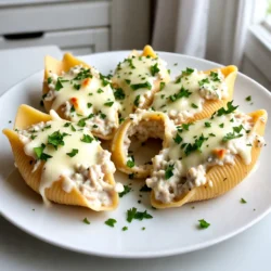 Für dieses Rezept benötigen Sie einige wichtige Zutaten: - 12 große Jumbo-Pasta-Muscheln - 2 Tassen gekochtes Hähnchen, zerrupft - 1 Tasse Ricotta-Käse - 1 Tasse geriebener Mozzarella-Käse (plus extra für das Topping) - 1/2 Tasse geriebener Parmesan-Käse - 2 Tassen Alfredo-Sauce (fertig gekauft oder hausgemacht) - 1 Teelöffel Knoblauchpulver - 1 Teelöffel italienische Gewürzmischung - Salz und Pfeffer nach Geschmack - Frische Petersilie, gehackt (zum Garnieren) Diese Zutaten bringen eine tolle Kombination aus Geschmack und Textur in Ihr Gericht. Die Muscheln sind groß genug, um die Füllung gut zu halten. Wenn Sie einige Zutaten ersetzen möchten, geht das leicht. Hier sind einige Vorschläge: - Verwenden Sie statt Hähnchen Putenfleisch oder Tofu für eine vegetarische Option. - Anstelle von Ricotta können Sie auch Frischkäse verwenden. - Für eine leichtere Variante können Sie fettarme Alfredo-Sauce wählen. - Wenn Sie keinen Parmesan haben, nehmen Sie Pecorino oder einen anderen Hartkäse. Diese Alternativen helfen Ihnen, das Rezept nach Ihrem Geschmack anzupassen. Lassen Sie uns auch einen Blick auf die Nährwerte werfen. Diese gefüllten Muscheln sind reich an Proteinen durch das Hähnchen und die Käse. - Eine Portion hat etwa 400-500 Kalorien. - Der Käse liefert Kalzium und Vitamin A. - Die enthaltenen Kräuter bringen Antioxidantien in Ihr Gericht. Das macht diese Muscheln zu einer guten Wahl für ein herzhaftes Essen. Denken Sie daran, frische Zutaten zu verwenden. So bleibt das Gericht gesund und lecker! {{ingredient_image_2}} Um die Pasta-Muscheln perfekt vorzubereiten, koche ich zuerst einen großen Topf mit gesalzenem Wasser. Sobald das Wasser kocht, gebe ich die Jumbo-Muscheln hinein. Ich halte mich dabei an die Anweisungen auf der Verpackung, bis sie al dente sind. Danach gieße ich die Muscheln ab und lasse sie kurz abkühlen. Dies hilft mir, die Muscheln sicher zu füllen. In einer großen Schüssel vermenge ich das zerrupfte Hähnchen, den Ricotta-Käse und eine Tasse Mozzarella-Käse. Dann füge ich den Parmesan-Käse hinzu. Für den Geschmack gebe ich einen Teelöffel Knoblauchpulver und italienische Gewürze dazu. Ich würze mit Salz und Pfeffer. Anschließend rühre ich alles gut um, bis die Mischung gleichmäßig aussieht. Diese Füllung ist der Schlüssel zu einem köstlichen Gericht. Jetzt kommt der spaßige Teil: die Muscheln füllen! Ich nehme einen Löffel oder einen Spritzbeutel, um die Füllung in jede Muschel zu geben. Achte darauf, nicht zu viel zu füllen, damit sie nicht platzen. Nach dem Füllen lege ich die Muscheln in eine Auflaufform. Ich beginne, die Hälfte der Alfredo-Sauce gleichmäßig auf dem Boden zu verteilen. Dann platziere ich die gefüllten Muscheln mit der Öffnung nach oben darauf. Schließlich gieße ich die restliche Sauce darüber, um sicherzustellen, dass jede Muschel gut bedeckt ist. Zum Schluss streue ich den restlichen Mozzarella-Käse darüber. Die Füllung ist entscheidend für den Geschmack der Muscheln. Ich empfehle, das Hähnchen gut zerrupfen. So wird es gleichmäßig verteilt. Mischen Sie den Ricotta-Käse mit dem zerrupften Hähnchen. Fügen Sie dann die beiden Käsesorten hinzu. Parmesan bringt einen tollen Geschmack. Mozzarella sorgt für eine schöne Schmelzschicht. Achten Sie darauf, die Mischung gut zu würzen. Salz und Pfeffer sind wichtig, um den Geschmack zu heben. Beide Optionen haben ihren Platz in der Küche. Knoblauchpulver ist einfach und schnell. Es verteilt sich gleichmäßig in der Füllung. Frischer Knoblauch gibt einen intensiveren Geschmack. Ich mag frischen Knoblauch, weil er mehr Aroma hat. Wenn Sie frischen Knoblauch verwenden, hacken Sie ihn fein. So verteilt sich der Geschmack besser. Experimentieren Sie je nach Vorliebe und entscheiden Sie selbst. Käse kann den Geschmack Ihrer gefüllten Muscheln verändern. Neben Ricotta und Mozzarella können Sie auch andere Käsesorten ausprobieren. Feta-Käse bringt eine salzige Note. Gouda sorgt für eine süßliche Tiefe. Für einen scharfen Kick verwenden Sie Pepperjack. Lassen Sie Ihrer Kreativität freien Lauf und mischen Sie verschiedene Käsesorten. Das macht das Gericht spannend und einzigartig. Pro Tipps Muscheln richtig kochen: Achten Sie darauf, die Muscheln nicht zu lange zu kochen. Sie sollten al dente sein, damit sie beim Füllen und Backen nicht zerfallen. Variationen der Füllung: Fühlen Sie sich frei, mit der Füllung zu experimentieren! Fügen Sie Spinat, Pilze oder andere Gemüse hinzu, um zusätzliche Aromen und Nährstoffe zu integrieren. Alfredo-Sauce aufpeppen: Für einen intensiveren Geschmack können Sie der Alfredo-Sauce etwas Muskatnuss oder frischen Zitronensaft hinzufügen. Resteverwertung: Diese gefüllten Muscheln lassen sich hervorragend aufwärmen. Bereiten Sie eine größere Menge vor und genießen Sie die Reste am nächsten Tag! {{image_4}} Für eine frische Note können Sie Gemüse zur Füllung hinzufügen. Zucchini, Spinat oder Pilze passen gut. Einfach das Gemüse klein schneiden und kurz anbraten. Mischen Sie es dann mit der Hähnchen-Käse-Mischung. So erhalten Sie mehr Geschmack und Nährstoffe in Ihren Muscheln. Um eine vegane Variante zu machen, ersetzen Sie das Hähnchen durch zerrupften Tofu oder Linsen. Verwenden Sie pflanzliche Käsealternativen, wie veganen Ricotta oder Mozzarella. Für die Sauce können Sie eine cremige Cashew-Sauce oder eine vegane Alfredo-Sauce nutzen. Diese Optionen bieten einen tollen Geschmack und sind tierfrei. Experimentieren Sie mit Gewürzen, um verschiedene Geschmäcker zu erzielen. Fügen Sie Paprika für einen rauchigen Geschmack oder Chili-Flocken für etwas Schärfe hinzu. Auch frische Kräuter wie Basilikum oder Oregano passen gut. Diese Variationen geben Ihren gefüllten Muscheln eine persönliche Note. Um die Hähnchen Alfredo gefüllten Muscheln frisch zu halten, lagere sie in einem luftdichten Behälter. Du kannst sie im Kühlschrank für bis zu drei Tage aufbewahren. Achte darauf, die Muscheln gut abzudecken, damit sie nicht austrocknen. Falls du mehr Muscheln zubereitet hast, kannst du sie einfrieren. Lege die gefüllten Muscheln in eine gefriergeeignete Form. Decke sie gut ab, um Gefrierbrand zu vermeiden. Sie bleiben bis zu drei Monate frisch. Zum Auftauen, lasse sie über Nacht im Kühlschrank. Zum Aufwärmen der Muscheln, heize den Ofen auf 180 °C (350 °F). Lege die Muscheln in eine Auflaufform und decke sie mit Aluminiumfolie ab. Backe sie für etwa 20 Minuten, bis sie heiß sind. So bleiben sie saftig und der Käse schmilzt schön. Ja, du kannst die Muscheln im Voraus zubereiten. Fülle die Muscheln und lege sie in die Auflaufform. Decke sie dann ab und stelle sie in den Kühlschrank. Du kannst sie bis zu zwei Tage im Voraus zubereiten. Wenn du bereit bist, sie zu backen, füge die Alfredo-Sauce hinzu und backe sie, wie im Rezept beschrieben. Die gefüllten Muscheln sind im Kühlschrank etwa drei bis fünf Tage haltbar. Achte darauf, sie in einem luftdichten Behälter zu lagern. Wenn du die Muscheln länger aufbewahren möchtest, kannst du sie einfrieren. In einem gefrierfesten Behälter halten sie sich bis zu drei Monate. Du kannst verschiedene Beilagen zu den gefüllten Muscheln servieren. Ein einfacher grüner Salat passt gut dazu. Auch geröstetes Gemüse oder Knoblauchbrot sind tolle Optionen. Wenn du etwas Frisches möchtest, probiere ein Tomatensalat. Diese Beilagen ergänzen die reichhaltigen Aromen der Muscheln perfekt. Hähnchen-Alfredo gefüllte Muscheln sind einfach und lecker. Du hast gelernt, welche Zutaten du brauchst und wie du sie zubereitest. Tipps wie Knoblauchvarianten und Käseoptionen helfen dir, das Gericht zu verfeinern. Es gibt sogar Möglichkeiten für vegane und gesunde Variationen. Denke daran, die Muscheln richtig zu lagern und zu erwärmen. Mit diesen Informationen kannst du selbst kreativ werden. Viel Spaß beim Kochen und Ausprobieren!