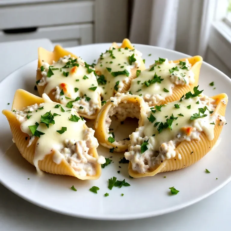 Für dieses Rezept benötigen Sie einige wichtige Zutaten: - 12 große Jumbo-Pasta-Muscheln - 2 Tassen gekochtes Hähnchen, zerrupft - 1 Tasse Ricotta-Käse - 1 Tasse geriebener Mozzarella-Käse (plus extra für das Topping) - 1/2 Tasse geriebener Parmesan-Käse - 2 Tassen Alfredo-Sauce (fertig gekauft oder hausgemacht) - 1 Teelöffel Knoblauchpulver - 1 Teelöffel italienische Gewürzmischung - Salz und Pfeffer nach Geschmack - Frische Petersilie, gehackt (zum Garnieren) Diese Zutaten bringen eine tolle Kombination aus Geschmack und Textur in Ihr Gericht. Die Muscheln sind groß genug, um die Füllung gut zu halten. Wenn Sie einige Zutaten ersetzen möchten, geht das leicht. Hier sind einige Vorschläge: - Verwenden Sie statt Hähnchen Putenfleisch oder Tofu für eine vegetarische Option. - Anstelle von Ricotta können Sie auch Frischkäse verwenden. - Für eine leichtere Variante können Sie fettarme Alfredo-Sauce wählen. - Wenn Sie keinen Parmesan haben, nehmen Sie Pecorino oder einen anderen Hartkäse. Diese Alternativen helfen Ihnen, das Rezept nach Ihrem Geschmack anzupassen. Lassen Sie uns auch einen Blick auf die Nährwerte werfen. Diese gefüllten Muscheln sind reich an Proteinen durch das Hähnchen und die Käse. - Eine Portion hat etwa 400-500 Kalorien. - Der Käse liefert Kalzium und Vitamin A. - Die enthaltenen Kräuter bringen Antioxidantien in Ihr Gericht. Das macht diese Muscheln zu einer guten Wahl für ein herzhaftes Essen. Denken Sie daran, frische Zutaten zu verwenden. So bleibt das Gericht gesund und lecker! {{ingredient_image_2}} Um die Pasta-Muscheln perfekt vorzubereiten, koche ich zuerst einen großen Topf mit gesalzenem Wasser. Sobald das Wasser kocht, gebe ich die Jumbo-Muscheln hinein. Ich halte mich dabei an die Anweisungen auf der Verpackung, bis sie al dente sind. Danach gieße ich die Muscheln ab und lasse sie kurz abkühlen. Dies hilft mir, die Muscheln sicher zu füllen. In einer großen Schüssel vermenge ich das zerrupfte Hähnchen, den Ricotta-Käse und eine Tasse Mozzarella-Käse. Dann füge ich den Parmesan-Käse hinzu. Für den Geschmack gebe ich einen Teelöffel Knoblauchpulver und italienische Gewürze dazu. Ich würze mit Salz und Pfeffer. Anschließend rühre ich alles gut um, bis die Mischung gleichmäßig aussieht. Diese Füllung ist der Schlüssel zu einem köstlichen Gericht. Jetzt kommt der spaßige Teil: die Muscheln füllen! Ich nehme einen Löffel oder einen Spritzbeutel, um die Füllung in jede Muschel zu geben. Achte darauf, nicht zu viel zu füllen, damit sie nicht platzen. Nach dem Füllen lege ich die Muscheln in eine Auflaufform. Ich beginne, die Hälfte der Alfredo-Sauce gleichmäßig auf dem Boden zu verteilen. Dann platziere ich die gefüllten Muscheln mit der Öffnung nach oben darauf. Schließlich gieße ich die restliche Sauce darüber, um sicherzustellen, dass jede Muschel gut bedeckt ist. Zum Schluss streue ich den restlichen Mozzarella-Käse darüber. Die Füllung ist entscheidend für den Geschmack der Muscheln. Ich empfehle, das Hähnchen gut zerrupfen. So wird es gleichmäßig verteilt. Mischen Sie den Ricotta-Käse mit dem zerrupften Hähnchen. Fügen Sie dann die beiden Käsesorten hinzu. Parmesan bringt einen tollen Geschmack. Mozzarella sorgt für eine schöne Schmelzschicht. Achten Sie darauf, die Mischung gut zu würzen. Salz und Pfeffer sind wichtig, um den Geschmack zu heben. Beide Optionen haben ihren Platz in der Küche. Knoblauchpulver ist einfach und schnell. Es verteilt sich gleichmäßig in der Füllung. Frischer Knoblauch gibt einen intensiveren Geschmack. Ich mag frischen Knoblauch, weil er mehr Aroma hat. Wenn Sie frischen Knoblauch verwenden, hacken Sie ihn fein. So verteilt sich der Geschmack besser. Experimentieren Sie je nach Vorliebe und entscheiden Sie selbst. Käse kann den Geschmack Ihrer gefüllten Muscheln verändern. Neben Ricotta und Mozzarella können Sie auch andere Käsesorten ausprobieren. Feta-Käse bringt eine salzige Note. Gouda sorgt für eine süßliche Tiefe. Für einen scharfen Kick verwenden Sie Pepperjack. Lassen Sie Ihrer Kreativität freien Lauf und mischen Sie verschiedene Käsesorten. Das macht das Gericht spannend und einzigartig. Pro Tipps Muscheln richtig kochen: Achten Sie darauf, die Muscheln nicht zu lange zu kochen. Sie sollten al dente sein, damit sie beim Füllen und Backen nicht zerfallen. Variationen der Füllung: Fühlen Sie sich frei, mit der Füllung zu experimentieren! Fügen Sie Spinat, Pilze oder andere Gemüse hinzu, um zusätzliche Aromen und Nährstoffe zu integrieren. Alfredo-Sauce aufpeppen: Für einen intensiveren Geschmack können Sie der Alfredo-Sauce etwas Muskatnuss oder frischen Zitronensaft hinzufügen. Resteverwertung: Diese gefüllten Muscheln lassen sich hervorragend aufwärmen. Bereiten Sie eine größere Menge vor und genießen Sie die Reste am nächsten Tag! {{image_4}} Für eine frische Note können Sie Gemüse zur Füllung hinzufügen. Zucchini, Spinat oder Pilze passen gut. Einfach das Gemüse klein schneiden und kurz anbraten. Mischen Sie es dann mit der Hähnchen-Käse-Mischung. So erhalten Sie mehr Geschmack und Nährstoffe in Ihren Muscheln. Um eine vegane Variante zu machen, ersetzen Sie das Hähnchen durch zerrupften Tofu oder Linsen. Verwenden Sie pflanzliche Käsealternativen, wie veganen Ricotta oder Mozzarella. Für die Sauce können Sie eine cremige Cashew-Sauce oder eine vegane Alfredo-Sauce nutzen. Diese Optionen bieten einen tollen Geschmack und sind tierfrei. Experimentieren Sie mit Gewürzen, um verschiedene Geschmäcker zu erzielen. Fügen Sie Paprika für einen rauchigen Geschmack oder Chili-Flocken für etwas Schärfe hinzu. Auch frische Kräuter wie Basilikum oder Oregano passen gut. Diese Variationen geben Ihren gefüllten Muscheln eine persönliche Note. Um die Hähnchen Alfredo gefüllten Muscheln frisch zu halten, lagere sie in einem luftdichten Behälter. Du kannst sie im Kühlschrank für bis zu drei Tage aufbewahren. Achte darauf, die Muscheln gut abzudecken, damit sie nicht austrocknen. Falls du mehr Muscheln zubereitet hast, kannst du sie einfrieren. Lege die gefüllten Muscheln in eine gefriergeeignete Form. Decke sie gut ab, um Gefrierbrand zu vermeiden. Sie bleiben bis zu drei Monate frisch. Zum Auftauen, lasse sie über Nacht im Kühlschrank. Zum Aufwärmen der Muscheln, heize den Ofen auf 180 °C (350 °F). Lege die Muscheln in eine Auflaufform und decke sie mit Aluminiumfolie ab. Backe sie für etwa 20 Minuten, bis sie heiß sind. So bleiben sie saftig und der Käse schmilzt schön. Ja, du kannst die Muscheln im Voraus zubereiten. Fülle die Muscheln und lege sie in die Auflaufform. Decke sie dann ab und stelle sie in den Kühlschrank. Du kannst sie bis zu zwei Tage im Voraus zubereiten. Wenn du bereit bist, sie zu backen, füge die Alfredo-Sauce hinzu und backe sie, wie im Rezept beschrieben. Die gefüllten Muscheln sind im Kühlschrank etwa drei bis fünf Tage haltbar. Achte darauf, sie in einem luftdichten Behälter zu lagern. Wenn du die Muscheln länger aufbewahren möchtest, kannst du sie einfrieren. In einem gefrierfesten Behälter halten sie sich bis zu drei Monate. Du kannst verschiedene Beilagen zu den gefüllten Muscheln servieren. Ein einfacher grüner Salat passt gut dazu. Auch geröstetes Gemüse oder Knoblauchbrot sind tolle Optionen. Wenn du etwas Frisches möchtest, probiere ein Tomatensalat. Diese Beilagen ergänzen die reichhaltigen Aromen der Muscheln perfekt. Hähnchen-Alfredo gefüllte Muscheln sind einfach und lecker. Du hast gelernt, welche Zutaten du brauchst und wie du sie zubereitest. Tipps wie Knoblauchvarianten und Käseoptionen helfen dir, das Gericht zu verfeinern. Es gibt sogar Möglichkeiten für vegane und gesunde Variationen. Denke daran, die Muscheln richtig zu lagern und zu erwärmen. Mit diesen Informationen kannst du selbst kreativ werden. Viel Spaß beim Kochen und Ausprobieren!