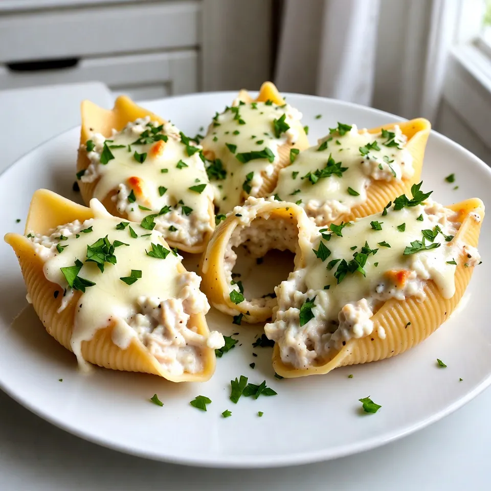 Für dieses Rezept benötigen Sie einige wichtige Zutaten: - 12 große Jumbo-Pasta-Muscheln - 2 Tassen gekochtes Hähnchen, zerrupft - 1 Tasse Ricotta-Käse - 1 Tasse geriebener Mozzarella-Käse (plus extra für das Topping) - 1/2 Tasse geriebener Parmesan-Käse - 2 Tassen Alfredo-Sauce (fertig gekauft oder hausgemacht) - 1 Teelöffel Knoblauchpulver - 1 Teelöffel italienische Gewürzmischung - Salz und Pfeffer nach Geschmack - Frische Petersilie, gehackt (zum Garnieren) Diese Zutaten bringen eine tolle Kombination aus Geschmack und Textur in Ihr Gericht. Die Muscheln sind groß genug, um die Füllung gut zu halten. Wenn Sie einige Zutaten ersetzen möchten, geht das leicht. Hier sind einige Vorschläge: - Verwenden Sie statt Hähnchen Putenfleisch oder Tofu für eine vegetarische Option. - Anstelle von Ricotta können Sie auch Frischkäse verwenden. - Für eine leichtere Variante können Sie fettarme Alfredo-Sauce wählen. - Wenn Sie keinen Parmesan haben, nehmen Sie Pecorino oder einen anderen Hartkäse. Diese Alternativen helfen Ihnen, das Rezept nach Ihrem Geschmack anzupassen. Lassen Sie uns auch einen Blick auf die Nährwerte werfen. Diese gefüllten Muscheln sind reich an Proteinen durch das Hähnchen und die Käse. - Eine Portion hat etwa 400-500 Kalorien. - Der Käse liefert Kalzium und Vitamin A. - Die enthaltenen Kräuter bringen Antioxidantien in Ihr Gericht. Das macht diese Muscheln zu einer guten Wahl für ein herzhaftes Essen. Denken Sie daran, frische Zutaten zu verwenden. So bleibt das Gericht gesund und lecker! {{ingredient_image_2}} Um die Pasta-Muscheln perfekt vorzubereiten, koche ich zuerst einen großen Topf mit gesalzenem Wasser. Sobald das Wasser kocht, gebe ich die Jumbo-Muscheln hinein. Ich halte mich dabei an die Anweisungen auf der Verpackung, bis sie al dente sind. Danach gieße ich die Muscheln ab und lasse sie kurz abkühlen. Dies hilft mir, die Muscheln sicher zu füllen. In einer großen Schüssel vermenge ich das zerrupfte Hähnchen, den Ricotta-Käse und eine Tasse Mozzarella-Käse. Dann füge ich den Parmesan-Käse hinzu. Für den Geschmack gebe ich einen Teelöffel Knoblauchpulver und italienische Gewürze dazu. Ich würze mit Salz und Pfeffer. Anschließend rühre ich alles gut um, bis die Mischung gleichmäßig aussieht. Diese Füllung ist der Schlüssel zu einem köstlichen Gericht. Jetzt kommt der spaßige Teil: die Muscheln füllen! Ich nehme einen Löffel oder einen Spritzbeutel, um die Füllung in jede Muschel zu geben. Achte darauf, nicht zu viel zu füllen, damit sie nicht platzen. Nach dem Füllen lege ich die Muscheln in eine Auflaufform. Ich beginne, die Hälfte der Alfredo-Sauce gleichmäßig auf dem Boden zu verteilen. Dann platziere ich die gefüllten Muscheln mit der Öffnung nach oben darauf. Schließlich gieße ich die restliche Sauce darüber, um sicherzustellen, dass jede Muschel gut bedeckt ist. Zum Schluss streue ich den restlichen Mozzarella-Käse darüber. Die Füllung ist entscheidend für den Geschmack der Muscheln. Ich empfehle, das Hähnchen gut zerrupfen. So wird es gleichmäßig verteilt. Mischen Sie den Ricotta-Käse mit dem zerrupften Hähnchen. Fügen Sie dann die beiden Käsesorten hinzu. Parmesan bringt einen tollen Geschmack. Mozzarella sorgt für eine schöne Schmelzschicht. Achten Sie darauf, die Mischung gut zu würzen. Salz und Pfeffer sind wichtig, um den Geschmack zu heben. Beide Optionen haben ihren Platz in der Küche. Knoblauchpulver ist einfach und schnell. Es verteilt sich gleichmäßig in der Füllung. Frischer Knoblauch gibt einen intensiveren Geschmack. Ich mag frischen Knoblauch, weil er mehr Aroma hat. Wenn Sie frischen Knoblauch verwenden, hacken Sie ihn fein. So verteilt sich der Geschmack besser. Experimentieren Sie je nach Vorliebe und entscheiden Sie selbst. Käse kann den Geschmack Ihrer gefüllten Muscheln verändern. Neben Ricotta und Mozzarella können Sie auch andere Käsesorten ausprobieren. Feta-Käse bringt eine salzige Note. Gouda sorgt für eine süßliche Tiefe. Für einen scharfen Kick verwenden Sie Pepperjack. Lassen Sie Ihrer Kreativität freien Lauf und mischen Sie verschiedene Käsesorten. Das macht das Gericht spannend und einzigartig. Pro Tipps Muscheln richtig kochen: Achten Sie darauf, die Muscheln nicht zu lange zu kochen. Sie sollten al dente sein, damit sie beim Füllen und Backen nicht zerfallen. Variationen der Füllung: Fühlen Sie sich frei, mit der Füllung zu experimentieren! Fügen Sie Spinat, Pilze oder andere Gemüse hinzu, um zusätzliche Aromen und Nährstoffe zu integrieren. Alfredo-Sauce aufpeppen: Für einen intensiveren Geschmack können Sie der Alfredo-Sauce etwas Muskatnuss oder frischen Zitronensaft hinzufügen. Resteverwertung: Diese gefüllten Muscheln lassen sich hervorragend aufwärmen. Bereiten Sie eine größere Menge vor und genießen Sie die Reste am nächsten Tag! {{image_4}} Für eine frische Note können Sie Gemüse zur Füllung hinzufügen. Zucchini, Spinat oder Pilze passen gut. Einfach das Gemüse klein schneiden und kurz anbraten. Mischen Sie es dann mit der Hähnchen-Käse-Mischung. So erhalten Sie mehr Geschmack und Nährstoffe in Ihren Muscheln. Um eine vegane Variante zu machen, ersetzen Sie das Hähnchen durch zerrupften Tofu oder Linsen. Verwenden Sie pflanzliche Käsealternativen, wie veganen Ricotta oder Mozzarella. Für die Sauce können Sie eine cremige Cashew-Sauce oder eine vegane Alfredo-Sauce nutzen. Diese Optionen bieten einen tollen Geschmack und sind tierfrei. Experimentieren Sie mit Gewürzen, um verschiedene Geschmäcker zu erzielen. Fügen Sie Paprika für einen rauchigen Geschmack oder Chili-Flocken für etwas Schärfe hinzu. Auch frische Kräuter wie Basilikum oder Oregano passen gut. Diese Variationen geben Ihren gefüllten Muscheln eine persönliche Note. Um die Hähnchen Alfredo gefüllten Muscheln frisch zu halten, lagere sie in einem luftdichten Behälter. Du kannst sie im Kühlschrank für bis zu drei Tage aufbewahren. Achte darauf, die Muscheln gut abzudecken, damit sie nicht austrocknen. Falls du mehr Muscheln zubereitet hast, kannst du sie einfrieren. Lege die gefüllten Muscheln in eine gefriergeeignete Form. Decke sie gut ab, um Gefrierbrand zu vermeiden. Sie bleiben bis zu drei Monate frisch. Zum Auftauen, lasse sie über Nacht im Kühlschrank. Zum Aufwärmen der Muscheln, heize den Ofen auf 180 °C (350 °F). Lege die Muscheln in eine Auflaufform und decke sie mit Aluminiumfolie ab. Backe sie für etwa 20 Minuten, bis sie heiß sind. So bleiben sie saftig und der Käse schmilzt schön. Ja, du kannst die Muscheln im Voraus zubereiten. Fülle die Muscheln und lege sie in die Auflaufform. Decke sie dann ab und stelle sie in den Kühlschrank. Du kannst sie bis zu zwei Tage im Voraus zubereiten. Wenn du bereit bist, sie zu backen, füge die Alfredo-Sauce hinzu und backe sie, wie im Rezept beschrieben. Die gefüllten Muscheln sind im Kühlschrank etwa drei bis fünf Tage haltbar. Achte darauf, sie in einem luftdichten Behälter zu lagern. Wenn du die Muscheln länger aufbewahren möchtest, kannst du sie einfrieren. In einem gefrierfesten Behälter halten sie sich bis zu drei Monate. Du kannst verschiedene Beilagen zu den gefüllten Muscheln servieren. Ein einfacher grüner Salat passt gut dazu. Auch geröstetes Gemüse oder Knoblauchbrot sind tolle Optionen. Wenn du etwas Frisches möchtest, probiere ein Tomatensalat. Diese Beilagen ergänzen die reichhaltigen Aromen der Muscheln perfekt. Hähnchen-Alfredo gefüllte Muscheln sind einfach und lecker. Du hast gelernt, welche Zutaten du brauchst und wie du sie zubereitest. Tipps wie Knoblauchvarianten und Käseoptionen helfen dir, das Gericht zu verfeinern. Es gibt sogar Möglichkeiten für vegane und gesunde Variationen. Denke daran, die Muscheln richtig zu lagern und zu erwärmen. Mit diesen Informationen kannst du selbst kreativ werden. Viel Spaß beim Kochen und Ausprobieren!