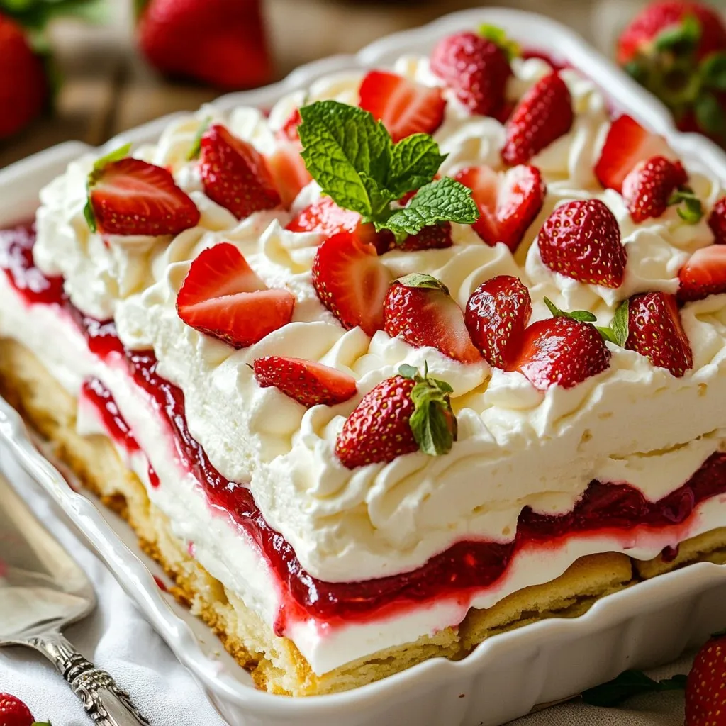 - 2 Tassen Schlagsahne - 1/2 Tasse Puderzucker - 1 Teelöffel Vanilleextrakt Die Hauptzutaten machen den Erdbeer-Shortcake-Eisboxkuchen so lecker. Schlagsahne verleiht dem Kuchen seine cremige Textur. Der Puderzucker sorgt für die süße Note. Vanilleextrakt bringt ein tolles Aroma in die Sahne. Diese Mischung ist einfach und schnell zu machen. - 2 Tassen frische Erdbeeren, geputzt und in Scheiben geschnitten - Frische Minzeblätter zur Dekoration (optional) Frische Erdbeeren sind der Star des Kuchens. Sie geben nicht nur Farbe, sondern auch Geschmack. Achte darauf, reife und süße Erdbeeren zu wählen. Minzeblätter sind eine schöne Ergänzung. Sie bringen eine frische Note und machen das Dessert noch ansprechender. - 24 gekaufte Löffelbiskuits (Savoiardi) - 1 Tasse Erdbeermarmelade Löffelbiskuits sind die perfekte Basis für die Schichten. Sie sind leicht und saugfähig. So nehmen sie die Feuchtigkeit der Sahne und Marmelade auf. Erdbeermarmelade fügt eine zusätzliche Schicht Geschmack hinzu. Diese Kombination macht den Kuchen noch besser. {{ingredient_image_2}} Zuerst bereiten wir die Sahne vor. Nimm eine große Rührschüssel. Gib die Schlagsahne, den Puderzucker und den Vanilleextrakt hinein. Mit einem elektrischen Mixer schlägst du die Mischung auf. Halte den Mixer auf mittlerer Geschwindigkeit. Dies dauert etwa 3 bis 5 Minuten. Wenn du steife Spitzen siehst, ist die Sahne bereit. Sie sollte dick und cremig sein. Jetzt kommt der spannende Teil: den Schichtaufbau. Nimm eine 9x13 Zoll große Auflaufform. Lege den Boden mit Löffelbiskuits aus. Achte darauf, dass die Kekse dicht beieinander liegen. Danach streichst du eine dünne Schicht Erdbeermarmelade gleichmäßig über die Kekse. Es sollte eine schöne, süße Schicht sein. Jetzt kommt die aufgeschlagene Sahne. Verteile sie glatt über die Marmelade. Dann legst du die Hälfte der geschnittenen Erdbeeren gleichmäßig darüber. Jetzt wiederholst du die Schichten. Füge eine weitere Schicht Löffelbiskuits hinzu, gefolgt von Marmelade und Sahne. Dann verteile die restlichen Erdbeeren darauf. Zum Schluss gibst du eine letzte Schicht aufgeschlagener Sahne oben drauf. Glätte sie vorsichtig. Diese Schichten machen deinen Erdbeer-Shortcake-Eisboxkuchen besonders lecker. Decke die Auflaufform mit Frischhaltefolie ab. Stelle sie für mindestens 4 Stunden in den Kühlschrank. Am besten über Nacht. So werden die Aromen intensiv und die Kekse weich. Um die Sahne perfekt aufzuschlagen, benutze eine kalte Schüssel. Kalte Utensilien helfen der Sahne, schneller steif zu werden. Schlage die Sahne bei mittlerer Geschwindigkeit. Achte darauf, nicht zu lange zu schlagen. Sonst wird die Sahne butterartig. Der Puderzucker sorgt für eine feine Süße und Stabilität. Vanilleextrakt bringt einen tollen Geschmack hinein. Die Löffelbiskuits brauchen Zeit, um weich zu werden. Lege sie dicht nebeneinander in die Form. Streiche die Erdbeermarmelade gleichmäßig darauf. Danach kommt die Sahne. Kühl den Kuchen mindestens vier Stunden. Ideal ist eine ganze Nacht im Kühlschrank. So ziehen die Aromen gut ein, und die Kekse werden weich und saftig. Präsentiere den Kuchen schön auf einem großen Teller. Eine letzte Schicht Sahne oben sorgt für einen tollen Look. Garniere den Kuchen mit frischen Erdbeeren und Minzeblättern. Das gibt Farbe und frischen Geschmack. Du kannst auch Schokoladensplitter oder Nüsse hinzufügen. So wird der Kuchen noch interessanter. Pro Tipps Frische Erdbeeren verwenden: Verwenden Sie frische, reife Erdbeeren für den besten Geschmack und die beste Textur in Ihrem Eisboxkuchen. Kühlzeit beachten: Lassen Sie den Kuchen mindestens 4 Stunden oder über Nacht kühlen, damit die Aromen gut durchziehen und die Löffelbiskuits die richtige Konsistenz erreichen. Variationen ausprobieren: Experimentieren Sie mit anderen Früchten wie Himbeeren oder Blaubeeren für eine interessante Geschmacksvielfalt. Servieren mit Stil: Dekorieren Sie den Kuchen vor dem Servieren mit zusätzlichen frischen Erdbeeren und Minzeblättern für eine ansprechende Präsentation. {{image_4}} Du kannst auch andere Beeren verwenden. Himbeeren und Blaubeeren sind großartige Alternativen. Sie bringen neue Farben und Geschmäcker. Wenn du Himbeeren nimmst, werden sie süß und leicht sauer. Blaubeeren sind süß und saftig. Das macht den Kuchen spannend und lecker. Du kannst die Beeren einfach schichten, wie die Erdbeeren. Für eine pflanzliche Option kannst du die Sahne ersetzen. Verwende Kokosnusscreme oder pflanzliche Sahne. Du kannst auch Agavendicksaft anstelle von Puderzucker nehmen. Die Löffelbiskuits sind oft nicht vegan. Suche nach veganen Keksen oder mache sie selbst. So kannst du einen köstlichen veganen Erdbeer-Shortcake-Eisboxkuchen genießen. Es gibt viele Aromen, die du in die Sahne einfügen kannst. Probiere Mandel- oder Karamellextrakt für einen neuen Geschmack. Eine Prise Zimt kann auch einen tollen Effekt haben. Du kannst sogar etwas Zitronenschale hinzufügen. Das macht die Sahne frisch und fruchtig. Experimentiere mit diesen Aromen, um deinen perfekten Kuchen zu finden. Um den Erdbeer-Shortcake-Eisboxkuchen frisch zu halten, decken Sie ihn gut ab. Verwenden Sie Frischhaltefolie oder einen Deckel. So bleibt der Kuchen zart und lecker. Lagern Sie ihn im Kühlschrank. Dort hält er sich bis zu fünf Tage. Achten Sie darauf, dass keine starken Gerüche in der Nähe sind. Diese können den Geschmack beeinflussen. Am besten machen Sie den Kuchen einen Tag vorher. So haben die Aromen Zeit, sich gut zu vermischen. Mindestens vier Stunden im Kühlschrank sind nötig. Wenn Sie also Gäste erwarten, planen Sie dies ein. Ein kühler, gut durchgezogener Kuchen schmeckt einfach besser. Ja, Sie können den Kuchen einfrieren! Wickeln Sie ihn fest in Folie ein und geben Sie ihn in einen luftdichten Behälter. So bleibt er bis zu drei Monate frisch. Zum Servieren, nehmen Sie den Kuchen aus dem Gefrierfach. Lassen Sie ihn im Kühlschrank auftauen, bis er weich ist. So schmeckt er wie frisch gemacht. Der Erdbeer-Shortcake-Eisboxkuchen bleibt im Kühlschrank etwa 3 bis 5 Tage frisch. Achte darauf, dass du ihn gut abdeckst. Am besten nutzt du Frischhaltefolie. So bleibt der Kuchen saftig und die Aromen erhalten sich. Ja, du kannst den Kuchen im Voraus machen. Ich empfehle, ihn einen Tag vorher zuzubereiten. So haben die Schichten genug Zeit, um gut durchzuziehen. Der Kuchen schmeckt dann noch besser! Einfach im Kühlschrank aufbewahren, bis du ihn servierst. Wenn du keine Löffelbiskuits hast, kannst du auch andere Kekse verwenden. Gute Alternativen sind Butterkekse oder sogar zerbröselte Graham-Cracker. Diese geben dem Kuchen einen anderen Geschmack, passen aber trotzdem gut dazu. In diesem Artikel haben wir alles über den Erdbeer-Shortcake-Eisboxkuchen besprochen. Du hast gelernt, welche Hauptzutaten du brauchst und wie du die Sahne perfekt zubereitest. Außerdem haben wir verschiedene Variationen und Aufbewahrungstipps durchgenommen. Denke daran, die Schichten gut aufzubauen und deine Sahne richtig zu schlagen. Egal, ob du frische Erdbeeren oder vegane Optionen wählst, du wirst sicher einen leckeren Kuchen zaubern. Viel Spaß beim Ausprobieren!