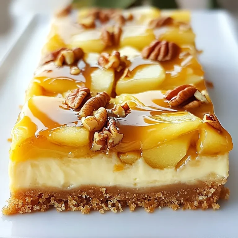 Für diese köstlichen Riegel brauchst du einige Hauptzutaten. Hier ist die Liste: - 2 Tassen Graham-Cracker-Brösel - 1/2 Tasse ungesalzene Butter, geschmolzen - 1/4 Tasse Kristallzucker - 450 g Frischkäse, weich gerührt - 200 g Kristallzucker - 1 Teelöffel Vanilleextrakt - 3 große Eier - 2 Tassen Äpfel, geschält, entkernt und gewürfelt - 1 Teelöffel Zimt - 1/2 Tasse Karamellsauce - Extra Karamell zum Verzieren - Gehackte Pekannüsse oder Walnüsse (optional) Diese Zutaten machen die Riegel cremig und lecker. Die Kombination aus Käsekuchen und Äpfeln ist einfach himmlisch. Ich empfehle die Granny Smith Äpfel für dieses Rezept. Diese Äpfel sind knackig und sauer. Ihre Frische passt perfekt zu der süßen Karamellsauce. Andere Äpfel können auch funktionieren, aber Granny Smith hebt den Geschmack wirklich hervor. Wenn du keine ungesalzene Butter hast, gibt es Alternativen. Du kannst Margarine verwenden, aber achte darauf, dass sie gut schmeckt. Ein weiterer guter Ersatz ist Kokosöl. Es gibt den Riegeln einen leichten Kokosgeschmack. Diese Optionen helfen, die Textur und den Geschmack der Kruste zu erhalten. {{ingredient_image_2}} Heize deinen Ofen auf 160°C (325°F) vor. Nimm eine 23x23 cm (9x9 Zoll) große Backform. Lege die Form mit Backpapier aus. Lass etwas Papier über die Kanten hängen. So kannst du die Riegel später leicht herausnehmen. In einer mittleren Schüssel vermenge 2 Tassen Graham-Cracker-Brösel, 1/2 Tasse geschmolzene Butter und 1/4 Tasse Kristallzucker. Rühre alles gut um, bis die Brösel gleichmäßig benetzt sind. Drücke die Mischung fest auf den Boden der Backform. Backe die Kruste für etwa 10 Minuten, bis sie leicht goldbraun ist. Lass sie kurz abkühlen. In einer großen Schüssel rühre 450 g Frischkäse mit 200 g Zucker glatt. Füge 1 Teelöffel Vanilleextrakt hinzu und mische gut. Gib die 3 Eier einzeln dazu. Mische auf niedriger Stufe, bis alles gut vermengt ist. Achte darauf, nicht zu übermixen. In einer separaten Schüssel vermenge 2 Tassen gewürfelte Äpfel mit 1 Teelöffel Zimt. Hebe die Äpfel vorsichtig unter die Käsekuchenmasse. Gieße die Käsekuchenmasse über die abgekühlte Kruste. Beträufle die Mischung mit 1/2 Tasse Karamellsauce. Verwende ein Messer, um das Karamell sanft durch die Masse zu ziehen. Backe das Ganze 45-55 Minuten, bis die Mitte fest, aber noch leicht wackelig ist. Die Ränder sollten aufgegangen sein. Nimm den Käsekuchen aus dem Ofen und lasse ihn in der Form auf einem Kuchengitter für mindestens 30 Minuten abkühlen. Decke ihn ab und stelle ihn für mindestens 4 Stunden in den Kühlschrank. So wird er fest. Nach dem Kühlen hebe die Riegel mithilfe des Backpapiers aus der Form. Schneide sie in Quadrate oder Rechtecke. Serviere sie mit extra Karamellsauce und gehackten Nüssen, wenn du magst. Um die perfekte Kruste zu erzielen, achte auf die Mischung. Mische die Graham-Cracker-Brösel, die geschmolzene Butter und den Zucker gut. Drücke die Mischung fest in die Backform. So bleibt die Kruste stabil. Backe sie kurz, bis sie goldbraun ist. Lass die Kruste dann abkühlen, bevor du die Füllung hinzufügst. Übermixen kann die Füllung luftig machen. Mixe den Frischkäse und den Zucker nur kurz. Füge die Eier einzeln hinzu und rühre nur bis sie gut vermischt sind. Wenn du zu lange rührst, wird der Käsekuchen nicht fest. Sanftes Unterheben der Äpfel ist auch wichtig. So bleiben sie ganz und verleihen mehr Geschmack. Eine selbstgemachte Karamellsauce schmeckt toll. Sie ist frisch und kann nach deinem Geschmack angepasst werden. Du kannst die Süße und die Konsistenz ändern. Wenn du wenig Zeit hast, ist gekaufte Karamellsauce eine gute Wahl. Sie ist schnell und einfach zu verwenden. Achte aber darauf, eine hochwertige Marke zu wählen. So bleibt der Geschmack gut. Pro Tipps Die richtige Apfelsorte wählen: Für die besten Ergebnisse empfehlen sich Granny Smith Äpfel, da sie eine schöne Säure bieten, die gut mit der Süße des Käsekuchens harmoniert. Übermixen vermeiden: Achte darauf, die Eier nur kurz und auf niedriger Stufe unterzuarbeiten, um eine luftige und cremige Textur zu erhalten. Kühlen nicht vergessen: Lasse den Käsekuchen nach dem Backen ausreichend im Kühlschrank abkühlen, damit er die perfekte Festigkeit erreicht und sich gut schneiden lässt. Karamell kreativ einsetzen: Füge zusätzliches Karamell zwischen die Schichten oder als Topping hinzu, um den Geschmack noch intensiver zu machen. {{image_4}} Die Karamell-Apfel-Käsekuchen-Riegel haben ihren Ursprung in der klassischen Käsekuchen-Tradition. Viele Rezepte nutzen Käsekuchen als Basis und fügen fruchtige Elemente hinzu. In diesem Rezept habe ich die Kombination von Äpfeln und Karamell gewählt. Granny Smith Äpfel bringen einen tollen Geschmack. Sie sind süß und sauer zugleich. Du kannst auch andere Apfelsorten ausprobieren, wie Honeycrisp oder Fuji. Diese bringen eine andere Süße und Textur. Für die Toppings gibt es viele Möglichkeiten. Du kannst Schlagsahne hinzufügen, um die Riegel noch cremiger zu machen. Ein paar gehackte Pekannüsse oder Walnüsse geben einen knusprigen Biss. Du kannst auch mehr Karamellsauce oben drauf träufeln. Eine Prise Zimt oder Muskatnuss sorgt für zusätzlichen Geschmack. Wenn du es schokoladig magst, füge Schokoladensplitter hinzu. Diese Kombinationen machen jeden Biss besonders. Wenn du eine glutenfreie Option suchst, kannst du glutenfreie Kekse verwenden. Diese ersetzen die Graham-Cracker-Brösel gut. Es gibt viele Marken, die glutenfreie Optionen anbieten. Achte darauf, dass die Kekse nicht zu süß sind. Eine andere Möglichkeit ist, gemahlene Mandeln oder Haferflocken zu nutzen. Diese geben der Kruste eine tolle Textur und sind ebenfalls glutenfrei. Um die Karamell-Apfel-Käsekuchen-Riegel frisch zu halten, ist das richtige Kühlen wichtig. Nach dem Backen lasse die Riegel in der Form auf einem Kuchengitter abkühlen. Danach decke sie gut ab und stelle sie in den Kühlschrank. So bleiben sie kühl und fest. Du kannst die Riegel auch einfrieren. Schneide sie in Portionen und lege sie in einen luftdichten Behälter. Verwende Wachspapier zwischen den Riegeln, damit sie nicht aneinander kleben. So bleiben sie bis zu drei Monate frisch. Im Kühlschrank bleiben die Riegel bis zu einer Woche frisch. Stelle sicher, dass sie gut abgedeckt sind. Wenn du sie richtig lagerst, kannst du die leckeren Riegel noch länger genießen. Ja, du kannst andere Früchte verwenden. Birnen und Pfirsiche passen gut. Beeren könnten auch funktionieren, aber achte auf die Feuchtigkeit. Schneide die Früchte klein, damit sie gleichmäßig backen. Um den Käsekuchen ohne Eier zu machen, nutze einen Ei-Ersatz. Du kannst Apfelmus oder gemahlene Leinsamen verwenden. Mische 1 Esslöffel Leinsamen mit 3 Esslöffeln Wasser. Lass es kurz ruhen, bis es dick wird. Karamellsauce ist ein Klassiker. Schokoladensauce ergänzt den Geschmack gut. Auch eine Vanillesauce macht sich hervorragend. Du kannst sie auch mit Sahne servieren, um etwas Frische hinzuzufügen. Du kannst mehr Karamellsauce verwenden oder einen Schuss Karamell-Aroma hinzufügen. Röste etwas Karamell in einem kleinen Topf, um den Geschmack zu vertiefen. Das gibt deiner Füllung mehr Tiefe und Süße. Die Karamell-Apfel-Käsekuchen-Riegel sind einfach zuzubereiten und lecker. Ich habe die Hauptzutaten, die Schritt-für-Schritt-Anleitung und viele Tipps erklärt. Verschiedene Variationen machen das Rezept spannend und anpassbar. Achte auf die Lagerung, damit die Riegel frisch bleiben. Probiere die Rezepte aus und passe sie deinem Geschmack an. Viel Spaß beim Backen und Genießen!