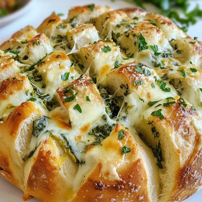 Um ein köstliches Spinach Artichoke Dip Pull-Apart Brot zu machen, benötigst du folgende Hauptzutaten: - 1 rundes Brotlaib (wie Sauerteig oder italienisches Brot) - 1 Tasse frischer Spinat, grob gehackt - 1 Dose (400 g) Artischockenherzen, abgetropft und grob gehackt - 1 Tasse Frischkäse, weich - 1/2 Tasse Sauerrahm - 1 Tasse geriebener Mozzarella-Käse - 1/2 Tasse geriebener Parmesan-Käse Diese Zutaten machen die Basis für deinen leckeren Dip und das Brot. Der Spinat und die Artischocken bringen viel Geschmack und Farbe. Der Käse sorgt für die Cremigkeit, die jeder liebt. Zusätzlich zu den Hauptzutaten brauchst du einige Gewürze und weitere Zutaten: - 2 Knoblauchzehen, fein gehackt - 1 Teelöffel rote Pfefferflocken (optional) - Salz und Pfeffer nach Geschmack - 2 Esslöffel Olivenöl - Frische Petersilie zur Garnitur Knoblauch gibt dem Dip einen tollen Geschmack. Rote Pfefferflocken fügen einen kleinen Kick hinzu, wenn du es magst. Vergiss nicht, das Olivenöl zum Bestreichen zu nutzen. Um das beste Pull-Apart Brot zu machen, achte auf die Qualität der Zutaten: - Wähle frischen Spinat und gute Artischocken. Frische Zutaten bringen den besten Geschmack. - Nutze hochwertigen Frischkäse und frische Kräuter. Das macht einen großen Unterschied. - Kaufe reifen Käse für mehr Geschmack. Der Käse sollte gut schmelzen. Wenn du diese Tipps befolgst, wird dein Brot nicht nur gut aussehen, sondern auch fantastisch schmecken. {{ingredient_image_2}} Zuerst heizen Sie den Ofen auf 175°C vor. Nehmen Sie eine große Rührschüssel. Geben Sie den weichen Frischkäse und den Sauerrahm hinein. Fügen Sie den geriebenen Mozzarella und den Parmesan hinzu. Geben Sie nun den gehackten Spinat und die Artischocken dazu. Fügen Sie den fein gehackten Knoblauch, die roten Pfefferflocken, sowie Salz und Pfeffer nach Geschmack hinzu. Rühren Sie alles gut um, bis die Mischung cremig ist. Jetzt nehmen Sie ein rundes Brotlaib und legen es auf ein Schneidebrett. Schneiden Sie das Brot in einem Kreuzmuster. Achten Sie darauf, dass die Schnitte nicht ganz bis zum Boden gehen. Die Abstände zwischen den Schnitten sollten etwa 2,5 cm betragen. Ziehen Sie vorsichtig die Brotreihen auseinander. Diese kleinen Öffnungen sind perfekt für die Füllung. Löffeln Sie die Spinat-Artischocken-Mischung gleichmäßig in die Spalten des Brotes. Stellen Sie sicher, dass jede Öffnung gut gefüllt ist. Träufeln Sie das Olivenöl gleichmäßig über die Oberseite des gefüllten Brotes. Wickeln Sie das Brot in Aluminiumfolie ein und legen Sie es auf ein Backblech. Backen Sie das Brot im vorgeheizten Ofen für 20 Minuten. Nach dieser Zeit entfernen Sie die Folie und backen es weitere 10 Minuten. Achten Sie darauf, dass der Käse blubbert und das Brot goldbraun ist. Nehmen Sie das Brot aus dem Ofen und lassen Sie es einige Minuten abkühlen. Garnieren Sie es vor dem Servieren mit frischer Petersilie. Servieren Sie das Pull-Apart Brot warm und stellen Sie es in die Mitte eines festlichen Tisches. Dazu passen frische Gemüsesticks oder Cracker für einen tollen Snack. Ein häufiger Fehler ist, das Brot zu tief zu schneiden. Achte darauf, dass die Schnitte nicht bis zum Boden gehen. So bleibt das Brot zusammen und kann die Füllung gut halten. Ein weiterer Fehler ist, die Füllung nicht gleichmäßig zu verteilen. Sorge dafür, dass jeder Teil des Brotes gut gefüllt ist. Das macht jeden Bissen lecker. Die richtige Konsistenz ist wichtig für den Dip. Du möchtest, dass er cremig, aber nicht zu flüssig ist. Mische den Frischkäse und den Sauerrahm gut. Achte darauf, dass der Spinat und die Artischocken gut abgetropft sind. So bleibt die Füllung dick und lässt das Brot nicht durchweichen. Ein kleiner Trick ist, die Mischung ein paar Minuten stehen zu lassen. So können sich die Aromen gut verbinden. Du kannst das Brot bis zu einem Tag im Voraus vorbereiten. Fülle das Brot und wickel es in Folie. Lagere es im Kühlschrank, bis du bereit bist, es zu backen. Wenn du es aufwärmen möchtest, decke es mit Folie ab. So bleibt das Brot schön weich. Backe es dann bei 175°C für etwa 10 bis 15 Minuten. So wird es wieder warm und lecker. Pro Tipps Frisches Brot wählen: Verwenden Sie ein frisches, knuspriges Brot für den besten Geschmack und die beste Textur. Sauerteig oder italienisches Brot eignen sich hervorragend. Füllung anpassen: Experimentieren Sie mit verschiedenen Käsesorten oder fügen Sie zusätzliches Gemüse wie Paprika oder Zwiebeln hinzu, um Ihrer Füllung mehr Geschmack zu verleihen. Für Extra-Käse sorgen: Fügen Sie eine zusätzliche Schicht Käse auf der Oberseite des gefüllten Brotes hinzu, bevor Sie es backen, um eine köstliche, goldene Kruste zu erhalten. Servieren Sie warm: Dieses Brot schmeckt am besten, wenn es frisch und warm serviert wird. Halten Sie es im Ofen bei niedriger Temperatur, bis Sie bereit sind zu servieren. {{image_4}} Für eine vegane Version des Spinach Artichoke Dip Pull-Apart Brotes tauschen Sie die Milchprodukte aus. Verwenden Sie veganen Frischkäse und vegane Sauerrahm. Diese Zutaten bieten eine ähnliche cremige Textur. Auch veganer Mozzarella funktioniert gut. Achten Sie darauf, dass die Artischocken und der Spinat frisch sind, um den besten Geschmack zu erzielen. Experimentieren Sie mit verschiedenen Käsesorten, um neue Aromen zu schaffen. Ziegenkäse gibt dem Dip einen kräftigen Geschmack. Feta ist eine weitere tolle Option. Er bringt eine salzige Note. Auch Cheddar oder Gouda bringen einen reichen Geschmack. Mischen Sie verschiedene Käsesorten, um eine spannende Kombination zu erhalten. Fügen Sie einige zusätzliche Zutaten hinzu, um den Geschmack zu intensivieren. Zum Beispiel passen getrocknete Tomaten sehr gut. Diese geben eine fruchtige Note. Auch geröstete Paprika oder schwarze Oliven sind eine leckere Option. Für etwas Schärfe können Sie Jalapeños hinzufügen. Diese Zutaten verleihen dem Brot eine interessante Tiefe und Vielfalt. Um dein Spinat-Artischocken-Dip Pull-Apart Brot frisch zu halten, lagere es in einem luftdichten Behälter. Du kannst es auch in Frischhaltefolie wickeln. So bleibt das Brot weich und der Käse schmilzt nicht. Stelle sicher, dass die Füllung nicht zu feucht ist, um ein Durchweichen zu vermeiden. Bei richtiger Lagerung bleibt es bis zu drei Tage frisch. Wenn du das Brot länger aufbewahren willst, friere es ein. Lass das Brot zuerst vollständig abkühlen. Wickel es dann in Frischhaltefolie und lege es in einen Gefrierbehälter. So bleibt es bis zu drei Monate haltbar. Um die beste Qualität zu sichern, beschrifte den Behälter mit dem Datum. Um das Brot wieder aufzuwärmen, nimm es aus dem Gefrierfach und lass es im Kühlschrank auftauen. Heize deinen Ofen auf 175°C vor. Wickel das Brot in Aluminiumfolie, um es vor dem Austrocknen zu schützen. Backe es für etwa 15-20 Minuten, bis es warm ist und der Käse schmilzt. Du kannst es auch in der Mikrowelle aufwärmen, aber die Kruste wird weniger knusprig. Sie können das Pull-Apart Brot bis zu drei Tage aufbewahren. Wickeln Sie es gut in Folie oder legen Sie es in einen luftdichten Behälter. So bleibt es frisch und lecker. Wenn Sie es länger aufbewahren möchten, frieren Sie es ein. Dann hält es bis zu drei Monate. Zum Auftauen lassen Sie es einfach bei Zimmertemperatur stehen. Ja, das ist eine tolle Idee! Sie können viele Gemüsesorten verwenden. Zum Beispiel eignen sich Paprika, Zucchini oder Pilze. Achten Sie darauf, das Gemüse vorher zu dünsten. So wird es weich und verliert nicht zu viel Wasser. Das sorgt für einen besseren Geschmack und eine gute Konsistenz. Dips machen das Essen noch besser! Ein cremiger Joghurtdip passt sehr gut. Auch Hummus oder eine scharfe Salsa sind tolle Optionen. Wenn Sie es einfach mögen, probieren Sie etwas Olivenöl mit Balsamico-Essig. Diese Dips ergänzen den herzhaften Geschmack perfekt und machen Ihr Essen noch bunter. Pull-Apart Brot ist einfach und macht Spaß. Wir haben die Hauptzutaten und Gewürze besprochen. Eine Schritt-für-Schritt-Anleitung hilft beim Backen. Tipps und Tricks zeigen, wie man Fehler vermeidet und die bestmögliche Konsistenz erreicht. Variationen bieten kreative Möglichkeiten für jeden Geschmack. Schließlich wurde die richtige Lagerung behandelt. Denken Sie daran, frische Zutaten zu wählen und beim Backen sorgfältig zu sein. So gelingt Ihr Pull-Apart Brot jedes Mal. Genießen Sie es mit Freunden oder Familie!