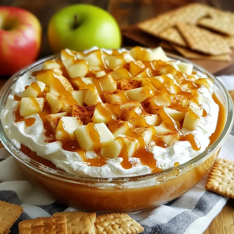 Für diesen leckeren Karamell-Apfelkuchen-Dip brauchst du einige Hauptzutaten: - 2 mittelgroße Äpfel (z.B. Granny Smith), gewürfelt - 1 Tasse Karamellsauce (kaufbereit oder hausgemacht) - 1 Packung (225 g) Frischkäse, weich - ½ Tasse Puderzucker - 1 Teelöffel Vanilleextrakt - 1 Tasse Schlagsahne (Cool Whip oder hausgemacht) Diese Zutaten geben dem Dip eine tolle Basis. Die Äpfel sorgen für Frische und Crunch. Karamellsauce bringt die süße Note. Frischkäse und Schlagsahne machen den Dip cremig und leicht. Die Gewürze sind der Schlüssel zu einem besseren Geschmack. Hier sind die wichtigen Gewürze, die du brauchst: - ½ Teelöffel gemahlenen Zimt - ½ Teelöffel Muskatnuss Zimt und Muskatnuss verleihen dem Dip eine warme und einladende Note. Diese Gewürze passen perfekt zu den Äpfeln und der Karamellsauce. Sie bringen die Aromen zum Leben. Für das Dippen gibt es viele Optionen. Hier sind meine Vorschläge: - Graham Cracker - Apfelscheiben - Vanille-Waffeln Graham Cracker sind knusprig und süß. Sie passen gut zum cremigen Dip. Frische Apfelscheiben geben einen tollen Kontrast. Vanille-Waffeln sind eine süße und leckere Wahl. Du kannst auch deine eigenen Lieblingssnacks ausprobieren! {{ingredient_image_2}} Zuerst nehmen Sie den Frischkäse aus dem Kühlschrank. Lassen Sie ihn für einige Minuten bei Raumtemperatur stehen. Das macht ihn weicher und einfacher zu vermischen. Geben Sie den Frischkäse in eine mittelgroße Schüssel. Fügen Sie den Puderzucker und den Vanilleextrakt hinzu. Verwenden Sie einen Handmixer, um alles gut zu vermischen. Mischen Sie bis die Mischung glatt ist. Dies schafft eine tolle, cremige Basis für den Dip. Jetzt kommen die Äpfel. Sie brauchen zwei mittelgroße Äpfel. Ich empfehle Granny Smith für den besten Geschmack. Schneiden Sie sie in kleine Würfel. In einer kleinen Schüssel vermengen Sie die gewürfelten Äpfel mit dem Zimt und der Muskatnuss. Rühren Sie alles gut durch. Es soll gleichmäßig gewürzt sein. Diese Mischung bringt einen tollen Geschmack in den Dip. Jetzt bauen wir den Dip auf. Nehmen Sie eine schöne Servierschüssel. Verteilen Sie die Frischkäse-Mischung gleichmäßig auf dem Boden. Glätten Sie die Oberfläche mit einem Spatel. Gießen Sie dann die Karamellsauce über die Frischkäse-Schicht. Lassen Sie die Sauce an den Seiten heruntertropfen. Danach legen Sie die gewürzten Äpfel gleichmäßig darauf. Wenn Sie möchten, träufeln Sie etwas mehr Karamellsauce über die Äpfel. Servieren Sie den Dip sofort. Dazu passen Graham Cracker, Apfelscheiben oder Vanille-Waffeln perfekt. Um die beste Konsistenz zu erreichen, ist es wichtig, den Frischkäse gut zu verrühren. Ich empfehle, einen Handmixer zu verwenden. Die Mischung sollte glatt und cremig sein. Wenn die Schlagsahne untergehoben wird, sei vorsichtig. Hebe sie sanft unter, um die Luftigkeit zu bewahren. Diese Technik macht den Dip leicht und fluffig. Die Präsentation macht viel aus. Verwende eine schöne Schüssel für den Dip. Du kannst ihn mit Apfelstücken oder einem Minzzweig dekorieren. Das sieht nicht nur gut aus, sondern bringt auch frische Aromen. Ein kleiner Trick: Träufle etwas Karamellsauce über die Äpfel, um den Dip noch einladender zu gestalten. Das Rezept ist sehr anpassbar. Du kannst verschiedene Äpfel verwenden, wie Fuji oder Honeycrisp. Auch andere Früchte passen gut, wie Birnen oder Pfirsiche. Wenn du es etwas schärfer magst, füge eine Prise Ingwer hinzu. Für eine gesunde Variante kannst du griechischen Joghurt statt Frischkäse nutzen. Experimentiere und finde deinen eigenen Favoriten! Pro Tipps Äpfel vorbereiten: Wählen Sie frische, knackige Äpfel für den besten Geschmack und die beste Textur. Granny Smith ist eine hervorragende Wahl für diesen Dip. Karamellsauce nach Geschmack: Passen Sie die Menge der Karamellsauce an, je nachdem, wie süß Sie es mögen. Sie können auch eine salzige Karamellsauce verwenden, um einen Kontrast zu schaffen. Frischkäse richtig aufschlagen: Stellen Sie sicher, dass der Frischkäse gut weich ist, damit er sich leicht mit den anderen Zutaten vermischen lässt. Dies sorgt für eine glatte, cremige Textur. Serviervorschläge: Experimentieren Sie mit verschiedenen Dipp-Optionen wie Pretzeln oder Schokoladenkeksen für einen abwechslungsreichen Snack. {{image_4}} Du kannst viele Früchte für den Dip nutzen. Neben Äpfeln mag ich Birnen oder Pfirsiche. Diese Früchte geben dem Dip eine neue Note. Für einen fruchtigen Twist probiere auch Beeren. Himbeeren oder Erdbeeren passen super. Schneide sie klein und mische sie mit den Gewürzen. So wird der Dip bunt und lecker. Toppings machen den Dip noch besser. Du kannst gehackte Nüsse wie Walnüsse oder Mandeln hinzufügen. Diese sorgen für einen schönen Crunch. Schokoladensauce ist eine weitere tolle Option. Ein bisschen Schokolade macht alles besser. Auch Joghurt oder frische Minze sind tolle Ergänzungen. Sie geben einen frischen Geschmack. Wenn du gesünder essen möchtest, gibt es tolle Alternativen. Verwende griechischen Joghurt anstelle von Frischkäse. Er ist cremig und hat weniger Fett. Du kannst auch Honig anstelle von Puderzucker nehmen. Das gibt eine natürliche Süße. Für weniger Zucker kannst du Zuckerersatzstoffe nutzen. So bleibt der Dip lecker und gesund. Um den Karamell-Apfelkuchen-Dip frisch zu halten, lege ihn in einen luftdichten Behälter. Das schützt vor Gerüchen im Kühlschrank und hält den Dip schmackhaft. Stelle sicher, dass die Oberfläche des Dips gut abgedeckt ist, um Austrocknung zu vermeiden. Du kannst ihn auch in Einzelportionen aufteilen. So kannst du ihn bei Bedarf leicht entnehmen. Der Dip bleibt im Kühlschrank etwa 3 bis 5 Tage frisch. Achte darauf, dass du ihn vor dem Servieren kurz umrührst. Wenn du eine Veränderung in der Farbe oder Textur bemerkst, ist es besser, ihn wegzuwerfen. Frische Zutaten sind der Schlüssel zu einem großartigen Geschmack. Du kannst den Dip bis zu einem Tag im Voraus zubereiten. Lagere ihn einfach im Kühlschrank. Wenn du ihn aufwärmen möchtest, mache das vorsichtig in der Mikrowelle. Erwärme ihn in kurzen Intervallen, um ein Überhitzen zu vermeiden. Der Dip schmeckt am besten bei Zimmertemperatur oder leicht warm. Um den Dip vegan zu machen, ersetzen Sie den Frischkäse durch veganen Frischkäse. Verwenden Sie auch pflanzliche Sahne. Für die Karamellsauce schauen Sie nach einer veganen Option. Ja, Sie können diesen Dip im Voraus zubereiten. Mischen Sie die Frischkäse-Mischung und die gewürzten Äpfel separat. Lagern Sie sie in luftdichten Behältern. Vor dem Servieren kombinieren Sie alles zusammen. Wenn Sie keine Karamellsauce haben, können Sie Honig oder Agavendicksaft verwenden. Sie können auch eine Schokoladensauce als süße Alternative ausprobieren. Diese Optionen geben dem Dip einen neuen Geschmack. In diesem Artikel haben wir alles über den Dip besprochen. Wir schauten uns die Hauptzutaten, Gewürze und tolle Vorschläge zum Dippen an. Ich gab dir eine Schritt-für-Schritt-Anleitung, damit du den Dip richtig machst. Außerdem teilte ich Tipps für die perfekte Konsistenz und schöne Präsentation. Variationen und Aufbewahrungsinfos helfen dir, kreativ zu sein und den Dip frisch zu halten. Nutze diese Ideen, um deinen eigenen Dip zu zaubern. Er wird sicher ein Hit!