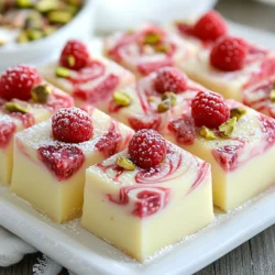 Um eine köstliche weiße Schokoladen-Himbeer-Fudge zu machen, brauchen wir einige wichtige Zutaten. Diese Zutaten sind einfach zu finden und machen die Fudge besonders lecker. - 2 Tassen weiße Schokoladenstückchen - 1 Dose (400 g) gesüßte Kondensmilch - 60 g ungesalzene Butter - 1 Tasse frische Himbeeren (oder gefrorene, aufgetaut) - 1 Teelöffel Vanilleextrakt - 1/4 Teelöffel Salz - 1/2 Tasse Himbeerpüree (aus frischen oder gefrorenen Himbeeren püriert) - 1/4 Tasse gehackte Pistazien (zum Garnieren, optional) Diese Zutaten sorgen für ein süßes und fruchtiges Erlebnis. Die weiße Schokolade bringt Cremigkeit, während die Himbeeren eine frische Note geben. Die Himbeeren sind der Star der Fudge. Frische Himbeeren sind am besten, da sie süß und saftig sind. Achte darauf, dass sie fest und rot sind. Vermeide matschige oder braune Früchte. Wenn frische Himbeeren nicht verfügbar sind, sind gefrorene Himbeeren eine gute Wahl. Taue sie einfach auf und püriere sie. Himbeeren haben viele Vitamine. Sie sind reich an Ballaststoffen und Antioxidantien. Diese Eigenschaften machen sie nicht nur lecker, sondern auch gesund. Pistazien sind eine großartige Ergänzung für die Fudge. Sie bieten einen tollen Crunch und viele Nährstoffe. Die grünen Nüsse bringen Farbe und Textur in dein Dessert. Du kannst sie grob hacken und einfach über die Fudge streuen. Wenn du magst, kannst du die Pistazien auch weglassen. Die Fudge schmeckt auch ohne sie sehr gut. Doch mit Pistazien wird die Fudge noch interessanter. Das Zusammenspiel von süßer Schokolade, fruchtigen Himbeeren und knackigen Pistazien macht dieses Dessert einzigartig. {{ingredient_image_2}} Um die weiße Schokoladen-Himbeer-Fudge zu machen, brauchst du ein paar einfache Schritte. Zuerst lege eine Backform mit Backpapier aus. Die Form sollte 20 cm x 20 cm groß sein. Lass das Papier über den Rand hängen. So bekommst du die Fudge später leicht heraus. Jetzt nimm einen mittelgroßen Topf. Stelle ihn auf niedrige Hitze. Gib die weißen Schokoladenstückchen, die gesüßte Kondensmilch und die ungesalzene Butter hinein. Rühre die Mischung ständig um. Warte, bis alles geschmolzen und glatt ist. Wenn die Mischung bereit ist, nimm den Topf vom Herd. Füge den Vanilleextrakt und das Salz hinzu und rühre gut um. Danach kommen die Himbeeren dazu. Füge sie vorsichtig hinzu und falte sie ein. Die Himbeeren sollen ganz bleiben, um die Textur zu verbessern. Jetzt ist es Zeit für das Marmorieren! Gieße die Hälfte der Fudge-Mischung in die Backform. Verteile sie gleichmäßig. Dann nimm das Himbeerpüree und verteile es über die erste Schicht. Löffele die restliche Fudge-Mischung oben darauf. Jetzt kommt der kreative Teil. Nimm einen Holzspieß oder ein Messer. Ziehe damit sanft durch die Fudge-Mischung. So entsteht ein schöner Marmor-Effekt. Wenn du magst, kannst du jetzt die gehackten Pistazien darüber streuen. Sie geben einen tollen Crunch und sehen schön aus. Lass die Fudge für mindestens drei Stunden im Kühlschrank. So wird sie fest. Wenn die Fudge fertig ist, ziehe sie mit dem Backpapier aus der Form. Schneide sie in gleichmäßige Quadrate. Jetzt hast du leckere Fudge-Stücke! Du kannst sie auf einem schönen Teller anrichten und mit Puderzucker bestäuben. Ein paar frische Himbeeren dazu machen die Präsentation perfekt. Einer der häufigsten Fehler beim Fudge machen ist, die Hitze zu hoch einzustellen. Wenn die Mischung zu heiß wird, kann die Schokolade klumpig werden. Halte die Hitze immer niedrig. Rühre die Mischung ständig, um ein Anbrennen zu verhindern. Ein weiterer Fehler ist, die Himbeeren zu stark zu zerdrücken. Füge sie vorsichtig hinzu, damit die Stücke ganz bleiben. Das gibt der Fudge eine bessere Textur. Für die perfekte Konsistenz ist die richtige Menge an Zutaten wichtig. Die gesüßte Kondensmilch sorgt für die Cremigkeit. Achte darauf, dass die Mischung vollständig geschmolzen ist, bevor du sie in die Form gießt. Wenn die Fudge zu weich ist, lasse sie länger im Kühlschrank. Ist sie zu fest, kannst du sie vorsichtig mit etwas warmer Milch auflockern. Die Präsentation macht einen großen Unterschied. Arrangiere die Fudge-Stücke auf einem schönen Teller. Bestäube sie mit Puderzucker für einen eleganten Look. Frische Himbeeren sind nicht nur lecker, sondern auch hübsch. Streue gehackte Pistazien über die Fudge für Farbe und Crunch. Diese kleinen Details machen deine Fudge zu einem echten Hingucker. Pro Tipps Die richtige Schokolade wählen: Verwende hochwertige weiße Schokolade für den besten Geschmack und eine cremige Konsistenz. Himbeeren vorsichtig falten: Achte darauf, die Himbeeren sanft unter die Schokoladenmischung zu heben, damit sie ganz bleiben und nicht zerdrückt werden. Kühlzeit einhalten: Lass die Fudge ausreichend im Kühlschrank fest werden, um die perfekte Textur zu erreichen. Mindestens 3 Stunden sind ideal. Guten Geschmack kombinieren: Experimentiere mit anderen Nüssen oder Fruchtpürees, um verschiedene Geschmacksrichtungen und Texturen zu entdecken. {{image_4}} Ich liebe es, mit verschiedenen Schokoladen zu experimentieren. Du kannst dunkle oder Milchschokolade verwenden. Dunkle Schokolade gibt einen reicheren Geschmack. Milchschokolade macht die Fudge süßer. Wähle die Schokolade, die dir am besten gefällt. Denk daran, die Menge gleich zu halten. So bleibt die Konsistenz gut. Die Himbeeren sind toll, aber andere Früchte sind auch lecker. Erdbeeren passen gut zur weißen Schokolade. Püriere sie einfach und mische sie unter. Blaubeeren sind eine weitere gute Wahl. Du kannst sie ganz lassen oder pürieren. Achte darauf, die Früchte sanft unterzuheben. So bleiben sie schön und ganz. Wenn du eine vegane Fudge machen willst, gibt es gute Alternativen. Verwende vegane Schokolade anstelle von weißen Schokoladenstückchen. Statt gesüßter Kondensmilch kannst du Kokosmilch oder Mandelmilch nehmen. Diese Milchsorten sind cremig und lecker. Tausche die Butter gegen vegane Margarine aus. Mit diesen Änderungen bleibt der Geschmack großartig. Um die weiße Schokoladen-Himbeer-Fudge frisch zu halten, lege sie in einen luftdichten Behälter. Du kannst auch Backpapier zwischen die Fudge-Stücke legen. So kleben sie nicht zusammen. Lagere den Behälter im Kühlschrank. Die kühle Temperatur hilft, die Fudge fest und lecker zu halten. Selbstgemachte Fudge hält sich im Kühlschrank etwa zwei bis drei Wochen. Achte darauf, dass der Behälter gut verschlossen ist. Wenn du die Fudge länger aufbewahren möchtest, kannst du sie einfrieren. Eingefrorene Fudge bleibt bis zu drei Monate frisch. Wenn deine Fudge hart geworden ist, gibt es einfache Wege, sie wieder weich zu machen. Lege die Fudge für ein paar Sekunden in die Mikrowelle. Erwärme sie in kurzen Intervallen, um ein Schmelzen zu vermeiden. Alternativ kannst du die Fudge auch für kurze Zeit in einen dampfenden Wasserbad legen. Dies hilft, die Fudge wieder cremig zu machen. Die Fudge braucht mindestens 3 Stunden im Kühlschrank, um fest zu werden. In dieser Zeit kühlt die Mischung ab und wird hart. Ich empfehle, sie über Nacht kühlen zu lassen. So wird die Fudge wirklich perfekt. Ja, du kannst die Fudge einfrieren. Schneide sie in Stücke und lege sie in einen luftdichten Behälter. So bleibt sie frisch bis zu drei Monate lang. Zum Auftauen lege die Fudge einfach in den Kühlschrank für ein paar Stunden. Um ein Anbrennen zu verhindern, benutze niedrige Hitze beim Schmelzen. Rühre ständig, während du die Zutaten vermengst. Wenn du das Gefühl hast, dass die Mischung zu heiß wird, nimm den Topf vom Herd. So bleibt die Fudge glatt und cremig. Zusammenfassend haben wir die besten Zutaten und Schritte für weiße Schokoladen-Himbeer-Fudge besprochen. Ich habe dir gezeigt, wie du perfekte Fudge zubereitest und häufige Fehler vermeidest. Die Vielfalt mit verschiedenen Früchten und die besten Aufbewahrungstipps helfen dir, lange Freude daran zu haben. Experimentiere ruhig mit Toppings und Variationen. So wird dein Fudge immer lecker und spannend. Jetzt bist du bereit, deine eigene Fudge zu machen und zu genießen!