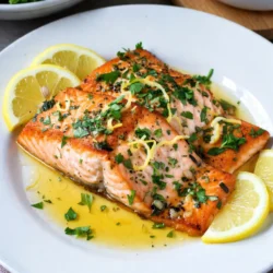 Für dieses leckere Gericht benötigst du: - 4 Lachsfilets (je 170 g) - 4 Esslöffel ungesalzene Butter - 4 Knoblauchzehen, fein gehackt - Abrieb von 1 Zitrone - 2 Esslöffel frischer Zitronensaft - 1 Esslöffel frische Petersilie, fein gehackt - Salz und Pfeffer nach Geschmack - Zitronenschnitze zum Servieren Diese Zutaten sind einfach zu finden. Sie bringen frischen Geschmack und Aroma in dein Gericht. Achte darauf, dass der Lachs frisch ist. Neben den Hauptzutaten kannst du weitere Gewürze verwenden. Zum Beispiel: - Paprika für etwas Schärfe - Dill für einen frischen Geschmack - Olivenöl für eine gesunde Note Diese Gewürze passen gut zum Lachs. Sie verleihen deinem Gericht mehr Tiefe. Experimentiere mit verschiedenen Kräutern, um deinen eigenen Stil zu finden. Wenn du frischen Lachs kaufst, achte auf diese Punkte: - Der Lachs sollte frisch riechen, nicht fischig. - Die Farbe sollte lebhaft und glänzend sein. - Die Haut sollte fest und feucht sein. Frischer Lachs sorgt für den besten Geschmack. Du kannst auch auf nachhaltigen Fisch achten. So tust du etwas Gutes für die Umwelt und bekommst trotzdem leckeren Lachs. {{ingredient_image_2}} Heize deinen Ofen auf 200°C vor. Dies ist wichtig, damit der Lachs gleichmäßig gart. Nimm einen kleinen Topf und stelle ihn auf niedrige Hitze. Gib die ungesalzene Butter hinein und lasse sie langsam schmelzen. Achte darauf, dass die Butter nicht bräunt. Wenn sie geschmolzen ist, füge den fein gehackten Knoblauch hinzu. Brate den Knoblauch für 1-2 Minuten an, bis er duftet. Jetzt ist es Zeit, die Zitronen-Knoblauch-Butter zuzubereiten. Nimm die geschmolzene Butter vom Herd. Füge den Abrieb von einer Zitrone hinzu. Der Zitronenabrieb sorgt für ein frischeres Aroma. Dann gib 2 Esslöffel frischen Zitronensaft und 1 Esslöffel gehackte Petersilie dazu. Rühre alles gut um. Schmecke die Mischung mit Salz und Pfeffer ab. Diese Butter ist der Schlüssel zu deinem Gericht. Bereite ein Backblech vor, indem du es mit Backpapier auslegst. Lege die Lachsfilets mit der Hautseite nach unten darauf. Bepinsle jedes Filet großzügig mit der Zitronen-Knoblauch-Butter. Lass etwas Butter für später übrig. Jetzt kommt der Lachs in den vorgeheizten Ofen. Backe die Filets für 12-15 Minuten. Der Lachs ist fertig, wenn er sich leicht mit einer Gabel zerteilen lässt. In den letzten Minuten schalte den Ofen auf Grillfunktion. So bekommst du eine schöne goldene Farbe. Achte darauf, dass der Lachs nicht verbrennt. Nach dem Backen nimm den Lachs heraus und träufle die restliche Butter darüber. Garniere das Gericht mit Zitronenscheiben und gehackter Petersilie. Die richtige Garzeit für Lachs ist wichtig. Ich empfehle 12 bis 15 Minuten bei 200°C. Der Lachs sollte innen zart und saftig sein. Überprüfen Sie, ob er leicht mit einer Gabel zerfällt. Zu langes Backen macht ihn trocken. Frische Zutaten machen den Unterschied. Verwenden Sie frischen Lachs, um den besten Geschmack zu erzielen. Achten Sie auch auf frischen Knoblauch und Zitronen. Diese Zutaten bringen mehr Aroma. Frische Kräuter wie Petersilie geben dem Gericht eine tolle Note. Die Grillfunktion ist ein tolles Tool. Nutzen Sie sie in den letzten Minuten des Garens. So bekommt der Lachs eine schöne goldene Farbe. Achten Sie darauf, den Lachs im Auge zu behalten. Er kann schnell verbrennen. Halten Sie immer etwas Abstand, um das beste Ergebnis zu erzielen. Pro Tipps Frische Zutaten: Verwenden Sie immer frischen Lachs und frische Kräuter, um den besten Geschmack zu erzielen. Knoblauch richtig anbraten: Achten Sie darauf, den Knoblauch nicht zu lange zu braten, da er schnell verbrennen und bitter werden kann. Ofentemperatur prüfen: Jeder Ofen ist unterschiedlich; überprüfen Sie den Lachs einige Minuten vor der angegebenen Zeit, um sicherzustellen, dass er nicht übergart. Beilagenvielfalt: Servieren Sie den Lachs mit verschiedenen Beilagen wie Quinoa, Reis oder einem gemischten Salat für eine ausgewogene Mahlzeit. {{image_4}} Sie können den Lachs mit frischen Kräutern aufpeppen. Petersilie ist ein Klassiker, aber probieren Sie auch Dill oder Thymian. Diese Kräuter geben dem Lachs einen tollen Geschmack. Mischen Sie sie einfach mit der Butter und dem Knoblauch. So wird Ihr Gericht noch aromatischer. Für eine komplette Mahlzeit empfehle ich, den Lachs mit Beilagen zu kombinieren. Geröstetes Gemüse ist eine hervorragende Wahl. Karotten, Zucchini und Paprika passen super dazu. Ein frischer grüner Salat bringt Frische und Crunch. Diese Beilagen ergänzen den Lachs perfekt und machen Ihr Essen zu einem Genuss. Neben dem Backen im Ofen können Sie den Lachs auch in der Pfanne zubereiten. Erhitzen Sie dazu etwas Butter in einer Pfanne. Braten Sie die Lachsfilets bei mittlerer Hitze. Wenden Sie sie nach ein paar Minuten, bis sie goldbraun sind. Der Grill ist auch eine tolle Option. Legen Sie die Lachsfilets auf den Grill und pinseln Sie sie mit der Zitronen-Knoblauch-Butter. Der Grill gibt dem Fisch ein rauchiges Aroma, das einfach köstlich ist. Um den übrig gebliebenen Lachs frisch zu halten, lege ihn in einen luftdichten Behälter. Stelle sicher, dass er gut abgedeckt ist. So bleibt der Geschmack erhalten und das Austrocknen wird verhindert. Du kannst auch etwas von der Zitronen-Knoblauch-Butter darüber träufeln, um das Aroma zu bewahren. Wenn du den Lachs wieder aufwärmen möchtest, mache es langsam. Lege ihn in den Ofen bei 150°C für etwa 10 Minuten. Du kannst auch die Mikrowelle verwenden, aber wähle eine niedrige Stufe. Bedecke den Lachs mit einem feuchten Papiertuch. So bleibt er saftig und zart. Im Kühlschrank hält der Lachs bis zu drei Tage. Wenn du ihn länger aufbewahren möchtest, friere ihn ein. Im Gefrierfach bleibt er bis zu drei Monate frisch. Achte darauf, den Lachs gut einzupacken, damit er keinen Frostgeschmack annimmt. Der Lachs sollte 12 bis 15 Minuten im Ofen backen. Die genaue Zeit hängt von der Dicke der Filets ab. Der Lachs ist gar, wenn er sich leicht mit einer Gabel zerteilen lässt. Achte darauf, die Temperatur deines Ofens bei 200°C zu halten. Wenn du die Grillfunktion verwendest, schalte sie in den letzten Minuten ein, um eine goldene Kruste zu erhalten. Ja, gefrorenen Lachs kannst du nutzen. Lasse ihn jedoch vorher im Kühlschrank auftauen. Das sorgt für gleichmäßiges Garen. Frischer Lachs hat zwar einen besseren Geschmack, aber gefrorener Lachs ist eine praktische Alternative. Achte darauf, die Garzeit eventuell anzupassen, da gefrorener Lachs etwas länger braucht. Zu diesem Gericht passen viele leckere Beilagen. Hier sind einige Ideen: - Geröstetes Gemüse, wie Brokkoli oder Karotten - Ein frischer grüner Salat mit Zitronendressing - Quinoa oder Reis für eine sättigende Beilage - Ofenkartoffeln oder Süßkartoffeln für eine herzhafte Option Diese Beilagen ergänzen den Geschmack des Lachs perfekt und machen dein Essen komplett. Zitronen-Knoblauch-Butter-Lachs ist einfach zuzubereiten und lecker. In diesem Post haben wir die besten Zutaten, Tipps und Variationen erkundet. Frischer Lachs, Butter und Gewürze machen das Gericht besonders. Die Schritt-für-Schritt-Anleitung hilft dir, jeden Schritt klar zu sehen. Denk an die Aufbewahrungstipps, um Reste sinnvoll zu nutzen. Genieße deine Mahlzeit und experimentiere mit verschiedenen Beilagen. So machst du das Beste aus jedem Bissen.