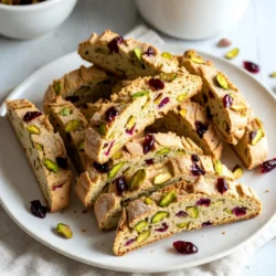 Um köstliche Cranberry Pistazien-Biscotti zu machen, brauchst du folgende Zutaten: - 2 Tassen Allzweckmehl - 1 Tasse Kristallzucker - 1/2 Teelöffel Backpulver - 1/4 Teelöffel Salz - 3 große Eier - 1 Teelöffel Vanilleextrakt - 1/2 Teelöffel Mandelessenz - 1 Tasse getrocknete Cranberries - 1 Tasse geröstete Pistazien, grob gehackt - Schale von 1 Orange Diese Zutaten bilden die Basis für den tollen Geschmack. Das Mehl gibt Struktur, während Zucker und Eier die Biscotti süß und leicht machen. Falls du keine bestimmte Zutat hast, gibt es Alternativen. Anstelle von Allzweckmehl kannst du glutenfreies Mehl verwenden. Du kannst auch braunen Zucker statt Kristallzucker nutzen. Wenn du keine Pistazien hast, sind Mandeln oder Walnüsse eine gute Wahl. Hochwertige Zutaten machen den Unterschied. Wähle frische Cranberries, da sie den besten Geschmack bringen. Achte darauf, dass die Pistazien ungesalzen sind. Gute Vanilleextrakte haben einen reicheren Geschmack als künstliche Varianten. Frische Eier sind wichtig für die Konsistenz des Teigs. Mit diesen Tipps und Zutaten bereitest du die besten Cranberry Pistazien-Biscotti zu! {{ingredient_image_2}} Heize deinen Ofen auf 175°C (350°F) vor. Nimm ein Backblech und lege es mit Backpapier aus. So kleben die Biscotti nicht fest. In einer mittelgroßen Schüssel mische 2 Tassen Allzweckmehl, 1/2 Teelöffel Backpulver und 1/4 Teelöffel Salz. Stelle die Mischung beiseite. In einer großen Rührschüssel schlage 1 Tasse Kristallzucker und 3 große Eier. Nutze einen Handmixer oder einen Schneebesen. Mische für 3-5 Minuten. Die Mischung sollte hell und dicklich sein. Füge 1 Teelöffel Vanilleextrakt und 1/2 Teelöffel Mandelessenz hinzu. Rühre gut, dann gib die Schale von 1 Orange dazu. Jetzt kommen die trockenen Zutaten hinzu. Mische sie portionsweise unter die feuchten Zutaten. Rühre nur so lange, bis alles gerade vermischt ist. Hebe 1 Tasse gehackte Pistazien und 1 Tasse getrocknete Cranberries vorsichtig unter. Teile den Teig in zwei Hälften. Forme jede Hälfte zu einer log-förmigen Rolle von etwa 30 cm Länge und 5-7,5 cm Breite. Lege die Rollen auf das Backblech. Backe sie 25-30 Minuten, bis sie leicht goldbraun und fest sind. Nimm die Logs aus dem Ofen und lasse sie 10 Minuten abkühlen. Reduziere die Ofentemperatur auf 160°C (325°F). Schneide die Logs mit einem gezackten Messer diagonal in 1,5 cm dicke Biscotti. Lege die Biscotti mit der Schnittseite nach oben zurück auf das Backblech. Backe sie weitere 15-20 Minuten, bis sie knusprig sind. Lass die Biscotti auf einem Kuchengitter abkühlen, bevor du sie servierst. Backzeit ist wichtig für knusprige Biscotti. Die erste Runde backen wir bei 175°C für 25-30 Minuten. Sie sollten goldbraun und fest sein. Nach dem Abkühlen senken wir die Temperatur auf 160°C. Schneide die Logs in Stücke und backe sie erneut. Diese zweite Runde dauert 15-20 Minuten. So werden die Biscotti perfekt knusprig. Du kannst das Rezept leicht anpassen. Nüsse wie Mandeln oder Walnüsse passen gut. Für Trockenfrüchte probiere Aprikosen oder Feigen. Diese Zutaten bringen neue Geschmäcker und Texturen. Experimentiere mit verschiedenen Kombinationen. So machst du die Biscotti zu deinem eigenen. Um die Biscotti frisch zu halten, lagere sie in einem luftdichten Behälter. Bei Raumtemperatur bleiben sie etwa zwei Wochen gut. Für längere Haltbarkeit, friere sie ein. Stelle sicher, dass sie gut verpackt sind. So bleiben sie knusprig und lecker. Pro Tipps Frische Zutaten verwenden: Um den besten Geschmack zu erzielen, verwende frische und qualitativ hochwertige Cranberries und Pistazien. Teig nicht übermixen: Rühre die trockenen Zutaten nur so lange ein, bis sie gerade so vermischt sind, um die Biscotti zart zu halten. Backen in zwei Schritten: Das zweimalige Backen sorgt für die perfekte Knusprigkeit der Biscotti – achte darauf, sie gut abkühlen zu lassen. Variationen ausprobieren: Fühle dich frei, die getrockneten Cranberries durch andere Trockenfrüchte oder die Pistazien durch Mandeln zu ersetzen, um verschiedene Geschmäcker zu kreieren. {{image_4}} Wenn du neue Geschmäcker ausprobieren möchtest, gibt es viele Optionen. Statt getrockneter Cranberries kannst du Kirschen oder Aprikosen verwenden. Sie bringen eine fruchtige Note. Für die Pistazien sind Mandeln oder Haselnüsse eine gute Wahl. Diese Nüsse haben einen milden Geschmack und passen gut zur Süße. Für eine glutenfreie Version kannst du Mandelmehl oder eine glutenfreie Mehlmischung nutzen. Achte darauf, das Backpulver und das Salz gut zu vermischen. Wenn du eine vegane Variante machen möchtest, ersetze die Eier durch Leinsamen oder Chiasamen. Mische einen Esslöffel Leinsamen mit drei Esslöffeln Wasser und lasse es kurz quellen. Das ersetzt ein Ei. Schokolade ist eine tolle Ergänzung zu Biscotti. Du kannst Schokoladenstückchen oder Kakaopulver hinzufügen. Zimt oder Muskatnuss bringen eine warme Note. Diese Gewürze passen gut zu den Nüssen und Früchten. Experimentiere mit verschiedenen Kombinationen, um deinen perfekten Biscotti zu finden. Um deine Cranberry Pistazien-Biscotti frisch zu halten, lagere sie in einem luftdichten Behälter. Ideal ist ein Glasbehälter oder eine Plastiktüte. Stelle sicher, dass die Biscotti vollständig abgekühlt sind, bevor du sie einpackst. So verhinderst du, dass sich Feuchtigkeit bildet. Im Kühlschrank bleiben die Biscotti etwa zwei Wochen frisch. Für längere Haltbarkeit kannst du sie einfrieren. Im Gefrierschrank halten sie bis zu drei Monate. Um sie einzufrieren, lege die Biscotti in einen luftdichten Behälter oder eine Gefriertüte. Vergiss nicht, das Datum darauf zu schreiben. Wenn deine Biscotti weich geworden sind, gibt es einen einfachen Trick. Heize den Ofen auf 160°C vor. Lege die Biscotti auf ein Backblech und backe sie für 5-10 Minuten. So werden sie wieder knusprig und lecker. Achte darauf, sie im Auge zu behalten, damit sie nicht verbrennen. Um die Biscotti süßer zu machen, kannst du mehr Zucker hinzufügen. Probiere, die Menge um 1/4 Tasse zu erhöhen. Du kannst auch Honig oder Ahornsirup verwenden. Diese Zutaten geben Süße und einen tollen Geschmack. Eine andere Idee ist, Schokoladenstückchen hinzuzufügen. Sie schmelzen beim Backen und machen die Biscotti lecker süß. Ja, du kannst die Biscotti im Voraus zubereiten. Bereite die Logs einfach vor und backe sie. Lass sie dann abkühlen und lagere sie in einem luftdichten Behälter. Sie bleiben frisch für etwa zwei Wochen. Du kannst die Biscotti auch einfrieren. Wickele sie gut ein und lagere sie im Gefrierfach. So bleiben sie bis zu drei Monate haltbar. Die Biscotti schmecken toll zu Kaffee oder Tee. Du kannst sie auch mit einer Schüssel dunkler Schokolade servieren. Das macht das Naschen noch aufregender. Eine Zitrusglasur ist ebenfalls eine gute Idee. Sie gibt den Biscotti einen frischen Geschmack. Serviere sie in einer dekorativen Dose oder auf einem schönen Teller. So sehen sie noch einladender aus. Zusammenfassend haben wir die besten Zutaten für Cranberry Pistazien-Biscotti betrachtet. Ich habe dir gezeigt, wie du die Biscotti Schritt für Schritt zubereitest. Zudem gab es Tipps, um perfekte Biscotti zu backen und sie frisch zu halten. Denk daran, das Rezept kreativ zu variieren und auf die Lagerung zu achten. Mit diesen Informationen wirst du sicher großartige Biscotti zaubern. Viel Spaß beim Backen und Teilen!