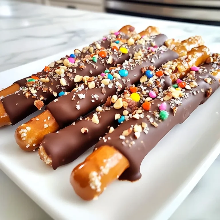 Für diese leckeren Brezelstäbchen benötigen Sie nur einige einfache Zutaten. Hier sind die Hauptzutaten, die Sie bereitstellen sollten: - 1 Tasse Schokoladenstückchen (halbsüß oder dunkel) - 12 Brezelstäbchen - 1 Esslöffel Kokosöl (oder ein neutrales Öl) Diese Zutaten sind leicht zu finden und machen den Hauptteil unseres Snacks aus. Um die Brezelstäbchen noch köstlicher zu machen, können Sie verschiedene Toppings hinzufügen. Hier sind einige Ideen: - 1/4 Tasse gehackte Nüsse (Mandeln, Erdnüsse oder Haselnüsse) - 1/4 Tasse bunte Streusel (optional) - Meersalz zum Bestreuen (optional) Sie können kreativ werden und Ihre Lieblingszutaten verwenden. Die Wahl der Schokolade ist wichtig. Sie können verschiedene Sorten ausprobieren. Hier sind einige empfohlene Optionen: - Halbsüße Schokolade hat eine ausgewogene Süße. - Dunkle Schokolade bietet einen reichen, intensiven Geschmack. - Weiße Schokolade bringt eine süße, cremige Note. Probieren Sie verschiedene Sorten aus, um den perfekten Geschmack zu finden! {{ingredient_image_2}} Zuerst müssen Sie das Wasserbad oder die Mikrowelle einrichten. Für das Wasserbad nehmen Sie einen Topf mit leicht köchelndem Wasser. Stellen Sie dann eine hitzebeständige Schüssel darauf. Achten Sie darauf, dass die Schüssel das Wasser nicht berührt. Wenn Sie die Mikrowelle nutzen, nehmen Sie eine mikrowellengeeignete Schüssel. Diese Methode ist schnell und einfach. Jetzt kommen die Schokoladenstückchen ins Spiel. Geben Sie 1 Tasse Schokoladenstückchen und 1 Esslöffel Kokosöl in die Schüssel. Wenn Sie die Mikrowelle benutzen, erhitzen Sie die Mischung in 30-Sekunden-Intervallen. Rühren Sie nach jedem Intervall gut um. Die Schokolade sollte glatt und glänzend sein. Bei der Wasserbad-Methode rühren Sie regelmäßig, bis die Schokolade geschmolzen ist. Nehmen Sie die Brezelstäbchen und tauchen Sie sie in die geschmolzene Schokolade. Decken Sie etwa zwei Drittel des Brezels ab. Lassen Sie die überschüssige Schokolade abtropfen. Jetzt kommt der kreative Teil! Während die Schokolade noch feucht ist, können Sie die Brezelstäbchen in gehackte Nüsse oder bunte Streusel rollen. Diese Toppings machen Ihre Brezelstäbchen noch köstlicher. Legen Sie die schokoladenüberzogenen Brezelstäbchen auf ein mit Backpapier ausgelegtes Backblech. Wenn Sie möchten, streuen Sie etwas Meersalz darüber. Das gibt einen tollen süß-salzigen Geschmack. Jetzt müssen die Brezelstäbchen nur noch für etwa 30 Minuten in den Kühlschrank. Nach dieser Zeit sind sie fest und bereit zum Genießen. Servieren Sie die Brezelstäbchen als Snack oder süßes Geschenk! - Verwenden Sie ein Wasserbad, um die Schokolade sanft zu schmelzen. - Mischen Sie Schokoladenstückchen mit etwas Kokosöl. Das macht die Schokolade glänzender und geschmeidiger. - Wenn Sie die Mikrowelle nutzen, schmelzen Sie die Schokolade in 30-Sekunden-Intervallen. - Rühren Sie die Schokolade gut um, um Überhitzung zu vermeiden. - Achten Sie darauf, dass kein Wasser in die Schokolade gelangt. Das kann die Schokolade klumpig machen. - Lassen Sie die Schokolade nicht zu heiß werden. Überhitzte Schokolade wird dick und schwer zu verarbeiten. - Tauchen Sie die Brezelstäbchen nicht zu tief in die Schokolade. Decken Sie etwa zwei Drittel ab. - Warten Sie nicht zu lange, um die Toppings hinzuzufügen. Die Schokolade muss noch feucht sein, damit die Toppings haften. - Stellen Sie sicher, dass das Backpapier glatt ist. Sonst bleiben die Brezelstäbchen daran kleben. - Experimentieren Sie mit verschiedenen Schokoladensorten. Halbsüß oder dunkel bieten verschiedene Geschmäcker. - Fügen Sie mehr oder weniger Nüsse hinzu, je nach Vorliebe. Einige mögen es knusprig, andere weniger. - Bestreuen Sie die Brezelstäbchen mit Meersalz. Der Kontrast zwischen süß und salzig ist köstlich. - Nutzen Sie bunte Streusel für eine süße Note. Sie machen die Brezelstäbchen auch optisch ansprechend. Pro Tipps Die richtige Schokolade wählen: Verwenden Sie hochwertige Schokolade für den besten Geschmack. Halbsüße oder dunkle Schokolade bietet eine ausgewogene Süße zu den salzigen Brezeln. Variationen ausprobieren: Experimentieren Sie mit verschiedenen Toppings wie Kokosraspeln oder getrockneten Früchten, um Ihrem Snack eine persönliche Note zu verleihen. Schokolade richtig schmelzen: Achten Sie darauf, die Schokolade nicht zu überhitzen, um eine geschmeidige Konsistenz zu erhalten. Rühren Sie regelmäßig um, um ein Anbrennen zu vermeiden. Für die perfekte Präsentation: Lassen Sie die Brezelstäbchen nach dem Kühlen auf einem dekorativen Teller anrichten. So werden sie zu einem tollen Hingucker bei jeder Gelegenheit. {{image_4}} Für schokoladengetauchte Brezelstäbchen gibt es viele Schokoladensorten. Du kannst halbsüße, dunkle oder sogar weiße Schokolade wählen. Jede Sorte bietet einen einzigartigen Geschmack. Du kannst auch verschiedene Mischungen verwenden. Zum Beispiel, mische dunkle und weiße Schokolade für einen hübschen Effekt. Diese Mischung sieht nicht nur toll aus, sondern schmeckt auch großartig. Die Toppings machen die Brezelstäbchen noch aufregender. Du kannst gehackte Nüsse wie Mandeln, Erdnüsse oder Haselnüsse verwenden. Bunte Streusel sind ebenfalls eine tolle Wahl, besonders für Kinder. Meersalz fügt eine süß-salzige Note hinzu. Du kannst auch getrocknete Früchte oder Kokosraspeln probieren. Die Möglichkeiten sind endlos. Experimentiere mit verschiedenen Kombinationen, um deinen eigenen Stil zu finden. Schokoladengetauchte Brezelstäbchen sind perfekt für Feste oder Geschenke. Du kannst sie anpassen, je nach Anlass. Für Halloween, füge orange und schwarze Streusel hinzu. Zu Weihnachten, benutze rote und grüne Toppings. Du kannst auch Aromen wie Zimt oder Vanille hinzufügen. Diese kleinen Extras machen den Snack besonders. Lass deiner Kreativität freien Lauf und schaffe deine eigenen leckeren Variationen! Um die Schokoladengetauchten Brezelstäbchen frisch zu halten, lagere sie in einem luftdichten Behälter. Stelle sicher, dass der Behälter trocken ist. So bleibt die Schokolade schön knackig. Vermeide es, die Brezelstäbchen der Sonne oder Wärme auszusetzen. Das kann die Schokolade weich machen. Wenn du die Brezelstäbchen richtig lagerst, bleiben sie bis zu zwei Wochen frisch. Nach dieser Zeit können sie an Geschmack verlieren. Achte darauf, sie gut zu verpacken, wenn du sie für später aufbewahrst. Das Einfrieren ist eine gute Option, wenn du die Brezelstäbchen länger aufbewahren möchtest. Lege sie in einen gefrierfesten Beutel. Achte darauf, die Luft gut herauszudrücken. So bleibt die Schokolade in gutem Zustand. Du kannst die Brezelstäbchen bis zu drei Monate einfrieren. Zum Auftauen lasse sie einfach bei Raumtemperatur liegen. So werden sie wieder knusprig und lecker. Ja, du kannst andere Brezeln verwenden. Dickere Brezeln geben mehr Biss. Du kannst auch Mini-Brezeln ausprobieren. Wenn du etwas anderes suchst, probiere Brezelsticks oder Brezelkringel. Achte darauf, dass die Brezeln stabil sind, damit sie beim Eintauchen nicht brechen. Die Schokolade bleibt fest für etwa eine Woche. Lagere die Brezelstäbchen in einem kühlen, trockenen Ort. Vermeide direkte Sonne oder Wärmequellen. Wenn sie in einem Behälter sind, halte etwas Platz zwischen den Stäbchen. So bleibt die Schokolade unversehrt. Ja, es gibt glutenfreie Brezeln. Du kannst sie in vielen Shops finden. Achte beim Kauf auf das Etikett, um sicherzustellen, dass sie glutenfrei sind. Diese Alternativen schmecken genauso gut. Sie sind eine tolle Option für alle, die Gluten vermeiden müssen. Schokoladengetauchte Brezelstäbchen sind einfach und lecker. Du hast gelernt, welche Zutaten nötig sind und wie du die Stäbchen zubereitest. Wir haben Tipps geteilt, um perfekte Brezeln zu machen. Verschiedene Schokoladensorten und Toppings bieten dir viele Optionen. Achte auf die Lagerung, damit sie frisch bleiben. Jetzt bist du bereit, deine eigenen Kreationen auszuprobieren. Viel Spaß beim Schmelzen und Dekorieren!