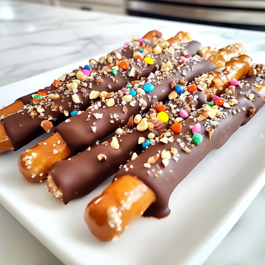 Für diese leckeren Brezelstäbchen benötigen Sie nur einige einfache Zutaten. Hier sind die Hauptzutaten, die Sie bereitstellen sollten: - 1 Tasse Schokoladenstückchen (halbsüß oder dunkel) - 12 Brezelstäbchen - 1 Esslöffel Kokosöl (oder ein neutrales Öl) Diese Zutaten sind leicht zu finden und machen den Hauptteil unseres Snacks aus. Um die Brezelstäbchen noch köstlicher zu machen, können Sie verschiedene Toppings hinzufügen. Hier sind einige Ideen: - 1/4 Tasse gehackte Nüsse (Mandeln, Erdnüsse oder Haselnüsse) - 1/4 Tasse bunte Streusel (optional) - Meersalz zum Bestreuen (optional) Sie können kreativ werden und Ihre Lieblingszutaten verwenden. Die Wahl der Schokolade ist wichtig. Sie können verschiedene Sorten ausprobieren. Hier sind einige empfohlene Optionen: - Halbsüße Schokolade hat eine ausgewogene Süße. - Dunkle Schokolade bietet einen reichen, intensiven Geschmack. - Weiße Schokolade bringt eine süße, cremige Note. Probieren Sie verschiedene Sorten aus, um den perfekten Geschmack zu finden! {{ingredient_image_2}} Zuerst müssen Sie das Wasserbad oder die Mikrowelle einrichten. Für das Wasserbad nehmen Sie einen Topf mit leicht köchelndem Wasser. Stellen Sie dann eine hitzebeständige Schüssel darauf. Achten Sie darauf, dass die Schüssel das Wasser nicht berührt. Wenn Sie die Mikrowelle nutzen, nehmen Sie eine mikrowellengeeignete Schüssel. Diese Methode ist schnell und einfach. Jetzt kommen die Schokoladenstückchen ins Spiel. Geben Sie 1 Tasse Schokoladenstückchen und 1 Esslöffel Kokosöl in die Schüssel. Wenn Sie die Mikrowelle benutzen, erhitzen Sie die Mischung in 30-Sekunden-Intervallen. Rühren Sie nach jedem Intervall gut um. Die Schokolade sollte glatt und glänzend sein. Bei der Wasserbad-Methode rühren Sie regelmäßig, bis die Schokolade geschmolzen ist. Nehmen Sie die Brezelstäbchen und tauchen Sie sie in die geschmolzene Schokolade. Decken Sie etwa zwei Drittel des Brezels ab. Lassen Sie die überschüssige Schokolade abtropfen. Jetzt kommt der kreative Teil! Während die Schokolade noch feucht ist, können Sie die Brezelstäbchen in gehackte Nüsse oder bunte Streusel rollen. Diese Toppings machen Ihre Brezelstäbchen noch köstlicher. Legen Sie die schokoladenüberzogenen Brezelstäbchen auf ein mit Backpapier ausgelegtes Backblech. Wenn Sie möchten, streuen Sie etwas Meersalz darüber. Das gibt einen tollen süß-salzigen Geschmack. Jetzt müssen die Brezelstäbchen nur noch für etwa 30 Minuten in den Kühlschrank. Nach dieser Zeit sind sie fest und bereit zum Genießen. Servieren Sie die Brezelstäbchen als Snack oder süßes Geschenk! - Verwenden Sie ein Wasserbad, um die Schokolade sanft zu schmelzen. - Mischen Sie Schokoladenstückchen mit etwas Kokosöl. Das macht die Schokolade glänzender und geschmeidiger. - Wenn Sie die Mikrowelle nutzen, schmelzen Sie die Schokolade in 30-Sekunden-Intervallen. - Rühren Sie die Schokolade gut um, um Überhitzung zu vermeiden. - Achten Sie darauf, dass kein Wasser in die Schokolade gelangt. Das kann die Schokolade klumpig machen. - Lassen Sie die Schokolade nicht zu heiß werden. Überhitzte Schokolade wird dick und schwer zu verarbeiten. - Tauchen Sie die Brezelstäbchen nicht zu tief in die Schokolade. Decken Sie etwa zwei Drittel ab. - Warten Sie nicht zu lange, um die Toppings hinzuzufügen. Die Schokolade muss noch feucht sein, damit die Toppings haften. - Stellen Sie sicher, dass das Backpapier glatt ist. Sonst bleiben die Brezelstäbchen daran kleben. - Experimentieren Sie mit verschiedenen Schokoladensorten. Halbsüß oder dunkel bieten verschiedene Geschmäcker. - Fügen Sie mehr oder weniger Nüsse hinzu, je nach Vorliebe. Einige mögen es knusprig, andere weniger. - Bestreuen Sie die Brezelstäbchen mit Meersalz. Der Kontrast zwischen süß und salzig ist köstlich. - Nutzen Sie bunte Streusel für eine süße Note. Sie machen die Brezelstäbchen auch optisch ansprechend. Pro Tipps Die richtige Schokolade wählen: Verwenden Sie hochwertige Schokolade für den besten Geschmack. Halbsüße oder dunkle Schokolade bietet eine ausgewogene Süße zu den salzigen Brezeln. Variationen ausprobieren: Experimentieren Sie mit verschiedenen Toppings wie Kokosraspeln oder getrockneten Früchten, um Ihrem Snack eine persönliche Note zu verleihen. Schokolade richtig schmelzen: Achten Sie darauf, die Schokolade nicht zu überhitzen, um eine geschmeidige Konsistenz zu erhalten. Rühren Sie regelmäßig um, um ein Anbrennen zu vermeiden. Für die perfekte Präsentation: Lassen Sie die Brezelstäbchen nach dem Kühlen auf einem dekorativen Teller anrichten. So werden sie zu einem tollen Hingucker bei jeder Gelegenheit. {{image_4}} Für schokoladengetauchte Brezelstäbchen gibt es viele Schokoladensorten. Du kannst halbsüße, dunkle oder sogar weiße Schokolade wählen. Jede Sorte bietet einen einzigartigen Geschmack. Du kannst auch verschiedene Mischungen verwenden. Zum Beispiel, mische dunkle und weiße Schokolade für einen hübschen Effekt. Diese Mischung sieht nicht nur toll aus, sondern schmeckt auch großartig. Die Toppings machen die Brezelstäbchen noch aufregender. Du kannst gehackte Nüsse wie Mandeln, Erdnüsse oder Haselnüsse verwenden. Bunte Streusel sind ebenfalls eine tolle Wahl, besonders für Kinder. Meersalz fügt eine süß-salzige Note hinzu. Du kannst auch getrocknete Früchte oder Kokosraspeln probieren. Die Möglichkeiten sind endlos. Experimentiere mit verschiedenen Kombinationen, um deinen eigenen Stil zu finden. Schokoladengetauchte Brezelstäbchen sind perfekt für Feste oder Geschenke. Du kannst sie anpassen, je nach Anlass. Für Halloween, füge orange und schwarze Streusel hinzu. Zu Weihnachten, benutze rote und grüne Toppings. Du kannst auch Aromen wie Zimt oder Vanille hinzufügen. Diese kleinen Extras machen den Snack besonders. Lass deiner Kreativität freien Lauf und schaffe deine eigenen leckeren Variationen! Um die Schokoladengetauchten Brezelstäbchen frisch zu halten, lagere sie in einem luftdichten Behälter. Stelle sicher, dass der Behälter trocken ist. So bleibt die Schokolade schön knackig. Vermeide es, die Brezelstäbchen der Sonne oder Wärme auszusetzen. Das kann die Schokolade weich machen. Wenn du die Brezelstäbchen richtig lagerst, bleiben sie bis zu zwei Wochen frisch. Nach dieser Zeit können sie an Geschmack verlieren. Achte darauf, sie gut zu verpacken, wenn du sie für später aufbewahrst. Das Einfrieren ist eine gute Option, wenn du die Brezelstäbchen länger aufbewahren möchtest. Lege sie in einen gefrierfesten Beutel. Achte darauf, die Luft gut herauszudrücken. So bleibt die Schokolade in gutem Zustand. Du kannst die Brezelstäbchen bis zu drei Monate einfrieren. Zum Auftauen lasse sie einfach bei Raumtemperatur liegen. So werden sie wieder knusprig und lecker. Ja, du kannst andere Brezeln verwenden. Dickere Brezeln geben mehr Biss. Du kannst auch Mini-Brezeln ausprobieren. Wenn du etwas anderes suchst, probiere Brezelsticks oder Brezelkringel. Achte darauf, dass die Brezeln stabil sind, damit sie beim Eintauchen nicht brechen. Die Schokolade bleibt fest für etwa eine Woche. Lagere die Brezelstäbchen in einem kühlen, trockenen Ort. Vermeide direkte Sonne oder Wärmequellen. Wenn sie in einem Behälter sind, halte etwas Platz zwischen den Stäbchen. So bleibt die Schokolade unversehrt. Ja, es gibt glutenfreie Brezeln. Du kannst sie in vielen Shops finden. Achte beim Kauf auf das Etikett, um sicherzustellen, dass sie glutenfrei sind. Diese Alternativen schmecken genauso gut. Sie sind eine tolle Option für alle, die Gluten vermeiden müssen. Schokoladengetauchte Brezelstäbchen sind einfach und lecker. Du hast gelernt, welche Zutaten nötig sind und wie du die Stäbchen zubereitest. Wir haben Tipps geteilt, um perfekte Brezeln zu machen. Verschiedene Schokoladensorten und Toppings bieten dir viele Optionen. Achte auf die Lagerung, damit sie frisch bleiben. Jetzt bist du bereit, deine eigenen Kreationen auszuprobieren. Viel Spaß beim Schmelzen und Dekorieren!