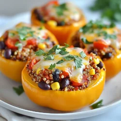 Für meine Quinoa gefüllten Paprika benötigst du: - 4 große Paprika (jede Farbe, Oberteile abgeschnitten und Kerne entfernt) - 1 Tasse Quinoa, gut abgespült - 2 Tassen Gemüsebrühe - 1 Dose (15 oz) schwarze Bohnen, gut abgewaschen und abgetropft - 1 Tasse Mais (gefroren oder frisch) - 1 Teelöffel Kreuzkümmel - 1 Teelöffel geräuchertes Paprikapulver - 1 Teelöffel Knoblauchpulver - 1 Tasse gewürfelte Tomaten (frisch oder aus der Dose) - 1 Tasse geriebener Käse (Cheddar oder eine Mischung) - Frischer Koriander zur Garnierung (optional) - Salz und Pfeffer nach Geschmack Diese Zutaten sorgen für einen tollen Geschmack und gute Nährstoffe. Wenn du Paprika kaufst, achte auf einige Dinge: - Wähle große, feste Paprika ohne Flecken. - Überprüfe die Farbe; leuchtende Farben zeigen Frische. - Die Schale sollte glatt sein und sich gut anfühlen. Wähle verschiedene Farben, um das Gericht bunt und ansprechend zu gestalten. So sieht dein Essen gleich viel leckerer aus. Du kannst das Rezept anpassen und weitere Zutaten hinzufügen: - Füge frische Kräuter wie Petersilie oder Basilikum hinzu. - Probiere verschiedene Käsesorten wie Feta oder Mozzarella. - Gemüse wie Zucchini oder Spinat passen auch gut in die Füllung. Diese Extras bringen mehr Geschmack und Vielfalt in dein Gericht. Experimentiere, um deine perfekte Mischung zu finden! {{ingredient_image_2}} Um die Quinoa richtig vorzubereiten, spülen Sie sie zuerst gut ab. Der Prozess entfernt Bitterstoffe. Nehmen Sie dann einen mittelgroßen Topf. Geben Sie die Quinoa und die Gemüsebrühe hinein. Erhitzen Sie die Mischung bei mittlerer Hitze. Lassen Sie sie zum Kochen kommen. Reduzieren Sie die Hitze und decken Sie den Topf ab. Lassen Sie die Quinoa etwa 15 Minuten köcheln. Die Quinoa ist fertig, wenn das Wasser aufgesogen ist. Nehmen Sie den Topf vom Herd und lassen Sie die Quinoa 5 Minuten ruhen. Lockern Sie sie danach mit einer Gabel auf. Für die Füllung nehmen Sie eine große Schüssel. Mischen Sie die gekochte Quinoa mit den schwarzen Bohnen. Fügen Sie dann den Mais hinzu. Geben Sie die Gewürze wie Kreuzkümmel, geräuchertes Paprikapulver und Knoblauchpulver dazu. Mischen Sie auch die gewürfelten Tomaten und die Hälfte des Käses unter. Vergessen Sie nicht, Salz und Pfeffer hinzuzufügen. Rühren Sie alles gut um, bis die Zutaten gleichmäßig verteilt sind. Diese Mischung ist nun bereit für die Paprika. Heizen Sie den Ofen auf 190°C vor. Nehmen Sie die vorbereiteten Paprika und füllen Sie sie großzügig mit der Quinoa-Mischung. Stellen Sie die gefüllten Paprika aufrecht in eine Backform. Bestreuen Sie sie mit dem restlichen Käse. Decken Sie die Form mit Aluminiumfolie ab. Backen Sie die Paprika 25 Minuten lang. Danach entfernen Sie die Folie und backen sie weitere 10 bis 15 Minuten. Die Paprika sind fertig, wenn sie zart sind und der Käse goldbraun ist. Lassen Sie die Paprika nach dem Backen kurz abkühlen. Garniert mit frischem Koriander, sind sie nun bereit zum Servieren. Die richtige Technik macht Quinoa perfekt. Zuerst spüle die Quinoa gut ab. Dadurch entfernst du Bitterstoffe. Danach koche sie in Gemüsebrühe, nicht in Wasser. Dies gibt mehr Geschmack. Achte darauf, die Quinoa etwa 15 Minuten lang zu köcheln. Die Körner sollten weich und leicht fluffig sein. Lass die Quinoa nach dem Kochen fünf Minuten ruhen. Lockere sie dann mit einer Gabel auf. So wird die Textur noch besser. Die Gewürze machen den Unterschied. Du kannst die Aromen leicht ändern. Magst du es scharf? Füge etwas Cayennepfeffer hinzu. Für einen frischen Geschmack kannst du Limettensaft verwenden. Auch frische Kräuter wie Petersilie oder Basilikum passen gut. Experimentiere mit verschiedenen Gemüsesorten in der Füllung. Zucchini oder Spinat sind tolle Alternativen. Achte darauf, die Gewürze nach deinem Geschmack zu dosieren. Quinoa gefüllte Paprika sind schon sehr sättigend, aber Beilagen bringen Abwechslung. Ein frischer Salat passt perfekt dazu. Du kannst auch Avocado oder Guacamole servieren. Das gibt eine cremige Note. Ein einfacher Joghurt-Dip ist ebenfalls lecker. Wenn du etwas mehr Protein möchtest, serviere gegrillte Hähnchenbrust. Für Vegetarier sind gebratene Tofuwürfel eine tolle Option. Das macht das Essen noch bunter und geschmackvoller. Pro Tipps Paprika vorbereiten: Stellen Sie sicher, dass die Paprika gut gewaschen und die Oberteile sauber abgeschnitten sind, damit sie gleichmäßig gefüllt werden können. Quinoa richtig kochen: Achten Sie darauf, die Quinoa gründlich abzuspülen, um Bitterstoffe zu entfernen und den besten Geschmack zu erzielen. Variationen hinzufügen: Experimentieren Sie mit verschiedenen Gemüse- oder Kräuterkombinationen, um den Geschmack der Füllung zu variieren und anzupassen. Käseoptionen: Verwenden Sie verschiedene Käsesorten wie Feta oder Mozzarella für unterschiedliche Aromen und Texturen in der Füllung. {{image_4}} Quinoa gefüllte Paprika sind sehr vielseitig. Sie können sie leicht anpassen. Für eine vegetarische Variante lassen Sie einfach den Käse weg oder verwenden Sie pflanzlichen Käse. So bleibt das Gericht leicht und frisch. Wenn Sie eine vegane Option möchten, können Sie auch die Gemüsebrühe selbst machen. Geben Sie einfach frisches Gemüse und Kräuter in Wasser und lassen Sie es köcheln. Sie können diese Füllung auch für andere Gemüse verwenden. Zucchini, Auberginen und Tomaten sind tolle Alternativen. Schneiden Sie das Gemüse auf und füllen Sie es wie die Paprika. Diese Varianten bringen neue Farben und Texturen auf den Tisch. Jedes Gemüse hat seinen eigenen Geschmack, der die Füllung ergänzt. Wenn Sie es scharf mögen, fügen Sie einfach etwas Chili oder Cayennepfeffer hinzu. Für mediterrane Aromen nutzen Sie Oliven, Feta und frische Kräuter wie Basilikum oder Oregano. Diese Anpassungen verleihen dem Gericht ein neues Profil. Experimentieren Sie mit den Gewürzen, um Ihre perfekte Mischung zu finden. Wenn Sie Quinoa gefüllte Paprika haben, lassen Sie sie zuerst abkühlen. Legen Sie die Paprika in einen luftdichten Behälter. Sie können sie im Kühlschrank für etwa 3-5 Tage aufbewahren. Stellen Sie sicher, dass die Paprika nicht zu eng gepackt sind. Das hält sie frisch und lecker. Um gefüllte Paprika einzufrieren, lassen Sie sie vollständig abkühlen. Wickeln Sie jede Paprika in Frischhaltefolie. Legen Sie die gewickelten Paprika in einen Gefrierbeutel oder einen luftdichten Behälter. So bleiben sie bis zu 3 Monate frisch. Wenn Sie bereit sind zu essen, tauen Sie sie im Kühlschrank auf, bevor Sie sie backen. Wenn Sie Füllung übrig haben, ist das kein Problem! Sie können die Mischung in Salate oder Wraps geben. Auch als Beilage zu anderen Gerichten schmeckt sie gut. Einfach aufwärmen und genießen. Gefüllte Paprika halten sich gut. Im Kühlschrank bleiben sie etwa 3 bis 5 Tage frisch. Achte darauf, sie in einem luftdichten Behälter zu lagern. Wenn du die Paprika länger aufbewahren möchtest, friere sie ein. Im Gefrierschrank halten sie bis zu 3 Monate. So kannst du sie später einfach aufwärmen. Ja, du kannst die Quinoa im Voraus zubereiten. Koche sie einfach nach dem Rezept und lasse sie abkühlen. Danach kannst du die Quinoa in einem luftdichten Behälter im Kühlschrank aufbewahren. Sie bleibt bis zu 5 Tage frisch. Das spart Zeit beim Kochen. Du kannst die Quinoa dann einfach mit den anderen Zutaten mischen, wenn du bereit bist. Zu gefüllten Paprika passen viele Beilagen. Hier sind einige Vorschläge: - Ein frischer grüner Salat bringt einen knackigen Kontrast. - Reis oder Quinoa als zusätzliche Kohlenhydrate sind immer eine gute Wahl. - Eine einfache Salsa oder Guacamole ergänzt die Aromen. - Serviere etwas Joghurt oder Sour Cream für einen cremigen Touch. Diese Beilagen machen das Gericht noch leckerer und runder. Quinoa gefüllte Paprika sind einfach und lecker. Wir haben die Hauptzutaten, Zubereitung und Tipps behandelt. Gute Paprika machen den Unterschied. Quinoa braucht perfekte Kochtechniken für den besten Geschmack. Es gibt viele Variationen, die du anpassen kannst. Reste lassen sich leicht lagern und verwenden. Experimentiere mit Gewürzen und Beilagen für neue Ideen. Vertrauen in die Zubereitung macht das Kochen noch mehr Spaß!