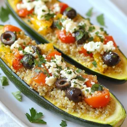 Für die gefüllten Zucchini-Boote brauchen wir folgende Hauptzutaten: - 4 mittelgroße Zucchini - 1 Tasse gekochte Quinoa - 1 Tasse Kirschtomaten, halbiert - 1/2 Tasse rote Paprika, gewürfelt - 1/4 Tasse schwarze Oliven, grob gehackt - 1/2 Tasse Feta-Käse, zerkrümelt Diese Zutaten sind frisch und gesund. Sie bringen viel Geschmack in die Zucchini-Boote. Die Zucchini sind die perfekte Hülle. Quinoa gibt einen tollen Biss und viel Nährstoffe. Kirschtomaten und Paprika fügen Farbe und Süße hinzu. Die Oliven und der Feta bringen salzige Aromen. Für den besten Geschmack brauchen wir auch ein paar Gewürze und Öl: - 1 Teelöffel getrockneter Oregano - 1 Teelöffel Knoblauchpulver - 1/2 Teelöffel Salz - 1/4 Teelöffel schwarzer Pfeffer - 1/4 Tasse Olivenöl Diese Gewürze sind einfach, aber sehr wichtig. Oregano gibt ein mediterranes Aroma. Knoblauchpulver sorgt für einen herzhaften Geschmack. Salz und Pfeffer runden das Ganze ab. Das Olivenöl sorgt dafür, dass die Füllung schön saftig bleibt. Um die Zucchini-Boote schön zu präsentieren, nutzen wir: - Frische Petersilie zur Dekoration Die frische Petersilie sorgt für Farbe und Frische. Ein Spritzer Olivenöl oben drauf macht die Zucchini-Boote noch ansprechender. Serviere sie auf einem großen Teller mit zusätzlichen Kirschtomaten. So sehen sie gleich noch leckerer aus! {{ingredient_image_2}} Beginne mit vier mittelgroßen Zucchini. Wasche sie gründlich unter kaltem Wasser. Schneide jede Zucchini der Länge nach in zwei Hälften. Achte darauf, die Schale nicht zu durchstechen. Entferne vorsichtig die Kerne mit einem Löffel. So erhältst du die Form eines Bootes. Lege die Zucchinihälften auf ein Backblech. Jetzt sind sie bereit für die Füllung. Nimm eine große Schüssel und füge eine Tasse gekochte Quinoa hinzu. Gib eine Tasse halbierte Kirschtomaten dazu. Schneide eine halbe Tasse rote Paprika in kleine Würfel und füge sie hinzu. Hacke eine viertel Tasse schwarze Oliven grob. Mische alle Zutaten gut. Füge dann eine halbe Tasse zerkrümelten Feta-Käse hinzu. Würze die Mischung mit einem Teelöffel Oregano, einem Teelöffel Knoblauchpulver, einem halben Teelöffel Salz und einem viertel Teelöffel schwarzem Pfeffer. Beträufle alles mit einem viertel Tasse Olivenöl. Mische erneut, bis alles gut vermischt ist. Fülle jede Zucchini-Hälfte gleichmäßig mit der Quinoa-Mischung. Drücke die Füllung leicht an, damit sie gut sitzt. Lege die gefüllten Zucchini-Boote wieder auf das Backblech. Heize deinen Ofen auf 190°C vor. Backe die Zucchini-Boote für 25 bis 30 Minuten. Sie sind fertig, wenn die Zucchini zart und die Oberseite goldbraun ist. Lass sie nach dem Backen einige Minuten abkühlen. Garniere sie mit frischer Petersilie für einen schönen Look. Um die perfekten Zucchini-Boote zu machen, wählen Sie frische, mittelgroße Zucchini. Diese sollten gerade und fest sein. Wenn Sie die Zucchini halbieren, achten Sie darauf, die Kerne vorsichtig zu entfernen. So bleibt die Schale intakt. Füllen Sie die Mischung gleichmäßig ein. Drücken Sie die Füllung leicht an, damit alles gut hält. Backen Sie die Boote bei 190°C für 25-30 Minuten. So werden sie zart und leicht goldbraun. Ein häufiger Fehler ist, die Zucchini zu lange zu backen. Sie sollten zart, aber nicht matschig sein. Achten Sie auch darauf, die Füllung nicht zu trocken zu machen. Fügen Sie genügend Olivenöl hinzu, um alles feucht zu halten. Wenn Sie die Zutaten nicht gut vermengen, schmecken die Boote ungleichmäßig. Mischen Sie alles gründlich, damit jeder Biss voller Geschmack ist. Um die Zucchini-Boote schön zu präsentieren, legen Sie sie auf einen großen, flachen Teller. Garnieren Sie sie mit frischer Petersilie und extra Kirschtomaten. Ein kleiner Spritzer Olivenöl macht das Gericht noch ansprechender. Diese einfache Präsentation zeigt, dass gesundes Essen auch lecker aussehen kann. So beeindrucken Sie Ihre Gäste und genießen gleichzeitig eine gesunde Mahlzeit. Pro Tipps Verwenden Sie frische Kräuter: Frische Kräuter wie Basilikum oder Thymian können den Geschmack der Füllung erheblich verbessern und eine aromatische Note hinzufügen. Experimentieren Sie mit Käse: Neben Feta können Sie auch andere Käsesorten wie Mozzarella oder Ziegenkäse verwenden, um verschiedene Geschmacksrichtungen zu erzielen. Vorbereitete Zucchini: Um die Zucchini gleichmäßiger zu garen, können Sie sie vor dem Füllen leicht blanchieren, sodass sie zarter werden. Variieren Sie die Füllung: Fügen Sie zusätzliche Zutaten wie Spinat, Kichererbsen oder andere Gemüsesorten hinzu, um Ihre gefüllten Zucchini-Boote noch nahrhafter zu gestalten. {{image_4}} Wenn du eine vegane oder glutenfreie Option suchst, ist das einfach. Du kannst den Feta-Käse durch eine pflanzliche Alternative ersetzen. Viele Marken bieten veganen Käse an, der gut schmilzt. Du kannst auch glutenfreie Quinoa verwenden, die eine gute Basis für die Füllung ist. Achte darauf, dass alle anderen Zutaten, wie die Kirschtomaten und Paprika, ebenfalls glutenfrei sind. So bleibt dein Gericht gesund und lecker. Zucchini-Boote sind sehr vielseitig. Du kannst die Füllung nach deinem Geschmack anpassen. Probiere zum Beispiel schwarze Bohnen und Mais für einen mexikanischen Twist. Du kannst auch Hackfleisch oder Hähnchen hinzufügen, wenn du es herzhaft magst. Für eine asiatische Note füge Sojasauce, Ingwer und Frühlingszwiebeln hinzu. Deiner Kreativität sind keine Grenzen gesetzt! Die richtige Gewürzmischung macht den Unterschied. Neben Oregano kannst du auch Thymian oder Basilikum verwenden. Diese Kräuter bringen frische Aromen in die Zucchini-Boote. Ein Hauch von Kreuzkümmel verleiht deinem Gericht eine warme Note. Wenn du es scharf magst, füge etwas Cayennepfeffer hinzu. Experimentiere mit den Gewürzen, um deinen perfekten Geschmack zu finden. Wenn Sie gefüllte Zucchini-Boote übrig haben, bewahren Sie sie im Kühlschrank auf. Nutzen Sie einen luftdichten Behälter, um die Frische zu halten. So bleiben die Aromen und die Textur lange erhalten. Sie können die Zucchini-Boote bis zu drei Tage im Kühlschrank lagern. Um gefüllte Zucchini-Boote einzufrieren, lassen Sie sie zuerst abkühlen. Wickeln Sie jede Zucchini-Hälfte in Frischhaltefolie. Danach legen Sie sie in einen Gefrierbeutel. So vermeiden Sie Gefrierbrand. Gefrorene Zucchini-Boote bleiben bis zu drei Monate frisch. Um die Zucchini-Boote wieder aufzuwärmen, nehmen Sie sie aus dem Kühlschrank oder Gefrierfach. Backen Sie sie im Ofen bei 180 °C für etwa 15 Minuten. Wenn sie gefroren sind, planen Sie 25 Minuten ein. Sie können auch die Mikrowelle verwenden. Stellen Sie sie dabei auf mittlere Hitze und überprüfen Sie die Temperatur nach zwei Minuten. So bleiben die Zucchini-Boote lecker und warm. Gefüllte Zucchini-Boote sind im Kühlschrank etwa 3 bis 4 Tage haltbar. Achte darauf, sie in einem luftdichten Behälter zu lagern. So bleiben sie frisch und lecker. Wenn du sie länger aufbewahren möchtest, kannst du sie einfrieren. So halten sie sich bis zu 3 Monate. Achte darauf, sie gut in Frischhaltefolie oder einem Gefrierbeutel einzupacken. Ja, du kannst Quinoa ersetzen. Reis ist eine gute Option. Auch Hirse oder Bulgur funktionieren gut. Diese Alternativen geben den Zucchini-Boote eine andere Textur und Geschmack. Achte darauf, die Kochzeit der Alternativen zu beachten. Du willst, dass die Füllung gut durchgekocht ist. Ja, gefüllte Zucchini-Boote sind gesund. Sie sind reich an Gemüse und Ballaststoffen. Die Zucchini selbst hat wenig Kalorien. Zudem bringt die Füllung mit Quinoa, Tomaten und Feta viele Nährstoffe. Diese Zutaten liefern wichtige Vitamine und Mineralien. Wenn du auf die Menge des Fetas achtest, bleibt das Gericht leicht. Zusammenfassend haben wir die leckeren gefüllten Zucchini-Boote besprochen. Wir haben wichtige Zutaten, die Anleitung und Tipps zur Zubereitung betrachtet. Variationen und Lagerungshinweise helfen, Abwechslung und Frische zu bieten. Abschließend sind diese Zucchini-Boote eine gesunde Wahl für viele. Probieren Sie kreative Füllungen und genießen Sie dieses Gericht. So wird jede Mahlzeit zu einem besonderen Ereignis.