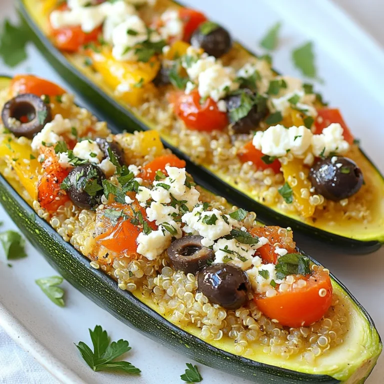Für die gefüllten Zucchini-Boote brauchen wir folgende Hauptzutaten: - 4 mittelgroße Zucchini - 1 Tasse gekochte Quinoa - 1 Tasse Kirschtomaten, halbiert - 1/2 Tasse rote Paprika, gewürfelt - 1/4 Tasse schwarze Oliven, grob gehackt - 1/2 Tasse Feta-Käse, zerkrümelt Diese Zutaten sind frisch und gesund. Sie bringen viel Geschmack in die Zucchini-Boote. Die Zucchini sind die perfekte Hülle. Quinoa gibt einen tollen Biss und viel Nährstoffe. Kirschtomaten und Paprika fügen Farbe und Süße hinzu. Die Oliven und der Feta bringen salzige Aromen. Für den besten Geschmack brauchen wir auch ein paar Gewürze und Öl: - 1 Teelöffel getrockneter Oregano - 1 Teelöffel Knoblauchpulver - 1/2 Teelöffel Salz - 1/4 Teelöffel schwarzer Pfeffer - 1/4 Tasse Olivenöl Diese Gewürze sind einfach, aber sehr wichtig. Oregano gibt ein mediterranes Aroma. Knoblauchpulver sorgt für einen herzhaften Geschmack. Salz und Pfeffer runden das Ganze ab. Das Olivenöl sorgt dafür, dass die Füllung schön saftig bleibt. Um die Zucchini-Boote schön zu präsentieren, nutzen wir: - Frische Petersilie zur Dekoration Die frische Petersilie sorgt für Farbe und Frische. Ein Spritzer Olivenöl oben drauf macht die Zucchini-Boote noch ansprechender. Serviere sie auf einem großen Teller mit zusätzlichen Kirschtomaten. So sehen sie gleich noch leckerer aus! {{ingredient_image_2}} Beginne mit vier mittelgroßen Zucchini. Wasche sie gründlich unter kaltem Wasser. Schneide jede Zucchini der Länge nach in zwei Hälften. Achte darauf, die Schale nicht zu durchstechen. Entferne vorsichtig die Kerne mit einem Löffel. So erhältst du die Form eines Bootes. Lege die Zucchinihälften auf ein Backblech. Jetzt sind sie bereit für die Füllung. Nimm eine große Schüssel und füge eine Tasse gekochte Quinoa hinzu. Gib eine Tasse halbierte Kirschtomaten dazu. Schneide eine halbe Tasse rote Paprika in kleine Würfel und füge sie hinzu. Hacke eine viertel Tasse schwarze Oliven grob. Mische alle Zutaten gut. Füge dann eine halbe Tasse zerkrümelten Feta-Käse hinzu. Würze die Mischung mit einem Teelöffel Oregano, einem Teelöffel Knoblauchpulver, einem halben Teelöffel Salz und einem viertel Teelöffel schwarzem Pfeffer. Beträufle alles mit einem viertel Tasse Olivenöl. Mische erneut, bis alles gut vermischt ist. Fülle jede Zucchini-Hälfte gleichmäßig mit der Quinoa-Mischung. Drücke die Füllung leicht an, damit sie gut sitzt. Lege die gefüllten Zucchini-Boote wieder auf das Backblech. Heize deinen Ofen auf 190°C vor. Backe die Zucchini-Boote für 25 bis 30 Minuten. Sie sind fertig, wenn die Zucchini zart und die Oberseite goldbraun ist. Lass sie nach dem Backen einige Minuten abkühlen. Garniere sie mit frischer Petersilie für einen schönen Look. Um die perfekten Zucchini-Boote zu machen, wählen Sie frische, mittelgroße Zucchini. Diese sollten gerade und fest sein. Wenn Sie die Zucchini halbieren, achten Sie darauf, die Kerne vorsichtig zu entfernen. So bleibt die Schale intakt. Füllen Sie die Mischung gleichmäßig ein. Drücken Sie die Füllung leicht an, damit alles gut hält. Backen Sie die Boote bei 190°C für 25-30 Minuten. So werden sie zart und leicht goldbraun. Ein häufiger Fehler ist, die Zucchini zu lange zu backen. Sie sollten zart, aber nicht matschig sein. Achten Sie auch darauf, die Füllung nicht zu trocken zu machen. Fügen Sie genügend Olivenöl hinzu, um alles feucht zu halten. Wenn Sie die Zutaten nicht gut vermengen, schmecken die Boote ungleichmäßig. Mischen Sie alles gründlich, damit jeder Biss voller Geschmack ist. Um die Zucchini-Boote schön zu präsentieren, legen Sie sie auf einen großen, flachen Teller. Garnieren Sie sie mit frischer Petersilie und extra Kirschtomaten. Ein kleiner Spritzer Olivenöl macht das Gericht noch ansprechender. Diese einfache Präsentation zeigt, dass gesundes Essen auch lecker aussehen kann. So beeindrucken Sie Ihre Gäste und genießen gleichzeitig eine gesunde Mahlzeit. Pro Tipps Verwenden Sie frische Kräuter: Frische Kräuter wie Basilikum oder Thymian können den Geschmack der Füllung erheblich verbessern und eine aromatische Note hinzufügen. Experimentieren Sie mit Käse: Neben Feta können Sie auch andere Käsesorten wie Mozzarella oder Ziegenkäse verwenden, um verschiedene Geschmacksrichtungen zu erzielen. Vorbereitete Zucchini: Um die Zucchini gleichmäßiger zu garen, können Sie sie vor dem Füllen leicht blanchieren, sodass sie zarter werden. Variieren Sie die Füllung: Fügen Sie zusätzliche Zutaten wie Spinat, Kichererbsen oder andere Gemüsesorten hinzu, um Ihre gefüllten Zucchini-Boote noch nahrhafter zu gestalten. {{image_4}} Wenn du eine vegane oder glutenfreie Option suchst, ist das einfach. Du kannst den Feta-Käse durch eine pflanzliche Alternative ersetzen. Viele Marken bieten veganen Käse an, der gut schmilzt. Du kannst auch glutenfreie Quinoa verwenden, die eine gute Basis für die Füllung ist. Achte darauf, dass alle anderen Zutaten, wie die Kirschtomaten und Paprika, ebenfalls glutenfrei sind. So bleibt dein Gericht gesund und lecker. Zucchini-Boote sind sehr vielseitig. Du kannst die Füllung nach deinem Geschmack anpassen. Probiere zum Beispiel schwarze Bohnen und Mais für einen mexikanischen Twist. Du kannst auch Hackfleisch oder Hähnchen hinzufügen, wenn du es herzhaft magst. Für eine asiatische Note füge Sojasauce, Ingwer und Frühlingszwiebeln hinzu. Deiner Kreativität sind keine Grenzen gesetzt! Die richtige Gewürzmischung macht den Unterschied. Neben Oregano kannst du auch Thymian oder Basilikum verwenden. Diese Kräuter bringen frische Aromen in die Zucchini-Boote. Ein Hauch von Kreuzkümmel verleiht deinem Gericht eine warme Note. Wenn du es scharf magst, füge etwas Cayennepfeffer hinzu. Experimentiere mit den Gewürzen, um deinen perfekten Geschmack zu finden. Wenn Sie gefüllte Zucchini-Boote übrig haben, bewahren Sie sie im Kühlschrank auf. Nutzen Sie einen luftdichten Behälter, um die Frische zu halten. So bleiben die Aromen und die Textur lange erhalten. Sie können die Zucchini-Boote bis zu drei Tage im Kühlschrank lagern. Um gefüllte Zucchini-Boote einzufrieren, lassen Sie sie zuerst abkühlen. Wickeln Sie jede Zucchini-Hälfte in Frischhaltefolie. Danach legen Sie sie in einen Gefrierbeutel. So vermeiden Sie Gefrierbrand. Gefrorene Zucchini-Boote bleiben bis zu drei Monate frisch. Um die Zucchini-Boote wieder aufzuwärmen, nehmen Sie sie aus dem Kühlschrank oder Gefrierfach. Backen Sie sie im Ofen bei 180 °C für etwa 15 Minuten. Wenn sie gefroren sind, planen Sie 25 Minuten ein. Sie können auch die Mikrowelle verwenden. Stellen Sie sie dabei auf mittlere Hitze und überprüfen Sie die Temperatur nach zwei Minuten. So bleiben die Zucchini-Boote lecker und warm. Gefüllte Zucchini-Boote sind im Kühlschrank etwa 3 bis 4 Tage haltbar. Achte darauf, sie in einem luftdichten Behälter zu lagern. So bleiben sie frisch und lecker. Wenn du sie länger aufbewahren möchtest, kannst du sie einfrieren. So halten sie sich bis zu 3 Monate. Achte darauf, sie gut in Frischhaltefolie oder einem Gefrierbeutel einzupacken. Ja, du kannst Quinoa ersetzen. Reis ist eine gute Option. Auch Hirse oder Bulgur funktionieren gut. Diese Alternativen geben den Zucchini-Boote eine andere Textur und Geschmack. Achte darauf, die Kochzeit der Alternativen zu beachten. Du willst, dass die Füllung gut durchgekocht ist. Ja, gefüllte Zucchini-Boote sind gesund. Sie sind reich an Gemüse und Ballaststoffen. Die Zucchini selbst hat wenig Kalorien. Zudem bringt die Füllung mit Quinoa, Tomaten und Feta viele Nährstoffe. Diese Zutaten liefern wichtige Vitamine und Mineralien. Wenn du auf die Menge des Fetas achtest, bleibt das Gericht leicht. Zusammenfassend haben wir die leckeren gefüllten Zucchini-Boote besprochen. Wir haben wichtige Zutaten, die Anleitung und Tipps zur Zubereitung betrachtet. Variationen und Lagerungshinweise helfen, Abwechslung und Frische zu bieten. Abschließend sind diese Zucchini-Boote eine gesunde Wahl für viele. Probieren Sie kreative Füllungen und genießen Sie dieses Gericht. So wird jede Mahlzeit zu einem besonderen Ereignis.