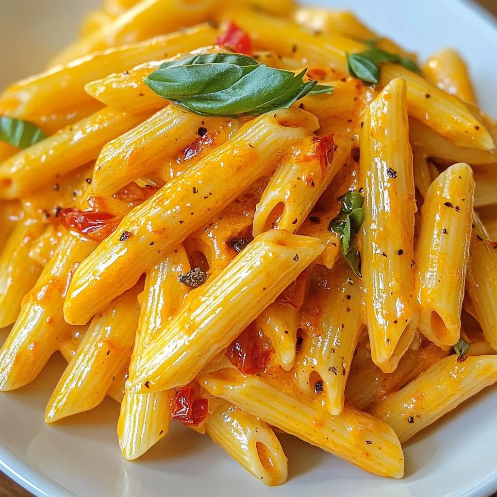 - 2 rote Paprika - 1 Esslöffel Olivenöl - 240 ml Schlagsahne - 50 g geriebener Parmesan Rote Paprika sind der Star dieses Gerichts. Sie bringen eine süße und rauchige Note. Olivenöl sorgt für einen schönen Glanz. Schlagsahne macht die Sauce cremig. Parmesan fügt einen herzhaften Geschmack hinzu. - 3 Knoblauchzehen, fein gehackt - 1 Teelöffel Salz - 1/2 Teelöffel schwarzer Pfeffer - 60 g frisches Basilikum, gehackt - Rote Chiliflocken (optional) Knoblauch gibt der Sauce einen tollen Duft. Salz und Pfeffer sind wichtig für den Geschmack. Frisches Basilikum bringt Frische. Rote Chiliflocken sind für den, der es scharf mag. - 225 g Pasta nach Wahl (Penne, Fettuccine oder Farfalle) Die Pasta macht das Gericht komplett. Penne hat eine schöne Form für die Sauce. Fettuccine ist weich und cremig. Farfalle sieht hübsch auf dem Teller aus. Wählen Sie die Pasta, die Ihnen am besten gefällt. {{ingredient_image_2}} Paprika rösten Heize den Ofen auf 200°C vor. Lege die roten Paprika auf ein Backblech. Beträufle sie mit Olivenöl. Röste die Paprika im Ofen für 25-30 Minuten. Die Haut sollte verkohlt und blasenartig sein. Nach dem Rösten lass die Paprika etwa 10 Minuten abkühlen. Entferne dann die Haut, Stiele und Samen. Schneide das Fruchtfleisch in Stücke. Knoblauch vorbereiten Nimm drei Knoblauchzehen. Hacke sie fein. Du kannst den Knoblauch auch pressen, wenn du magst. Er wird in der Sauce für einen tollen Geschmack sorgen. Röstdauer und -temperatur Die Röstdauer von 25-30 Minuten ist ideal. Die Haut der Paprika muss richtig verkohlt sein. So bekommst du den besten Geschmack. Achte darauf, die Paprika gleichmäßig im Ofen zu verteilen. Mixen der Sauce Erhitze in einer großen Pfanne etwas Olivenöl. Füge den gehackten Knoblauch hinzu. Brate ihn etwa eine Minute lang an, bis er duftet. Jetzt kommen die gerösteten Paprikastücke dazu. Rühre alles für eine weitere Minute um. Übertrage die Mischung in einen Mixer. Gib die Schlagsahne, den Parmesan, Salz, Pfeffer und die Hälfte des gehackten Basilikums hinzu. Mixe alles, bis die Sauce cremig ist. Anweisungen für die Nudelzubereitung Koche 225 g Pasta nach Wahl in gesalzenem Wasser. Schau auf die Verpackung für die genaue Kochzeit. Rühre gelegentlich, damit die Pasta nicht kleben bleibt. Koche die Pasta bis sie al dente ist. Abtropfen und Mischung mit der Sauce Lass die Pasta abtropfen und stelle sie beiseite. Gib die gekochte Pasta in die Pfanne mit der Sauce. Vermische alles gut. Wenn die Sauce zu dick ist, füge etwas Nudelwasser hinzu. So erreichst du die gewünschte Konsistenz. Um die Sauce perfekt cremig zu machen, nutze etwas Nudelwasser. Dieses Wasser enthält Stärke, die die Sauce bindet. Füge es nach Bedarf hinzu, um die gewünschte Konsistenz zu erreichen. Mein Geheimtipp: Verwende einen Esslöffel Mascarpone oder Frischkäse. Das macht die Sauce noch reicher und cremiger. Du kannst die Aromen mit zusätzlichen Gewürzen aufpeppen. Probiere etwas geräucherte Paprika oder einen Hauch Muskatnuss. Diese Gewürze bringen Tiefe in den Geschmack. Du kannst auch mit verschiedenen Käsesorten experimentieren. Feta oder Ziegenkäse geben der Sauce eine ganz neue Note. Das Anrichten ist wichtig für den ersten Eindruck. Verwende einen großen Teller und gieße die Pasta mittig. Garniere sie mit frischem Basilikum und einer Prise schwarzem Pfeffer. Um dein Gericht Instagram-worthy zu machen, füge etwas geriebenen Parmesan obendrauf. Ein Spritzer Olivenöl verleiht dem Ganzen Glanz und macht es besonders einladend. Pro Tipps Rote Paprika richtig rösten: Um den besten Geschmack zu erzielen, lassen Sie die Paprika im Ofen so lange rösten, bis die Haut richtig verkohlt ist. Dadurch wird das Aroma intensiviert und die Paprika erhält eine schöne, rauchige Note. Sauce cremiger machen: Wenn die Sauce zu dick ist, fügen Sie nach und nach etwas Nudelwasser hinzu. Das stärkehaltige Wasser hilft, die Sauce zu verdünnen und verbindet sich gut mit der cremigen Konsistenz. Frisches Basilikum: Für ein intensiveres Aroma fügen Sie das Basilikum erst kurz vor dem Servieren hinzu. So bleibt der frische Geschmack erhalten und die Farbe bleibt lebendig. Schärfe anpassen: Wenn Sie es gerne schärfer mögen, können Sie die Menge der roten Chiliflocken erhöhen oder zusätzlich frische Chilis in die Sauce geben. Beginnen Sie mit einer kleinen Menge und passen Sie nach Geschmack an. {{image_4}} Für eine vegane Version der cremigen Pasta mit gerösteten roten Paprika können Sie einige Zutaten anpassen: - 2 rote Paprika - 1 Esslöffel Olivenöl - 3 Knoblauchzehen, fein gehackt - 240 ml pflanzliche Sahne (z.B. Soja- oder Hafercreme) - 50 g veganer Parmesan - 60 g frisches Basilikum, gehackt - 1 Teelöffel Salz - 1/2 Teelöffel schwarzer Pfeffer - 225 g Pasta nach Wahl Wenn Sie die Sahne ersetzen, verwenden Sie eine pflanzliche Option. Diese sorgt für die nötige Cremigkeit. Soja- oder Hafercreme funktionieren gut und geben einen tollen Geschmack. Um Ihrer Pasta mehr Protein zu geben, können Sie Hähnchen oder Garnelen hinzufügen: - Hähnchenbrust, in Stücke geschnitten - Garnelen, geschält und entdarmt Braten Sie das Hähnchen oder die Garnelen in etwas Olivenöl an, bevor Sie die Sauce zubereiten. Für eine vegetarische Option verwenden Sie Kichererbsen oder Tofu. Diese Varianten machen Ihr Gericht noch sättigender und leckerer. Um mediterrane Aromen hinzuzufügen, können Sie: - Oliven und Kapern hinzufügen - Weitere Gemüseoptionen wie Zucchini oder Spinat verwenden Schneiden Sie die Oliven und Kapern klein und rühren Sie sie in die Sauce. Das gibt einen salzigen, herzhaften Geschmack. Zucchini oder Spinat können Sie kurz in der Pfanne anbraten, bevor Sie die Pasta hinzufügen. So entsteht ein bunter und gesunder Teller. Wenn du Reste von deiner cremigen Pasta mit gerösteten roten Paprika hast, bewahre sie im Kühlschrank auf. Nutze einen luftdichten Behälter, um die Frische zu erhalten. Diese Pasta bleibt 3 bis 5 Tage schmackhaft. Du kannst die Reste leicht aufwärmen. Erhitze sie in einer Pfanne mit etwas Wasser oder Brühe. Das macht die Sauce wieder cremig. Wenn du mehr Reste hast, friere sie ein. Teile die Pasta in Portionen auf und lege sie in Gefrierbeutel. Achte darauf, die Luft herauszudrücken, um Frost zu vermeiden. So bleibt die Pasta bis zu 3 Monate frisch. Zum Aufwärmen, tau die Pasta im Kühlschrank auf. Danach erhitze sie in einer Pfanne. Füge etwas Sahne oder Nudelwasser hinzu, um die Sauce wieder cremig zu machen. Du hast noch Sauce übrig? Nutze sie kreativ! Du kannst sie als Dip für Brot oder Gemüse verwenden. Sie passt auch gut zu gegrilltem Hähnchen oder Fisch. Mische sie in ein Omelett für zusätzlichen Geschmack. Du kannst die Sauce auch für Pizza verwenden. Einfach auf den Teig streichen und deine Lieblingsbeläge hinzufügen. So wird dein Essen noch vielfältiger! Um die Sauce noch cremiger zu machen, können Sie mehr Schlagsahne hinzufügen. Sie können auch etwas Frischkäse oder Mascarpone einrühren. Diese Zutaten geben der Sauce eine reichhaltige Textur. Wenn die Sauce zu dick ist, fügen Sie einfach etwas Nudelwasser hinzu, um die Konsistenz zu verbessern. Ein Spritzer Zitronensaft kann auch helfen, den Geschmack aufzufrischen. Ja, das Rösten der Paprika im Voraus spart Zeit. Rösten Sie die Paprika einen Tag vorher und bewahren Sie sie im Kühlschrank auf. Sie können sie dann schnell in die Sauce geben, wenn Sie bereit sind, die Pasta zuzubereiten. Halten Sie die Haut auf, bis Sie bereit sind, sie zu verwenden. So bleibt der Geschmack frisch und intensiv. Diese Pasta passt gut zu einem frischen Salat. Ein einfacher grüner Salat mit Olivenöl und Balsamico ist perfekt. Auch geröstetes Gemüse oder Knoblauchbrot sind tolle Beilagen. Für eine herzhaftere Option können Sie gegrilltes Hähnchen oder Garnelen servieren. Diese Beilagen ergänzen das Gericht gut und machen es noch schmackhafter. In diesem Beitrag hast du die besten Zutaten und Schritte für eine cremige Paprika-Pasta erfahren. Von der Auswahl der Hauptzutaten bis zur perfekten Zubereitung der Sauce sind die Details entscheidend. Denk daran, dass du die Pasta nach deinem Geschmack anpassen kannst. Experimentiere mit Variationen und verbessere die Konsistenz. Mit diesen Tipps machst du jedes Gericht besonders. Trau dich, kreativ zu sein! Deine nächste Mahlzeit wird ein Genuss für alle.