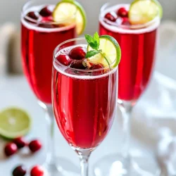 Für sprudelnde Cranberry Mimosas brauchen Sie: - 2 Tassen Cranberrysaft (bevorzugt 100% Cranberrysaft) - 1 Tasse Sprudelwasser oder Mineralwasser - 1 Esslöffel frischer Limettensaft - Frische Cranberries zur Garnitur - Limettenscheiben zur Garnitur - Minzblätter zur Garnitur Diese Zutaten sind einfach zu finden. Der Cranberrysaft ist der Hauptgeschmacksträger. Achten Sie darauf, 100% Saft zu wählen. So vermeiden Sie Zuckerzusätze und andere Stoffe, die den Geschmack ändern könnten. Wählen Sie immer frischen oder gefrorenen Cranberrysaft. Der Saft sollte klar und lebendig rot sein. Vermeiden Sie Saft mit Zuckerzusätzen. Ein guter Cranberrysaft hat eine ausgewogene Säure. Diese Säure ergänzt die Süße des Sprudelwassers. Eine gute Marke bietet oft eine klare Zutatenliste. Suchen Sie nach Saft, der aus reinen Cranberries ohne weitere Früchte besteht. Einige Marken verwenden auch Limettensaft. Das gibt dem Getränk einen frischen, spritzigen Geschmack. Garnituren machen das Getränk besonders. Frische Cranberries sind nicht nur hübsch, sie bringen auch einen tollen Geschmack. Limettenscheiben geben Farbe und Frische. Minzblätter sorgen für ein aromatisches Erlebnis. Für einen festlichen Look können Sie die Garnituren kreativ anrichten. Stecken Sie eine Limettenscheibe auf den Rand des Glases. Fügen Sie einen Zweig Minze hinzu, um die Gäste zu beeindrucken. Diese kleinen Details machen einen großen Unterschied. {{ingredient_image_2}} Um deine sprudelnden Cranberry-Mimosas zuzubereiten, folge diesen einfachen Schritten: 1. Nimm einen großen Krug und füge 2 Tassen Cranberrysaft hinzu. Ich empfehle, 100% Cranberrysaft zu verwenden. Das sorgt für einen kräftigen Geschmack. 2. Presse einen Esslöffel frischen Limettensaft hinein. Der Limettensaft bringt eine frische Note in die Mischung. 3. Rühre alles gut um. Achte darauf, dass sich die Aromen gut verbinden. 4. Gieße vorsichtig 1 Tasse Sprudelwasser oder Mineralwasser in den Krug. Das Sprudelwasser gibt den Mimosas ihre spritzige Note. 5. Rühre vorsichtig, um die Bläschen nicht zu zerstören. Die Spritzigkeit ist wichtig für ein tolles Getränk. Achte darauf, die Zutaten in der richtigen Reihenfolge zu mischen. Beginne immer mit dem Saft und dem Limettensaft. Das Sprudelwasser kommt zuletzt. So bleiben die Bläschen erhalten. Wenn du alles zusammen in den Krug gibst, wird es schal. Halte die Mischung sanft, um die Spritzigkeit zu bewahren. Um deine Mimosas festlich zu präsentieren, füge frische Cranberries in jedes Glas. Das sieht schön aus und schmeckt auch gut. Fülle die Gläser mit der sprudelnden Mischung. Lass sie etwa drei Viertel voll sein. Garnieren kannst du die Gläser mit einer Limettenscheibe am Rand. Ein Zweig frischer Minze rundet das Ganze ab. Serviere die Mimosas sofort, damit sie spritzig bleiben und allen gut schmecken! Wenn du die Süße deiner Sprudelnden Cranberry Mimosas anpassen möchtest, probiere verschiedene Säfte. Du kannst etwas Orangen- oder Ananassaft hinzufügen. Diese Säfte bringen eine natürliche Süße. Achte jedoch darauf, den Cranberrysaft als Hauptbestandteil zu behalten. Wenn du es süßer magst, füge einen Löffel Honig oder Agavensirup hinzu. Rühre gut um, damit sich die Süße gleichmäßig verteilt. Frische Zutaten machen einen großen Unterschied. Verwende frische Cranberries für die Garnitur. Sie sehen toll aus und bringen Geschmack. Achte darauf, Limetten frisch zu pressen. Frischer Limettensaft ist viel aromatischer als aus einer Flasche. Wenn du Minze verwendest, wähle kräftige, grüne Blätter. Diese geben einen frischen Kick und sehen schön aus. Hast du noch Cranberrysaft übrig? Bewahre ihn in einem luftdichten Behälter im Kühlschrank auf. So bleibt er frisch. Limettensaft kann ebenfalls in einem kleinen Behälter aufbewahrt werden. Frische Minze hält länger, wenn du sie in Wasser stellst. So bleibt sie knackig und frisch. Cranberries kannst du in einem Beutel im Kühlschrank lagern. Sie halten sich mehrere Tage. Pro Tipps Verwenden Sie frischen Saft: Frischer Cranberrysaft sorgt für einen intensiveren Geschmack im Vergleich zu Konzentrat. Sprudelwasser hinzufügen: Fügen Sie das Sprudelwasser zuletzt hinzu, um die Bläschen zu bewahren und das Getränk spritzig zu halten. Garnituren anpassen: Experimentieren Sie mit verschiedenen Garnituren wie Orangen- oder Zitronenscheiben für zusätzliche Aromen. Vor dem Servieren kühlen: Stellen Sie sicher, dass der Cranberrysaft gut gekühlt ist, um ein erfrischendes Trinkerlebnis zu gewährleisten. {{image_4}} Wenn Sie eine alkoholfreie Variante der sprudelnden Cranberry-Mimosas wünschen, haben Sie viele Optionen. Verwenden Sie einfach den gleichen Cranberrysaft. Ersetzen Sie das Sprudelwasser durch ein sprudelndes Erfrischungsgetränk. Dies sorgt für Geschmack und Sprudel. Sie können auch Traubensaft oder Apfelsaft verwenden. Diese Säfte sind süß und lecker. Fügen Sie frische Minze und Limette hinzu, um den Geschmack zu heben. Diese Mischung ist perfekt für Kinder und alle, die keinen Alkohol trinken. Cranberrysaft ist nicht die einzige Option. Sie können auch andere Säfte ausprobieren. Zum Beispiel ist Orangen- oder Ananassaft eine tolle Wahl. Diese Säfte bringen einen fruchtigen und frischen Geschmack. Kombinieren Sie diesen Saft mit Sprudelwasser. Dies ergibt eine spritzige Mischung. Für eine tropische Note fügen Sie Kokosnusswasser hinzu. Achten Sie darauf, dass alle Säfte frisch sind. So erhalten Sie den besten Geschmack. Sprudelnde Cranberry-Mimosas passen gut zu vielen Anlässen. Sie sind perfekt für Feiern oder Brunch. Fügen Sie ein paar frische Beeren für eine festliche Note hinzu. Sie können auch kleine Gläser verwenden, um die Mimosas elegant zu präsentieren. Für Feiertage wie Weihnachten oder Neujahr können Sie Granatapfelkerne hinzufügen. Dies gibt einen schönen Farbkontrast. Vergessen Sie nicht, die Gläser mit Zuckerrand zu verzieren. Das sieht toll aus und schmeckt gut. Um den restlichen Cranberrysaft frisch zu halten, lagere ihn im Kühlschrank. Verwende einen luftdichten Behälter. So bleibt der Saft bis zu einer Woche gut. Wenn du ihn länger aufbewahren möchtest, friere ihn in Eiswürfelschalen ein. So kannst du einzelne Portionen schnell nutzen. Für die Zubereitungsmaterialien ist es wichtig, alles kühl zu lagern. Limettensaft bleibt frisch in einem kleinen Glas, gut verschlossen. Frische Cranberries solltest du im Kühlschrank aufbewahren. Minze kann in einem Glas Wasser stehen, um frisch zu bleiben. So hast du alles griffbereit, wenn du deine Mimosas zubereiten möchtest. Die zubereiteten Mimosas schmecken am besten frisch. Wenn du Reste hast, lagere sie in einem großen, luftdichten Behälter. Stelle sicher, dass der Behälter gut verschlossen ist. Trinke diese Reste innerhalb von 24 Stunden für den besten Geschmack. Die Bläschen werden schnell weniger, aber der Geschmack bleibt! Mimosas und Bellinis sind beide köstliche Cocktails. Der Hauptunterschied liegt in der Basis. Mimosas verwenden Cranberrysaft oder Orangensaft. Bellinis hingegen nutzen pürierten Pfirsich. Beide werden mit Sekt oder Sprudelwasser gemischt. Sie sind perfekt für Brunch oder Feiern. Mimosas sind frischer und leicht. Bellinis haben einen süßeren, fruchtigen Geschmack. Beide Getränke sind spritzig und festlich. Ja, du kannst die Mimosas im Voraus vorbereiten, aber nicht ganz. Mische den Cranberrysaft und den Limettensaft. Bewahre diese Mischung im Kühlschrank auf. Gieße das Sprudelwasser erst kurz vor dem Servieren hinzu. So bleiben die Bläschen frisch und spritzig. Garnituren wie Cranberries und Minze kannst du ebenfalls bereitstellen. Das macht den Servierprozess einfacher und schneller. Es gibt viele kreative Alternativen für die Garnitur. Du kannst frische Himbeeren oder Erdbeeren verwenden. Diese Früchte passen gut zu Cranberry. Auch Limetten- oder Zitronenscheiben sind eine gute Wahl. Wenn du etwas Besonderes suchst, probiere essbare Blumen. Sie sehen schön aus und sind lecker. Wähle die Garnitur, die dir am besten gefällt! Die Sprudelnden Cranberry-Mimosas sind einfach zuzubereiten und perfekt für jeden Anlass. Wir haben die besten Zutaten und Tipps zur Auswahl des Saftes besprochen. Du kannst die Süße anpassen und frische Zutaten nutzen, um das Beste herauszuholen. Variationen wie alkoholfreie Mimosas bieten frischen Geschmack. Denke daran, die Mimosas richtig aufzubewahren, um ihren Geschmack zu halten. Ob für feierliche Momente oder entspannte Brunches, mit diesen Mimosas machst du Eindruck. Probiere die Rezepte aus und genieße den spritzigen Genuss!