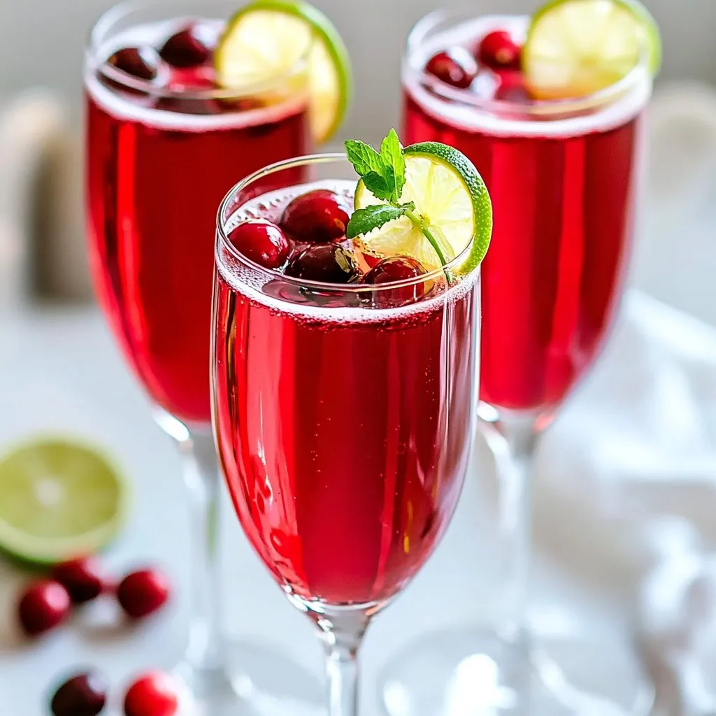 Für sprudelnde Cranberry Mimosas brauchen Sie: - 2 Tassen Cranberrysaft (bevorzugt 100% Cranberrysaft) - 1 Tasse Sprudelwasser oder Mineralwasser - 1 Esslöffel frischer Limettensaft - Frische Cranberries zur Garnitur - Limettenscheiben zur Garnitur - Minzblätter zur Garnitur Diese Zutaten sind einfach zu finden. Der Cranberrysaft ist der Hauptgeschmacksträger. Achten Sie darauf, 100% Saft zu wählen. So vermeiden Sie Zuckerzusätze und andere Stoffe, die den Geschmack ändern könnten. Wählen Sie immer frischen oder gefrorenen Cranberrysaft. Der Saft sollte klar und lebendig rot sein. Vermeiden Sie Saft mit Zuckerzusätzen. Ein guter Cranberrysaft hat eine ausgewogene Säure. Diese Säure ergänzt die Süße des Sprudelwassers. Eine gute Marke bietet oft eine klare Zutatenliste. Suchen Sie nach Saft, der aus reinen Cranberries ohne weitere Früchte besteht. Einige Marken verwenden auch Limettensaft. Das gibt dem Getränk einen frischen, spritzigen Geschmack. Garnituren machen das Getränk besonders. Frische Cranberries sind nicht nur hübsch, sie bringen auch einen tollen Geschmack. Limettenscheiben geben Farbe und Frische. Minzblätter sorgen für ein aromatisches Erlebnis. Für einen festlichen Look können Sie die Garnituren kreativ anrichten. Stecken Sie eine Limettenscheibe auf den Rand des Glases. Fügen Sie einen Zweig Minze hinzu, um die Gäste zu beeindrucken. Diese kleinen Details machen einen großen Unterschied. {{ingredient_image_2}} Um deine sprudelnden Cranberry-Mimosas zuzubereiten, folge diesen einfachen Schritten: 1. Nimm einen großen Krug und füge 2 Tassen Cranberrysaft hinzu. Ich empfehle, 100% Cranberrysaft zu verwenden. Das sorgt für einen kräftigen Geschmack. 2. Presse einen Esslöffel frischen Limettensaft hinein. Der Limettensaft bringt eine frische Note in die Mischung. 3. Rühre alles gut um. Achte darauf, dass sich die Aromen gut verbinden. 4. Gieße vorsichtig 1 Tasse Sprudelwasser oder Mineralwasser in den Krug. Das Sprudelwasser gibt den Mimosas ihre spritzige Note. 5. Rühre vorsichtig, um die Bläschen nicht zu zerstören. Die Spritzigkeit ist wichtig für ein tolles Getränk. Achte darauf, die Zutaten in der richtigen Reihenfolge zu mischen. Beginne immer mit dem Saft und dem Limettensaft. Das Sprudelwasser kommt zuletzt. So bleiben die Bläschen erhalten. Wenn du alles zusammen in den Krug gibst, wird es schal. Halte die Mischung sanft, um die Spritzigkeit zu bewahren. Um deine Mimosas festlich zu präsentieren, füge frische Cranberries in jedes Glas. Das sieht schön aus und schmeckt auch gut. Fülle die Gläser mit der sprudelnden Mischung. Lass sie etwa drei Viertel voll sein. Garnieren kannst du die Gläser mit einer Limettenscheibe am Rand. Ein Zweig frischer Minze rundet das Ganze ab. Serviere die Mimosas sofort, damit sie spritzig bleiben und allen gut schmecken! Wenn du die Süße deiner Sprudelnden Cranberry Mimosas anpassen möchtest, probiere verschiedene Säfte. Du kannst etwas Orangen- oder Ananassaft hinzufügen. Diese Säfte bringen eine natürliche Süße. Achte jedoch darauf, den Cranberrysaft als Hauptbestandteil zu behalten. Wenn du es süßer magst, füge einen Löffel Honig oder Agavensirup hinzu. Rühre gut um, damit sich die Süße gleichmäßig verteilt. Frische Zutaten machen einen großen Unterschied. Verwende frische Cranberries für die Garnitur. Sie sehen toll aus und bringen Geschmack. Achte darauf, Limetten frisch zu pressen. Frischer Limettensaft ist viel aromatischer als aus einer Flasche. Wenn du Minze verwendest, wähle kräftige, grüne Blätter. Diese geben einen frischen Kick und sehen schön aus. Hast du noch Cranberrysaft übrig? Bewahre ihn in einem luftdichten Behälter im Kühlschrank auf. So bleibt er frisch. Limettensaft kann ebenfalls in einem kleinen Behälter aufbewahrt werden. Frische Minze hält länger, wenn du sie in Wasser stellst. So bleibt sie knackig und frisch. Cranberries kannst du in einem Beutel im Kühlschrank lagern. Sie halten sich mehrere Tage. Pro Tipps Verwenden Sie frischen Saft: Frischer Cranberrysaft sorgt für einen intensiveren Geschmack im Vergleich zu Konzentrat. Sprudelwasser hinzufügen: Fügen Sie das Sprudelwasser zuletzt hinzu, um die Bläschen zu bewahren und das Getränk spritzig zu halten. Garnituren anpassen: Experimentieren Sie mit verschiedenen Garnituren wie Orangen- oder Zitronenscheiben für zusätzliche Aromen. Vor dem Servieren kühlen: Stellen Sie sicher, dass der Cranberrysaft gut gekühlt ist, um ein erfrischendes Trinkerlebnis zu gewährleisten. {{image_4}} Wenn Sie eine alkoholfreie Variante der sprudelnden Cranberry-Mimosas wünschen, haben Sie viele Optionen. Verwenden Sie einfach den gleichen Cranberrysaft. Ersetzen Sie das Sprudelwasser durch ein sprudelndes Erfrischungsgetränk. Dies sorgt für Geschmack und Sprudel. Sie können auch Traubensaft oder Apfelsaft verwenden. Diese Säfte sind süß und lecker. Fügen Sie frische Minze und Limette hinzu, um den Geschmack zu heben. Diese Mischung ist perfekt für Kinder und alle, die keinen Alkohol trinken. Cranberrysaft ist nicht die einzige Option. Sie können auch andere Säfte ausprobieren. Zum Beispiel ist Orangen- oder Ananassaft eine tolle Wahl. Diese Säfte bringen einen fruchtigen und frischen Geschmack. Kombinieren Sie diesen Saft mit Sprudelwasser. Dies ergibt eine spritzige Mischung. Für eine tropische Note fügen Sie Kokosnusswasser hinzu. Achten Sie darauf, dass alle Säfte frisch sind. So erhalten Sie den besten Geschmack. Sprudelnde Cranberry-Mimosas passen gut zu vielen Anlässen. Sie sind perfekt für Feiern oder Brunch. Fügen Sie ein paar frische Beeren für eine festliche Note hinzu. Sie können auch kleine Gläser verwenden, um die Mimosas elegant zu präsentieren. Für Feiertage wie Weihnachten oder Neujahr können Sie Granatapfelkerne hinzufügen. Dies gibt einen schönen Farbkontrast. Vergessen Sie nicht, die Gläser mit Zuckerrand zu verzieren. Das sieht toll aus und schmeckt gut. Um den restlichen Cranberrysaft frisch zu halten, lagere ihn im Kühlschrank. Verwende einen luftdichten Behälter. So bleibt der Saft bis zu einer Woche gut. Wenn du ihn länger aufbewahren möchtest, friere ihn in Eiswürfelschalen ein. So kannst du einzelne Portionen schnell nutzen. Für die Zubereitungsmaterialien ist es wichtig, alles kühl zu lagern. Limettensaft bleibt frisch in einem kleinen Glas, gut verschlossen. Frische Cranberries solltest du im Kühlschrank aufbewahren. Minze kann in einem Glas Wasser stehen, um frisch zu bleiben. So hast du alles griffbereit, wenn du deine Mimosas zubereiten möchtest. Die zubereiteten Mimosas schmecken am besten frisch. Wenn du Reste hast, lagere sie in einem großen, luftdichten Behälter. Stelle sicher, dass der Behälter gut verschlossen ist. Trinke diese Reste innerhalb von 24 Stunden für den besten Geschmack. Die Bläschen werden schnell weniger, aber der Geschmack bleibt! Mimosas und Bellinis sind beide köstliche Cocktails. Der Hauptunterschied liegt in der Basis. Mimosas verwenden Cranberrysaft oder Orangensaft. Bellinis hingegen nutzen pürierten Pfirsich. Beide werden mit Sekt oder Sprudelwasser gemischt. Sie sind perfekt für Brunch oder Feiern. Mimosas sind frischer und leicht. Bellinis haben einen süßeren, fruchtigen Geschmack. Beide Getränke sind spritzig und festlich. Ja, du kannst die Mimosas im Voraus vorbereiten, aber nicht ganz. Mische den Cranberrysaft und den Limettensaft. Bewahre diese Mischung im Kühlschrank auf. Gieße das Sprudelwasser erst kurz vor dem Servieren hinzu. So bleiben die Bläschen frisch und spritzig. Garnituren wie Cranberries und Minze kannst du ebenfalls bereitstellen. Das macht den Servierprozess einfacher und schneller. Es gibt viele kreative Alternativen für die Garnitur. Du kannst frische Himbeeren oder Erdbeeren verwenden. Diese Früchte passen gut zu Cranberry. Auch Limetten- oder Zitronenscheiben sind eine gute Wahl. Wenn du etwas Besonderes suchst, probiere essbare Blumen. Sie sehen schön aus und sind lecker. Wähle die Garnitur, die dir am besten gefällt! Die Sprudelnden Cranberry-Mimosas sind einfach zuzubereiten und perfekt für jeden Anlass. Wir haben die besten Zutaten und Tipps zur Auswahl des Saftes besprochen. Du kannst die Süße anpassen und frische Zutaten nutzen, um das Beste herauszuholen. Variationen wie alkoholfreie Mimosas bieten frischen Geschmack. Denke daran, die Mimosas richtig aufzubewahren, um ihren Geschmack zu halten. Ob für feierliche Momente oder entspannte Brunches, mit diesen Mimosas machst du Eindruck. Probiere die Rezepte aus und genieße den spritzigen Genuss!