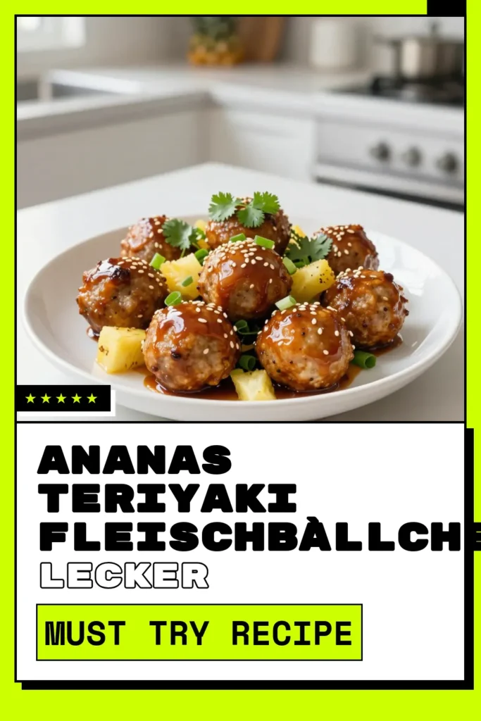 Entdecken Sie unser köstliches Ananas Teriyaki Fleischbällchen Rezept! Diese gesunden Hähnchen Fleischbällchen sind einfach zuzubereiten und perfekt für jede Gelegenheit. Mit frischer Ananas und einer selbstgemachten Teriyaki Sauce bieten sie ein asiatisches Geschmackserlebnis, das begeistert. Probieren Sie dieses asiatische Fleischbällchen Rezept und bringen Sie Abwechslung in Ihre Küche! Speichern Sie unser Rezept und genießen Sie leckere Abende! #AnanasTeriyaki #FleischbällchenRezept #GesundeRezepte #AsiatischeKüche