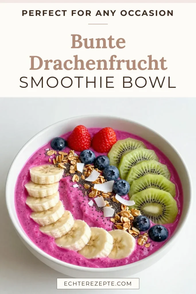 Genießen Sie diese köstliche Drachenfrucht Smoothie Bowl, die perfekt für Ihre gesunden Frühstücksrezepte ist! Mit einer cremigen Basis aus Drachenfrucht, Banane und Kokosnussmilch, ist diese Bowl nicht nur lecker, sondern auch nahrhaft. Entdecken Sie bunte Toppings für Smoothies wie frische Beeren, Kiwi, Granola und mehr. Ein ideales vegetarisches Rezept für einen energiereichen Start in den Tag! Probieren Sie es aus und speichern Sie es für später! #Drachenfrucht #GesundeSmoothieBowls #VegetarischeRezepte #Frühstücksrezepte