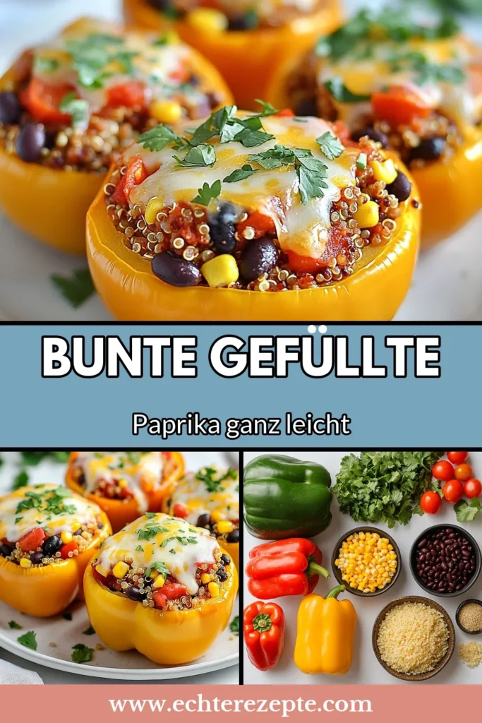 Entdecke dieses bunte Paprika Rezept mit Quinoa gefüllter Paprika, das nicht nur lecker, sondern auch gesund ist! Diese einfache Quinoa Rezepte sind perfekt für eine vegetarische Mahlzeit und bieten eine köstliche und nahrhafte vegetarische Paprika Füllung. Verwöhne deinen Gaumen mit gesunden Quinoa Gerichten, die einfach zuzubereiten sind. Probiere es aus und teile es mit deinen Freunden! #QuinoaGefülltePaprika #BuntePaprikaRezept #GesundeGerichte #Vegetarisch