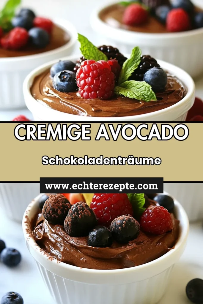 Entdecken Sie unser Rezept für köstliche Avocado Schokoladenmousse! Diese cremige Mousse ist nicht nur einfach zuzubereiten, sondern auch eine gesunde Dessertoption. Ideal für vegane Genießer, denn unsere vegane Schokoladenmousse kombiniert reife Avocados mit ungesüßtem Kakaopulver für ein schokoladiges Avocado Dessert, das begeistert. Probieren Sie dieses gesunde Dessertrezept aus und lassen Sie sich verführen! #AvocadoSchokoladenmousse #veganeDesserts #gesundeRezepte #MousseRezept