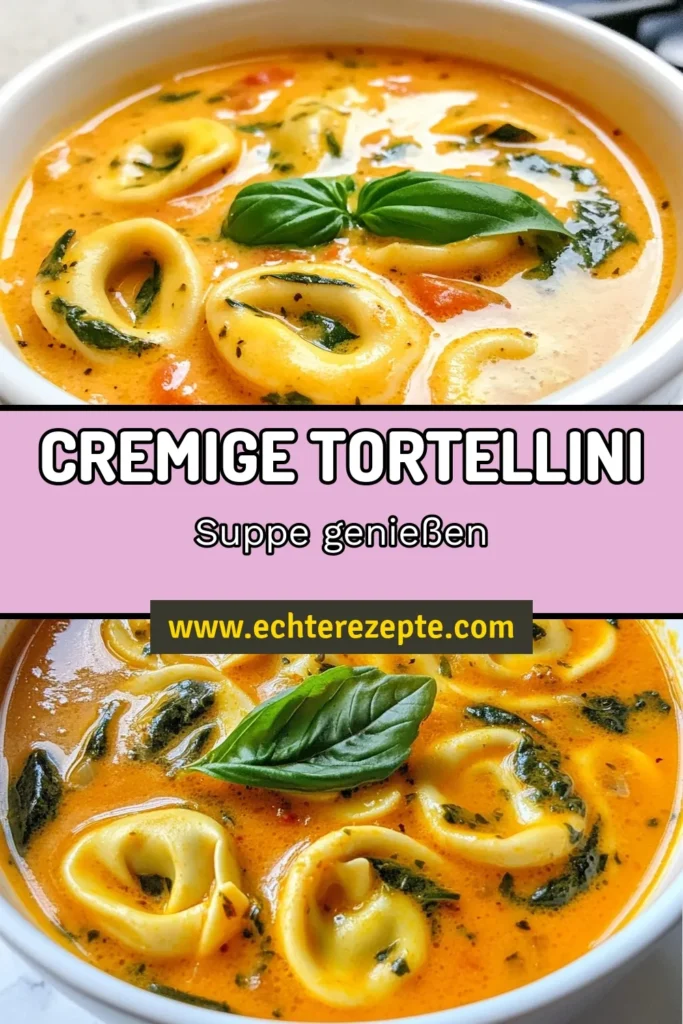 Entdecken Sie unser Rezept für Cremige Tomaten-Basilikum-Suppe, eine köstliche Tortellini-Suppe, die perfekt für schnelle Mittagessen ist. Diese einfache Tomatensuppe mit Spinat bringt gesunde Zutaten zusammen und ist schnell zubereitet. Mit frischem Basilikum und cremiger Konsistenz wird sie zur Lieblingssuppe Ihrer Familie. Perfekt für vegetari sche Esser!Probieren Sie es aus und speichern Sie das Rezept! #TortelliniSuppe #VegetarischeRezepte #SchnelleRezepte #Suppenliebe