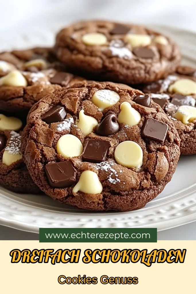 Entdecken Sie das unwiderstehliche Rezept für Dreifach Schokolade Kekse! Diese Schokoladen-Brownie-Cookies vereinen die besten Zutaten für einen schokoladigen Genuss. Mit diesem einfachen Cookie-Rezept mit Schokolade zaubern Sie in nur 30 Minuten 24 köstliche, weiche Cookies. Ideal für jede Feier oder als süße Belohnung. Lassen Sie sich diese leckeren Chocolate Chip Cookies nicht entgehen! Speichern Sie das Rezept und probieren Sie es aus! #BrownieCookies #Schokolade #PlätzchenRezept #Backen