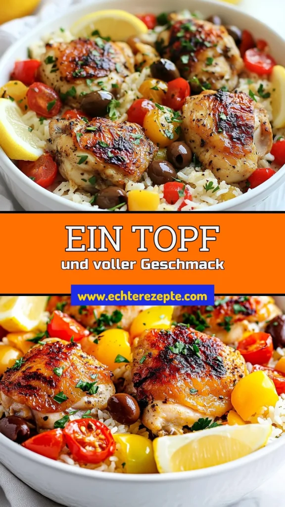 Entdecke dieses köstliche Ein-Topf Hähnchenreis Rezept und genieße griechische Aromen in nur einem Topf! Unser einfaches Reisgericht mit Hähnchen, Oliven und bunten Paprika ist perfekt für ein schnelles Abendessen. Verwöhne deine Familie mit diesem gesunden Eintopf Rezept griechisch, das schnell zubereitet ist und alle begeistert. Probiere es aus und speichere das Rezept für später! #Hähnchenrezept #Eintopf #EinTopfHähnchenreis #Reisgericht