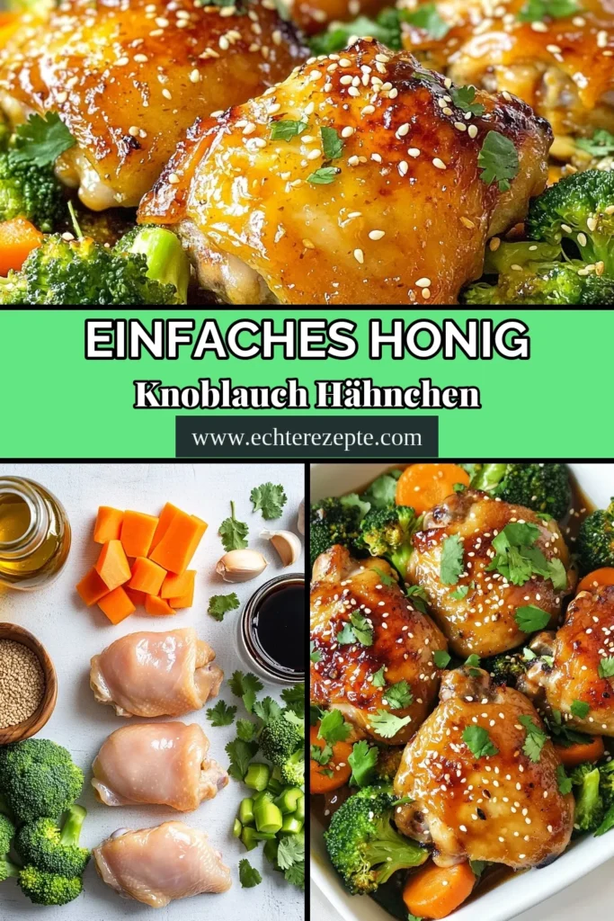 Entdecken Sie das köstliche Rezept für Honig Knoblauch Hähnchen – ein einfaches und gesundes Hähnchengericht, das in nur einer Pfanne zubereitet wird! Dieses One Pan Hähnchen Rezept kombiniert zarte Hähnchenoberschenkel mit Brokkoli und Karotten in einer herzhaften Honig-Knoblauch-Sauce. Ideal für schnelles Kochen und ein perfektes Gericht für die ganze Familie. Probieren Sie es jetzt aus und speichern Sie es für Ihre nächste Kochsession! #OnePanHähnchen #Hähnchenrezepte #gesundesEssen #einfacheRezepte