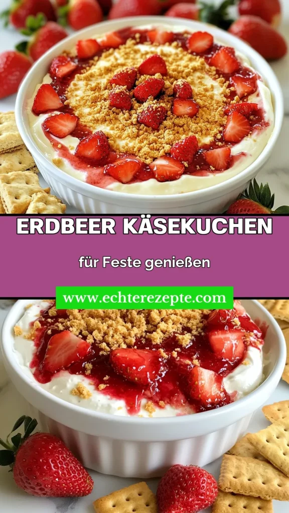 Entdecke unseren köstlichen Erdbeer-Käsekuchen-Dip! Dieser einfache Frischkäse-Dip kombiniert Frischkäse, griechischen Joghurt und süße Erdbeeren für ein himmlisches Dessert. Perfekt für Partys oder als Snack! Folge unserem Käsekuchen-Dip Rezept für ein cremiges Geschmackserlebnis und serviere es mit Graham-Crackern. Lass dir dieses Erdbeer-Dip Rezept nicht entgehen! Speichere es dir jetzt! #ErdbeerKäsekuchenDip #FrischkäseDip #DessertDip #KäsekuchenRezept