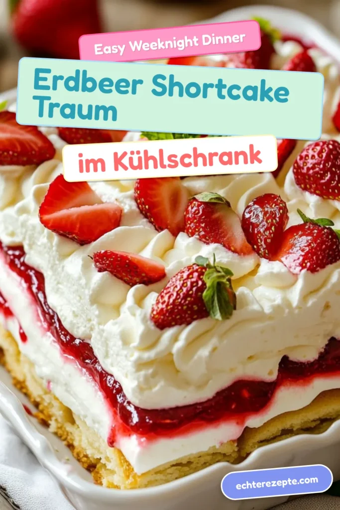 Entdecke das köstliche Erdbeer-Shortcake-Rezept mit unserem Eisboxkuchen mit Löffelbiskuits! Diese einfache Erdbeertorte kombiniert frische Erdbeeren, Schlagsahne und Erdbeermarmelade für den perfekten Kühlschrankkuchen mit Erdbeeren. Ideal für heiße Sommertage, wird dieser Kühlschrankkuchen zum Highlight deiner nächsten Feier. Probiere es jetzt aus und überrasche deine Gäste! #ErdbeerShortcake #Eisboxkuchen #Kühlschrankkuchen #Erdbeertorte