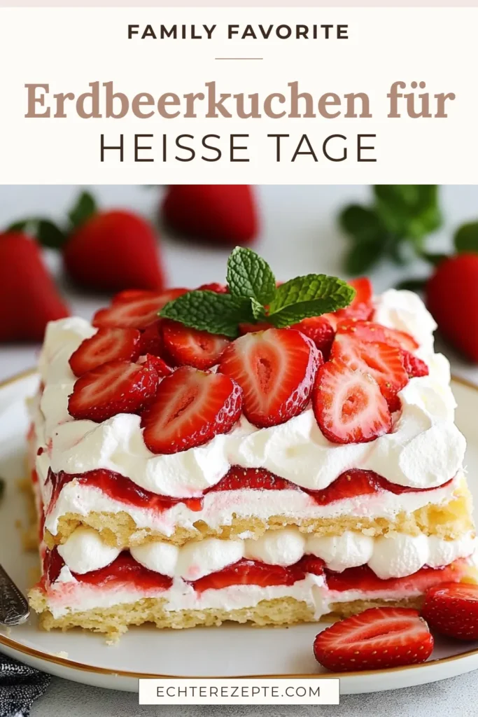 Entdecken Sie dieses köstliche Erdbeerkuchen Rezept mit unserem Kühlschrank Erdbeerkuchen! Diese einfache Erdbeertorte begeistert mit saftigen Erdbeeren mit Sahne und zarten Löffelbiskuit Kuchen. Ideal für Sommertage oder besondere Anlässe. Lassen Sie sich von dieser erfrischenden Variante inspirieren und genießen Sie jeden Bissen. Perfekt vorbereiten und im Kühlschrank durchziehen lassen! Speichern Sie dieses Rezept für Ihre nächste Feier! #Erdbeerkuchen #KühlschrankKuchen #ErdbeerenMitSahne #EinfachBacken
