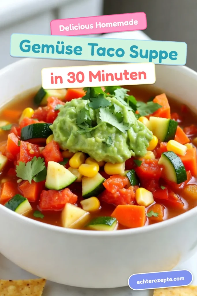 Entdecken Sie unser leckeres Rezept für Gemüse-Taco-Suppe! Diese vegetarische Taco-Suppe ist gesund, reich an Bohnen und ideal für ein schnelles Abendessen. Mit frischen Zutaten wie Zwiebeln, Paprika und Zucchini ist diese gesunde Suppe nicht nur nahrhaft, sondern auch einfach zuzubereiten. Lassen Sie sich von diesem schnellen Taco-Suppe Rezept inspirieren und zaubern Sie etwas Leckeres für die ganze Familie. Speichern Sie das Rezept jetzt! #GemüseTacoSuppe #VegetarischeTacoSuppe #GesundeSuppe #SchnelleTacoSuppeRezept