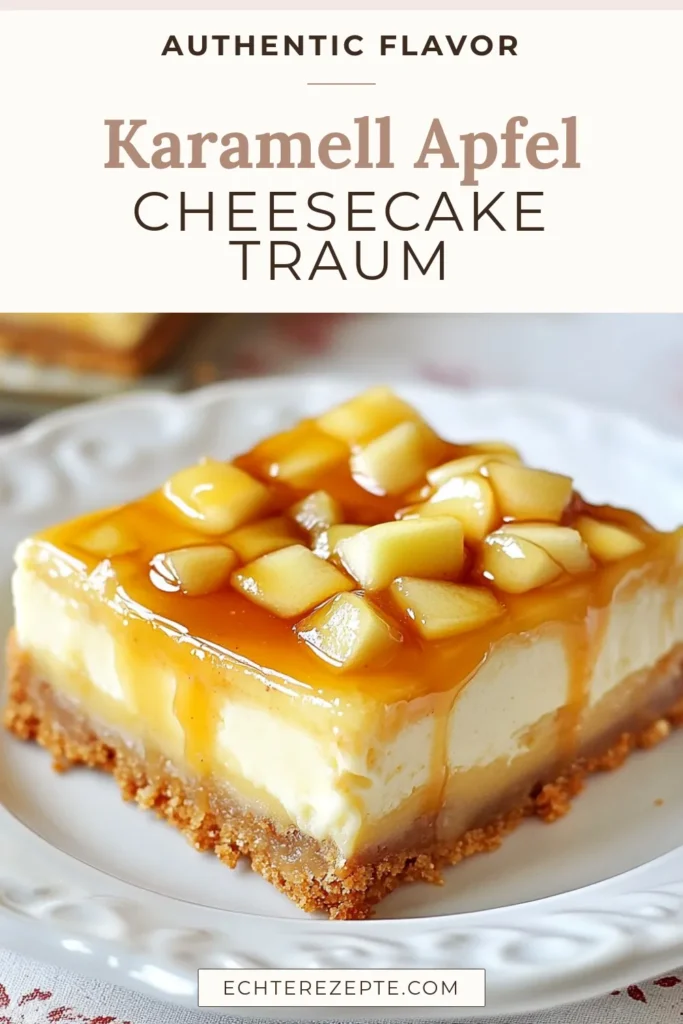 Entdecken Sie das köstliche Rezept für Karamell-Apfel-Cheesecake-Bars! Diese Cheesecake-Riegel mit Äpfeln sind perfekt für jedes Dessert-Buffet und einfach zuzubereiten. Verwöhnen Sie sich mit diesem einfachen Karamell-Cheesecake-Rezept, das köstlichen Frischkäse und frische Äpfel kombiniert. Ideal für alle, die gerne mit Graham-Crackern backen. Speichern Sie dieses Rezept für Ihre nächste Backsession! #KaramellApfelCheesecakeBars #CheesecakeRiegel #Dessert #BackenMitÄpfeln