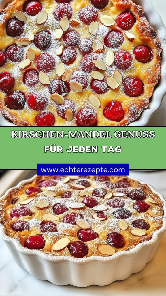 Entdecken Sie unser köstliches Kirschen-Mandel-Clafoutis Rezept! Dieses einfache Clafoutis Rezept vereint saftige Kirschen und nussige Mandeln zu einem unwiderstehlichen Kirschen Dessert. Perfekt für jeden Anlass, begeistert es mit seiner einfachen Zubereitung und dem einzigartigen Geschmack. Bereiten Sie noch heute Ihr Mandel Dessert zu und lassen Sie sich von diesem Genuss verzaubern! #KirschenMandelClafoutis #ClafoutisRezept #KirschenDessert #MandelDessert