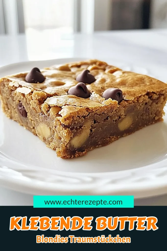 Entdecke unser köstliches Butter-Blondies Rezept für klebrige Blondies mit Schokoladenstückchen! Diese einfachen Blondies sind perfekt für jeden Anlass und lassen sich schnell zubereiten. Mit dem nussigen Geschmack von Walnüssen oder Pekannüssen wird jeder Biss zum Genuss. Lass dir dieses Rezept nicht entgehen und speichere es für dein nächstes Backabenteuer! #ButterBlondies #BlondiesRezept #KlebrigeBlondies #EinfacheBlondies