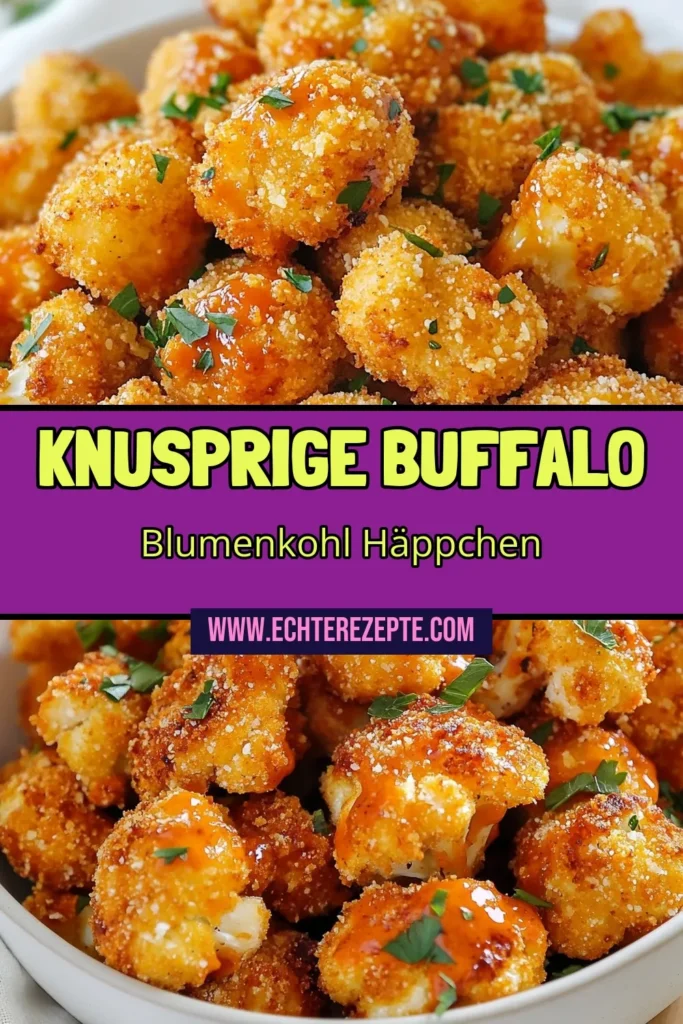 Entdecke die köstlichen Luftfritteuse Blumenkohl Buffalo Blumenkohlhäppchen! Diese knusprigen Blumenkohl Snacks sind das perfekte gesunde Fingerfood für jede Party oder als würzige Blumenkohl Vorspeise. In nur 30 Minuten zauberst du eine schmackhafte Snack-Alternative, die garantiert begeistert. Probiere das Rezept jetzt aus und teile deine Ergebnisse! #Luftfritteuse #BuffaloBlumenkohlhäppchen #GesundesFingerfood #KnusprigeSnacks