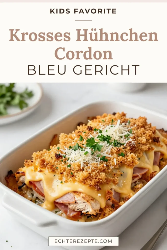 Entdecke unser schnelles Hühnchen Cordon Bleu Auflauf Rezept für ein einfaches Abendessen! Dieser Auflauf mit Schinken und Käse kombiniert saftige Hühnchenbrust mit einer knusprigen Kruste aus Paniermehl und Parmesan. Die einfache Cordon Bleu Zubereitung macht es zu einer perfekten Wahl für die ganze Familie. Probiere dieses knusprige Hühnchen Rezept aus und genieße es! Speichere das Rezept für später! #HühnchenAuflaufRezept #SchnellesHühnchenCordonBleu #KnusprigesHühnchenRezept #CordonBleuKochen