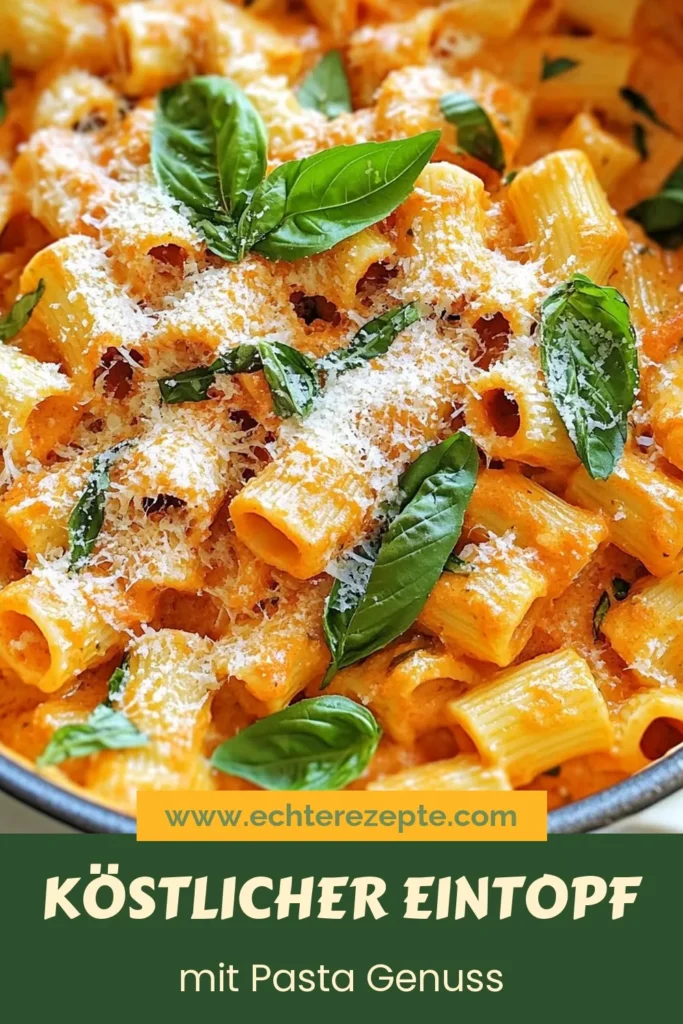 Entdecken Sie unser köstliches Rezept für einen Eintopf mit Pasta: cremige Tomaten-Basilikum-Pasta! Dieses einfache Eintopf Rezept ist ideal für schnelle Familiengerichte und perfekt für Vegetarier. In nur 30 Minuten zaubern Sie ein herzhaftes Gericht, das alle begeistern wird. Holen Sie sich jetzt die Zutaten und genießen Sie diesen schnellen Genuss! #EintopfMitPasta #CremigeTomatenBasilikumPasta #EinfacheEintopfRezepte #VegetarischeEintopfgerichte