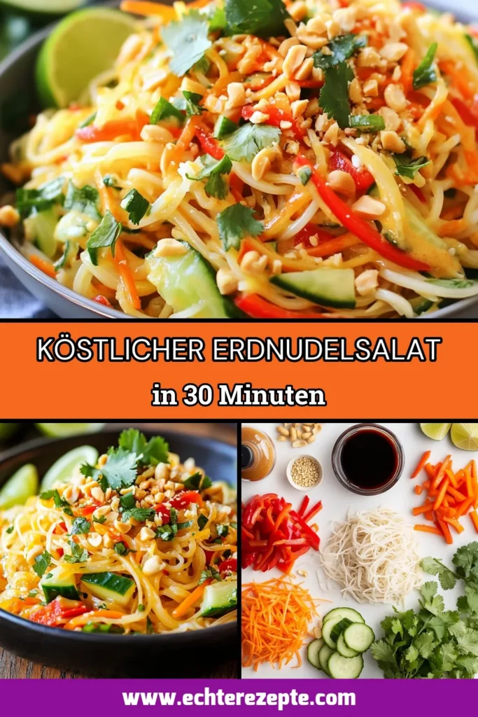 Entdecke dieses köstliche Erdnußsalat Rezept! Dieser pikante Erdnudelsalat vereint die Aromen von asiatischen Salaten mit der Cremigkeit von Erdnussbutter. Die Mischung aus Reisnudeln, frischem Gemüse und einem würzigen Dressing macht ihn zum perfekten vegetarischen Nudelgericht. Ideal für jeden Anlass! Probiere es aus und lass dich begeistern! Speichere dieses Rezept für später! #Erdnudelsalat #PikanteReisnudeln #ErdnussbutterSalat #AsiatischeSalate