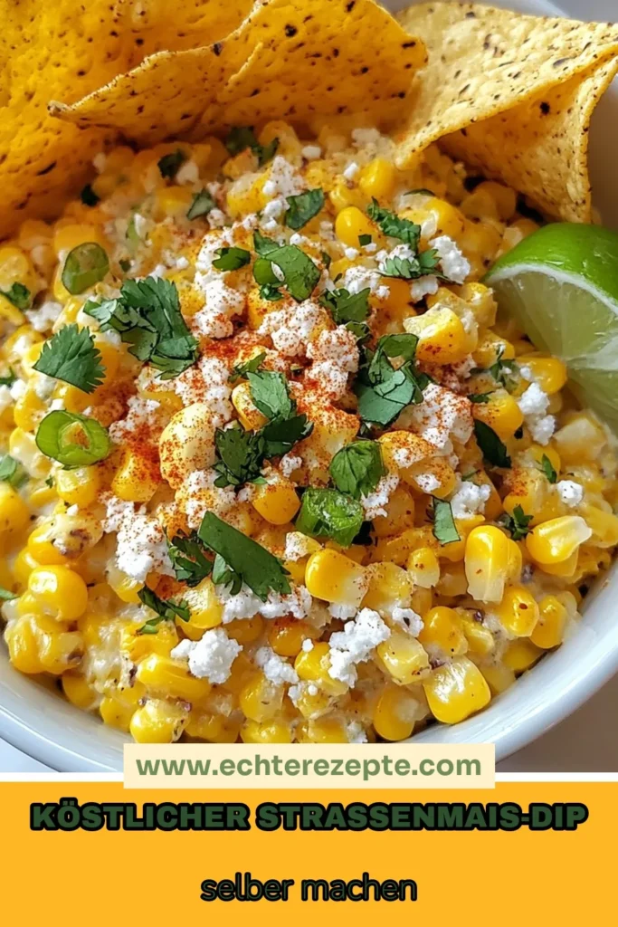 Entdecken Sie den köstlichen mexikanischen Straßenmais-Dip, perfekt als Tortilla-Chips Dip oder vegetarischer Snack! Dieses einfache Mais-Dip Rezept vereint die Aromen von Cotija-Käse, frischem Koriander und würziger Jalapeño. Ideal für Partys oder als Appetithäppchen. Bereiten Sie diesen aromatischen Dip schnell und unkompliziert zu und genießen Sie ihn mit knusprigen Tortilla-Chips. Jetzt ausprobieren und speichern! #mexikanischerStraßenmaisDip #MaisDipRezept #TortillaChipsDip #vegetarischerSnack