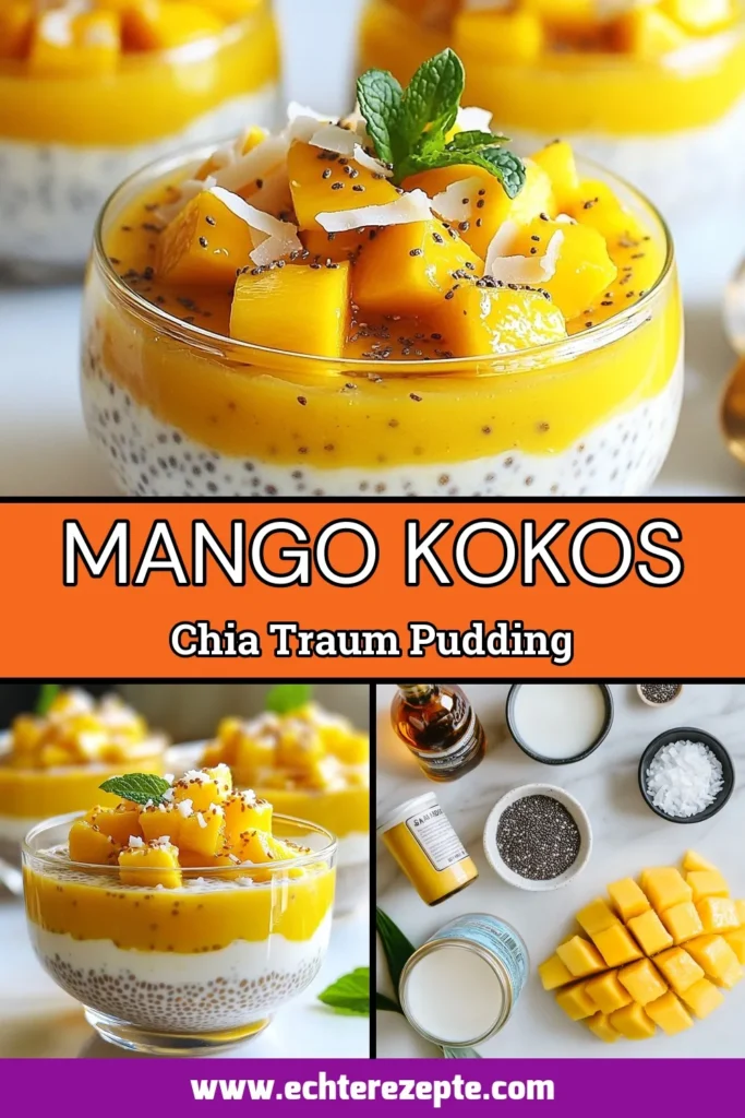 Entdecken Sie dieses köstliche Rezept für Mango Chia Pudding, das gesund und einfach zuzubereiten ist. Dieser Kokosmilch Pudding kombiniert die Aromen von reifer Mango und cremiger Kokosmilch, perfekt für gesunde Desserts. Genießen Sie unser veganes Chia Rezept, das mit gerösteten Kokosraspeln Garnitur abgerundet wird. Probieren Sie es aus und bringen Sie Frische in Ihre Dessertauswahl! Teilen und speichern Sie diese Idee! #MangoChiaPudding #KokosmilchPudding #gesundeDesserts #veganesChiaRezept