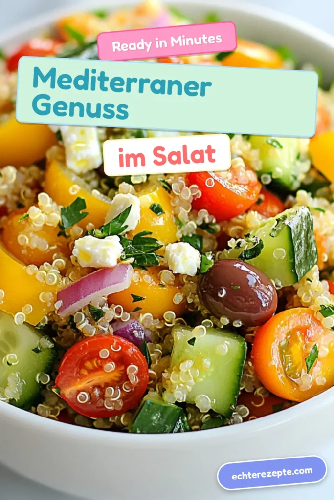 Entdecken Sie unseren leckeren Mediterraner Quinoa-Salat, der perfekt für gesunde Mahlzeiten ist! Dieses Rezept ist eines der besten gesunde Quinoa-Rezepte und begeistert mit frischem Gemüse, Feta und einem einfachen Dressing. Ideal als vegetarischer Salat und schnell zubereitet. Lassen Sie sich inspirieren und probieren Sie dieses einfache Salatrezept aus. Speichern Sie es für Ihr nächstes Essen! #QuinoaMitFeta #GesundeRezepte #VegetarischeSalate #EinfacheSalatrezepte