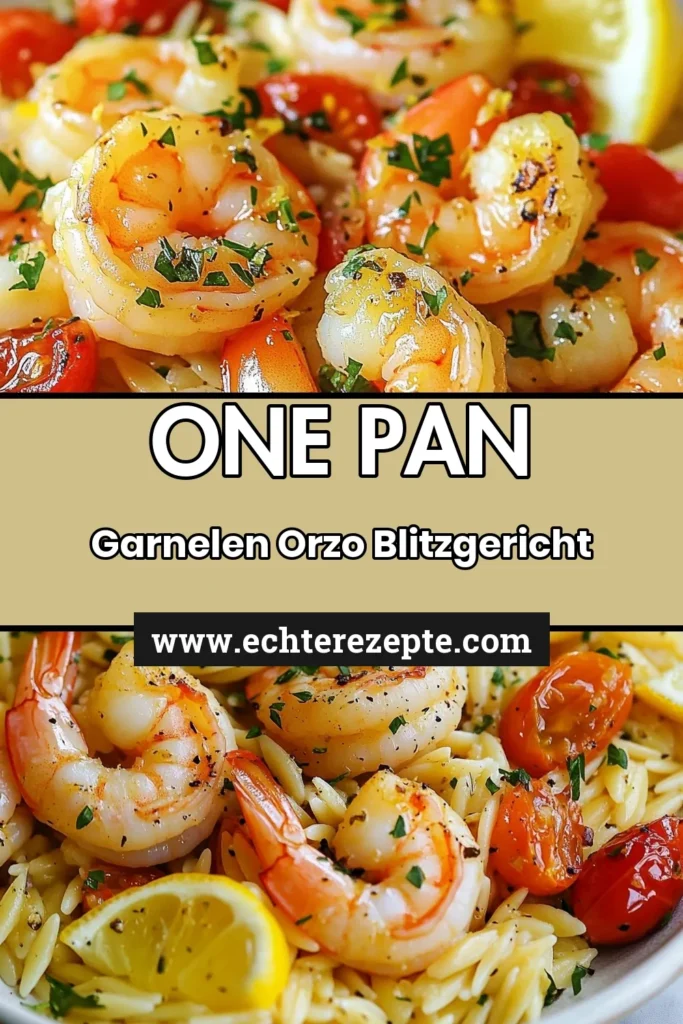 Entdecken Sie dieses köstliche Zitronen Garnelen Rezept mit einem One-Pan Orzo Gericht! Unsere schnellen Pasta Rezepte bringen gesunde Meeresfrüchte Mahlzeiten auf den Tisch, die auch noch super einfach sind. Mit Garnelen mit Knoblauch, frischen Kirschtomaten und einer spritzigen Zitronennote ist dieses Gericht nicht nur lecker, sondern auch perfekt für unbeschwerte Abende. Probieren Sie es aus und retten Sie Ihr neues Lieblingsrezept! #ZitronenGarnelen #OnePanOrzo #SchnellePasta #GesundeErnährung